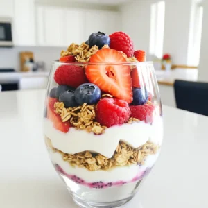 - 2 cups Greek yogurt (plain or vanilla) - 1 cup mixed berries (strawberries, blueberries, raspberries) - 1/2 cup granola (preferably low-sugar) - 1 tablespoon honey or maple syrup (optional, for sweetness) - 1 tablespoon chia seeds - 1/2 teaspoon vanilla extract - A pinch of cinnamon (optional) These ingredients make a tasty and healthy parfait. The Greek yogurt gives a creamy base. The berries add natural sweetness and color. The granola gives a nice crunch to the mix. You can customize each layer to your taste! - Swap Greek yogurt for dairy-free yogurt if needed. - Use any berries you like, such as blackberries or cherries. - Try nuts instead of granola for crunch. - Replace honey with agave syrup for a vegan option. These swaps keep the parfait delicious while catering to your needs. Feel free to mix and match! - Greek yogurt: Packed with protein, it helps build muscle. - Berries: High in vitamins and antioxidants, they boost health. - Chia seeds: Full of fiber, they help keep you full longer. - Granola: Provides energy with healthy carbs, especially if low-sugar. Each ingredient in your parfait serves a purpose. Together, they create a meal that is both satisfying and good for you. Enjoy the benefits while you indulge in a tasty treat! To make these parfaits, gather all your ingredients first. You will need Greek yogurt, mixed berries, granola, and chia seeds. If you want extra sweetness, grab honey or maple syrup. You can prepare this in just 10 minutes. Now, let’s layer the parfait. In a medium bowl, mix the Greek yogurt, vanilla extract, honey, chia seeds, and cinnamon. Stir it until smooth. 1. First Layer: Spoon about 1/3 of the yogurt mixture into a glass or parfait dish. 2. Second Layer: Add a layer of mixed berries—strawberries, blueberries, and raspberries work well. 3. Third Layer: Sprinkle about 1/4 cup of granola over the berries. 4. Repeat: Add another layer of yogurt, more mixed berries, and finish with granola on top. If you want, garnish with whole berries and a drizzle of honey or syrup for extra flair. You can serve these parfaits right away. They are great for breakfast or a snack. If you need to prepare them ahead, cover with plastic wrap. They will stay fresh in the fridge for up to 2 hours. Enjoy your tasty, high-protein treat! To get the best texture in your parfait, use thick Greek yogurt. This yogurt has a creamy feel. Mix it well with vanilla extract, chia seeds, and honey. This creates a smooth base. The chia seeds add a fun crunch. If you prefer a sweeter taste, add honey or maple syrup. Just remember, the yogurt should be the star! You can prepare these parfaits ahead of time. Layer the yogurt, berries, and granola in a glass. Cover it tightly with plastic wrap. Keep it in the fridge for up to two hours. This makes a quick breakfast or snack. Just don’t add the granola until you’re ready to eat. This keeps it crispy! When serving, use clear glasses to show off the layers. Start with a layer of yogurt, then add berries and granola. Repeat until you reach the top. Finish with a few whole berries on top. A light drizzle of honey adds a nice touch. This makes your parfait look great and taste amazing! {{image_2}} If you want to switch up your protein, try using cottage cheese. It adds creaminess and packs in protein. You can also use plant-based yogurt if you want a dairy-free option. Soy yogurt is a great choice. It has a similar texture and protein content. Mixing berries can change the flavor and fun. You can use strawberries, blueberries, and raspberries for a classic taste. But don’t stop there! Try blackberries or even chopped peaches. Each fruit adds its own flavor. You can also mix frozen berries for a chill. They will thaw in the yogurt, making a refreshing treat. Toppings can add crunch and flavor. Add nuts like almonds or walnuts for healthy fats. Seeds like pumpkin or sunflower seeds also work well. For a sweet touch, drizzle some honey or maple syrup on top. You could even add a sprinkle of cocoa powder for a chocolate twist. Get creative! Each topping can change the parfait in exciting ways. To store your yogurt parfaits, use an airtight container. If you have leftovers, place them in the fridge. Cover them tightly to keep them fresh. Avoid mixing in the granola until you’re ready to eat. This keeps the granola crunchy. Yogurt parfaits last about two days in the fridge. After that, the berries may get mushy. The yogurt can stay fresh longer, but the taste may change. Always check for any strange smells or color changes before eating. You can freeze yogurt parfaits, but the texture may change. If you freeze them, do it without the granola. When ready to eat, let them thaw in the fridge overnight. This keeps the yogurt and berries tasty, but the granola will need to be added fresh for crunch. Yes, you can use non-dairy yogurt. Look for options like almond, coconut, or soy yogurt. These types can offer a creamy texture and good flavor. Just choose a brand that has no added sugar for the best taste. To lower the sugar, skip the honey or maple syrup. Instead, focus on the natural sweetness of the berries. You can also use plain Greek yogurt, which has less sugar than flavored kinds. The best granola is low in sugar and high in fiber. Look for granola with whole grains and nuts. It should have simple ingredients without too many added sugars. This keeps your parfait healthy and tasty. Yes, you can prepare parfaits in advance. Layer them in a glass and cover with plastic wrap. They can stay in the fridge for up to 2 hours. However, for the best crunch, add granola just before serving. Yogurt parfaits are simple and healthy. We covered ingredients, step-by-step instructions, and helpful tips. You learned about variations, storage, and common questions. The right ingredients and methods make a great parfait. With the right swaps and tricks, you can customize this dish for your taste. Enjoy experimenting and sharing your parfaits!
