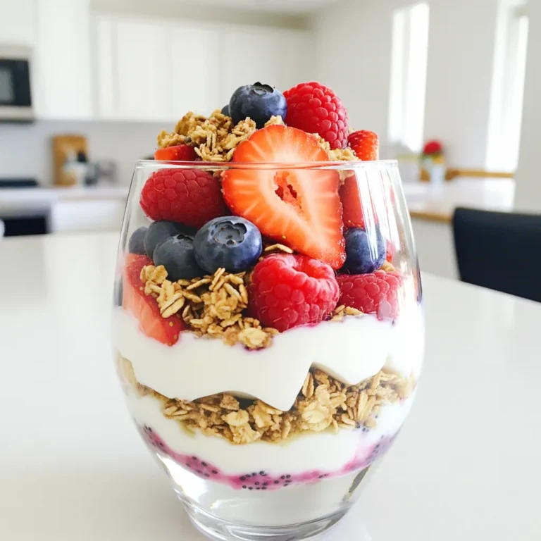 - 2 cups Greek yogurt (plain or vanilla) - 1 cup mixed berries (strawberries, blueberries, raspberries) - 1/2 cup granola (preferably low-sugar) - 1 tablespoon honey or maple syrup (optional, for sweetness) - 1 tablespoon chia seeds - 1/2 teaspoon vanilla extract - A pinch of cinnamon (optional) These ingredients make a tasty and healthy parfait. The Greek yogurt gives a creamy base. The berries add natural sweetness and color. The granola gives a nice crunch to the mix. You can customize each layer to your taste! - Swap Greek yogurt for dairy-free yogurt if needed. - Use any berries you like, such as blackberries or cherries. - Try nuts instead of granola for crunch. - Replace honey with agave syrup for a vegan option. These swaps keep the parfait delicious while catering to your needs. Feel free to mix and match! - Greek yogurt: Packed with protein, it helps build muscle. - Berries: High in vitamins and antioxidants, they boost health. - Chia seeds: Full of fiber, they help keep you full longer. - Granola: Provides energy with healthy carbs, especially if low-sugar. Each ingredient in your parfait serves a purpose. Together, they create a meal that is both satisfying and good for you. Enjoy the benefits while you indulge in a tasty treat! To make these parfaits, gather all your ingredients first. You will need Greek yogurt, mixed berries, granola, and chia seeds. If you want extra sweetness, grab honey or maple syrup. You can prepare this in just 10 minutes. Now, let’s layer the parfait. In a medium bowl, mix the Greek yogurt, vanilla extract, honey, chia seeds, and cinnamon. Stir it until smooth. 1. First Layer: Spoon about 1/3 of the yogurt mixture into a glass or parfait dish. 2. Second Layer: Add a layer of mixed berries—strawberries, blueberries, and raspberries work well. 3. Third Layer: Sprinkle about 1/4 cup of granola over the berries. 4. Repeat: Add another layer of yogurt, more mixed berries, and finish with granola on top. If you want, garnish with whole berries and a drizzle of honey or syrup for extra flair. You can serve these parfaits right away. They are great for breakfast or a snack. If you need to prepare them ahead, cover with plastic wrap. They will stay fresh in the fridge for up to 2 hours. Enjoy your tasty, high-protein treat! To get the best texture in your parfait, use thick Greek yogurt. This yogurt has a creamy feel. Mix it well with vanilla extract, chia seeds, and honey. This creates a smooth base. The chia seeds add a fun crunch. If you prefer a sweeter taste, add honey or maple syrup. Just remember, the yogurt should be the star! You can prepare these parfaits ahead of time. Layer the yogurt, berries, and granola in a glass. Cover it tightly with plastic wrap. Keep it in the fridge for up to two hours. This makes a quick breakfast or snack. Just don’t add the granola until you’re ready to eat. This keeps it crispy! When serving, use clear glasses to show off the layers. Start with a layer of yogurt, then add berries and granola. Repeat until you reach the top. Finish with a few whole berries on top. A light drizzle of honey adds a nice touch. This makes your parfait look great and taste amazing! {{image_2}} If you want to switch up your protein, try using cottage cheese. It adds creaminess and packs in protein. You can also use plant-based yogurt if you want a dairy-free option. Soy yogurt is a great choice. It has a similar texture and protein content. Mixing berries can change the flavor and fun. You can use strawberries, blueberries, and raspberries for a classic taste. But don’t stop there! Try blackberries or even chopped peaches. Each fruit adds its own flavor. You can also mix frozen berries for a chill. They will thaw in the yogurt, making a refreshing treat. Toppings can add crunch and flavor. Add nuts like almonds or walnuts for healthy fats. Seeds like pumpkin or sunflower seeds also work well. For a sweet touch, drizzle some honey or maple syrup on top. You could even add a sprinkle of cocoa powder for a chocolate twist. Get creative! Each topping can change the parfait in exciting ways. To store your yogurt parfaits, use an airtight container. If you have leftovers, place them in the fridge. Cover them tightly to keep them fresh. Avoid mixing in the granola until you’re ready to eat. This keeps the granola crunchy. Yogurt parfaits last about two days in the fridge. After that, the berries may get mushy. The yogurt can stay fresh longer, but the taste may change. Always check for any strange smells or color changes before eating. You can freeze yogurt parfaits, but the texture may change. If you freeze them, do it without the granola. When ready to eat, let them thaw in the fridge overnight. This keeps the yogurt and berries tasty, but the granola will need to be added fresh for crunch. Yes, you can use non-dairy yogurt. Look for options like almond, coconut, or soy yogurt. These types can offer a creamy texture and good flavor. Just choose a brand that has no added sugar for the best taste. To lower the sugar, skip the honey or maple syrup. Instead, focus on the natural sweetness of the berries. You can also use plain Greek yogurt, which has less sugar than flavored kinds. The best granola is low in sugar and high in fiber. Look for granola with whole grains and nuts. It should have simple ingredients without too many added sugars. This keeps your parfait healthy and tasty. Yes, you can prepare parfaits in advance. Layer them in a glass and cover with plastic wrap. They can stay in the fridge for up to 2 hours. However, for the best crunch, add granola just before serving. Yogurt parfaits are simple and healthy. We covered ingredients, step-by-step instructions, and helpful tips. You learned about variations, storage, and common questions. The right ingredients and methods make a great parfait. With the right swaps and tricks, you can customize this dish for your taste. Enjoy experimenting and sharing your parfaits!