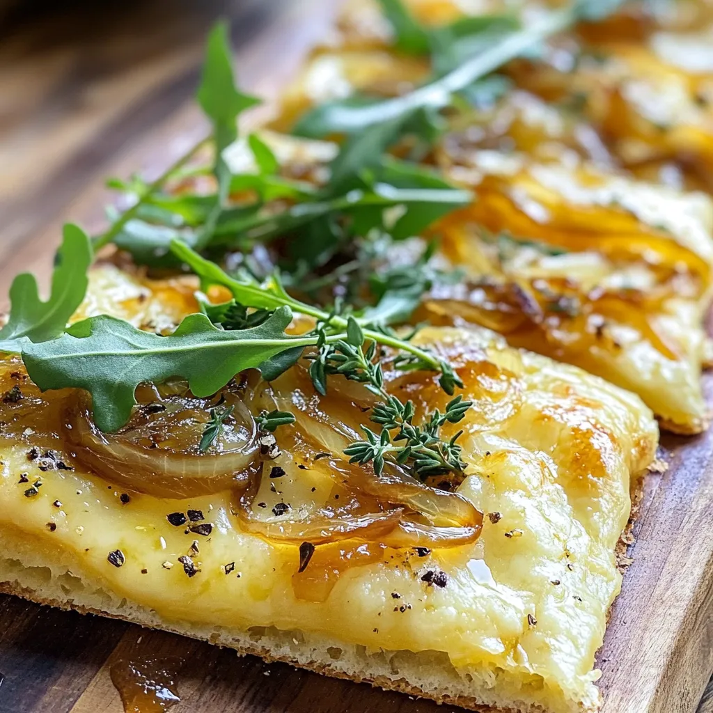 - 2 large onions, thinly sliced - 2 tablespoons olive oil - 1 tablespoon balsamic vinegar - Salt and pepper to taste - Store-bought flatbread or homemade - 1 cup Gruyere cheese, grated - 1/2 cup ricotta cheese - Fresh thyme (1 tablespoon fresh or 1 teaspoon dried) - Honey for drizzling - Fresh arugula for garnish To create a rich flavor base, start with onions. Thinly sliced onions caramelize beautifully. The trick is to cook them slowly in olive oil. This step helps them become soft and sweet. It takes about 15 to 20 minutes on medium heat. Stir them often to avoid burning. Next, add balsamic vinegar, salt, and pepper. The vinegar adds depth and a slight tang. This blend brings out the sweetness of the onions. For the flatbread, you can use store-bought or homemade. I find that homemade adds a warm touch. Spread ricotta cheese on the flatbread first. It gives a creamy layer beneath the toppings. Then, pile on the caramelized onions. Follow with a generous sprinkle of Gruyere cheese. This cheese melts perfectly and adds a nutty flavor. Finally, don’t forget the fresh thyme! It adds an earthy aroma and brightens the dish. To finish, drizzle honey over the flatbread after baking. This sweet touch balances the savory flavors. Garnish with fresh arugula for a peppery bite. These simple ingredients come together for a tasty treat. They make each bite a mix of sweet, savory, and creamy. Enjoy making this flatbread! To make the onions, start by heating olive oil in a large skillet over medium heat. Add the thinly sliced onions. Cook them for about 15 to 20 minutes. Stir them occasionally. You want them soft and golden brown. This slow cooking brings out their natural sweetness. Next, stir in the balsamic vinegar. Season with salt and pepper to taste. Cook for another 5 minutes. The vinegar adds a tangy depth to the onions. Once done, set the caramelized onions aside. They will be the star of your flatbread. Now, it’s time to preheat your oven to 400°F (200°C). This step ensures that your flatbread bakes evenly. Take your flatbread and place it on a baking sheet. Spread the creamy ricotta cheese evenly on top. This cheese adds a rich base that pairs well with the onions. Evenly distribute the caramelized onions over the ricotta. Then, sprinkle the grated Gruyere cheese on top. Gruyere melts beautifully and adds a nutty flavor. Lastly, add fresh thyme leaves for an herbaceous note. Bake the assembled flatbread in the preheated oven for about 12 to 15 minutes. Keep an eye on it. The cheese should be melted and bubbly, and the edges of the flatbread should turn golden brown. For the best cheese melt, make sure your oven is fully preheated. A hot oven helps the cheese melt evenly. Once baked, remove it from the oven and let it cool for a minute. Drizzle honey over it for a sweet finish. Garnish with fresh arugula before slicing into pieces. Enjoy your delicious creation! To get sweet, golden onions, start with medium heat. This helps avoid burning. Use a large skillet for even cooking. Thinly slice your onions for faster caramelization. Stir the onions every few minutes. This keeps them from sticking and helps them cook evenly. Add salt when you start cooking. Salt draws out moisture, helping the onions soften. After about 15 minutes, add balsamic vinegar. It adds a rich flavor and enhances sweetness. Cooking for an extra five minutes allows the flavors to blend. For serving, cut the flatbread into bite-sized pieces. Arrange them on a rustic wooden board for a homey feel. Drizzle some honey over the top for a sweet touch. Fresh arugula adds a nice color and a peppery taste. Pair your flatbread with a light white wine or a refreshing sparkling water. These drinks balance the rich flavors of cheese and onions. You can also serve a side salad to add freshness. {{image_2}} If you don’t have Gruyere cheese, don’t worry! You can use other cheeses like mozzarella, fontina, or even aged cheddar. Each cheese brings a different taste. For a fun twist, try mixing two types of cheese. The creaminess of ricotta pairs well with sharp cheddar. This mix adds depth to your flatbread. You can customize your flatbread with various toppings. Try adding fresh spinach, sliced mushrooms, or roasted red peppers for extra flavor. If you want protein, consider chicken, bacon, or even chickpeas. These additions make the dish heartier. Seasonal ingredients can also inspire your toppings. In summer, fresh tomatoes and basil work great. In fall, add pumpkin or butternut squash. Each season brings new flavors, so experiment and enjoy! To store leftover flatbread, allow it to cool first. Wrap it tightly in plastic wrap or foil. You can also place it in an airtight container. This keeps it fresh and prevents it from drying out. If you want to freeze it, place the wrapped flatbread in a freezer bag. Make sure to squeeze out as much air as you can. This helps prevent freezer burn. For reheating, preheat your oven to 350°F (175°C). Place the flatbread on a baking sheet and heat for about 10 minutes. This warms it up nicely and keeps it crispy. You can also use a toaster oven for quick reheating. In the fridge, leftover flatbread lasts about 3 to 5 days. If you freeze it, it can stay good for up to 2 months. Check for signs of spoilage before eating. Look for any mold or an off smell. If the flatbread feels very hard or dry, it’s best to discard it. Staying aware helps you enjoy every delicious bite. Yes, you can prepare this flatbread ahead of time. After baking, let it cool completely. Store it in an airtight container in the fridge for up to three days. If you want to reheat it, preheat your oven to 350°F (175°C). Place the flatbread on a baking sheet and warm it for about 10 minutes. This keeps the cheese melty and the flatbread crisp. If you don't have flatbread, use pita bread or naan. You can also try a thin pizza crust. For a gluten-free option, look for gluten-free flatbreads or use a cauliflower crust. Each choice adds a unique taste and texture to your dish. To make this dish gluten-free, use gluten-free flatbread. For vegan options, swap the cheeses for dairy-free alternatives. Use cashew cheese or vegan ricotta. You can also skip the honey for a completely plant-based flatbread. Always check labels to ensure other ingredients fit your needs. This article explored how to make delicious caramelized onion Gruyere flatbread. You learned about the key ingredients, step-by-step cooking instructions, tips for perfect caramelization, and variations to try. Remember, this flatbread works well for any gathering or snack craving. With the right technique, you create a tasty treat everyone will love. Enjoy experimenting with different cheeses and toppings! Keep this recipe handy for quick meals or impressing guests. Happy cooking!