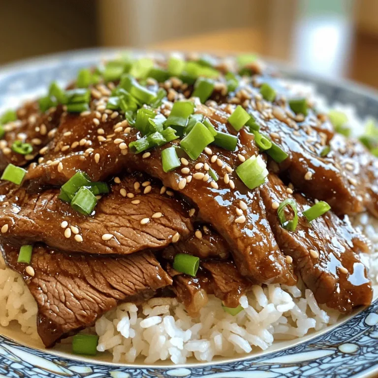 - 1 lb flank steak, thinly sliced against the grain - 1/4 cup cornstarch - 2 tablespoons vegetable oil - 1 tablespoon sesame oil - 4 green onions, chopped (white and green parts separated) - 3 cloves garlic, minced - 1 teaspoon fresh ginger, grated - 1/4 cup soy sauce - 1/4 cup brown sugar - 1/2 teaspoon red pepper flakes (optional for heat) Gathering the right ingredients is key to making Mongolian beef that beats takeout. Flank steak is my go-to choice. It has the right amount of tenderness and flavor. Slicing it against the grain makes it even more tender. The cornstarch helps create a nice crust when you sear the beef. Next, the oils. I use vegetable oil for frying and sesame oil for that nutty flavor. The combination adds depth to each bite. The aromatics are also super important. Green onions, garlic, and ginger bring freshness and warmth. Now, let's talk sauce. Soy sauce gives a salty kick, while brown sugar adds sweetness. Don't forget the red pepper flakes if you want some heat. This balance of flavors is what makes your Mongolian beef truly pop! - Coating with cornstarch: Start by taking your thinly sliced flank steak. Place it in a medium bowl and add 1/4 cup of cornstarch. Toss the beef well until each piece is coated. This step helps create a crispy texture. - Rest time for adhesion: Let the beef sit for about 15 minutes. This resting time allows the cornstarch to stick to the meat. - Heating the oils: Grab a large skillet or wok. Heat 2 tablespoons of vegetable oil and 1 tablespoon of sesame oil over medium-high heat. Wait until the oil shimmers. This means it's hot enough to sear the beef. - Searing the beef: Add the coated beef to the skillet in a single layer. Don't overcrowd the pan. Cook each side for about 2-3 minutes until browned. Once done, take the beef out and set it aside. - Sautéing aromatics: In the same skillet, toss in the white parts of the chopped green onions, 3 minced garlic cloves, and 1 teaspoon of grated ginger. Stir-fry these for about 1 minute until they smell amazing. - Preparing the sauce: In a small bowl, mix together 1/4 cup of soy sauce, 1/4 cup of brown sugar, and 1/2 teaspoon of red pepper flakes if you like some heat. Pour this sauce mix into the skillet with the aromatics. Stir well to combine. - Combining beef with the sauce: Bring the sauce to a boil, then lower the heat. Add the cooked beef back into the skillet. Stir to coat the beef well with the sauce. - Thicken the sauce: Cook for an additional 2 minutes. This lets the sauce thicken slightly, making it rich and flavorful. Stir in the green parts of the green onions just before serving. Marinating beef is key. It helps the meat soak up flavors. I suggest a quick marinate with soy sauce and brown sugar. Even a short time boosts taste. Fresh ingredients matter too. Use crisp green onions, garlic, and ginger. They add brightness and depth to the dish. Heat your skillet well. A hot skillet gives that nice sear. I recommend medium-high heat. This locks in juices and flavor. Avoid overcrowding your pan. Cook in batches if needed. This way, each piece gets good color and cooks evenly. Garnish with sesame seeds for a nice crunch. It adds a lovely touch. You can serve it over rice or noodles. This makes for a filling meal. Place the beef in the center and sprinkle green onions on top. This looks great and tastes even better! {{image_2}} You can make your Mongolian beef even better by adding veggies. - Incorporating bell peppers: Slice some bell peppers into strips. Add them when you sauté the aromatics. They bring color and crunch. - Using broccoli or snap peas: Broccoli florets or snap peas add a nice bite. Toss them in just before you add the sauce. This keeps them bright and fresh. Want more heat? You can easily adjust the spice in your dish. - Adding more red pepper flakes: If you like it spicy, add more red pepper flakes. Start with an extra half teaspoon. Taste as you go. - Including chili paste: A tablespoon of chili paste gives a deeper heat. Mix it into the sauce for a bold flavor kick. You can switch up the protein for a new twist. - Using chicken or tofu: Chicken breast or thighs work great. Tofu is perfect for a vegetarian option. Just cook them the same way as the beef. - Beef cuts for different textures: Try sirloin or ribeye for a different texture. Each cut offers a unique taste and feel. To store your leftover Mongolian beef, let it cool first. Place it in an airtight container. This keeps the beef fresh and safe to eat. I recommend using glass or plastic containers. They help maintain the flavor and texture well. You can freeze Mongolian beef for later meals. First, let it cool completely. Then, place it in a freezer-safe bag or container. Make sure to remove as much air as possible. This helps prevent freezer burn. When you are ready to eat, thaw it in the fridge overnight. Reheat it in a skillet over medium heat. This keeps the beef juicy. In the fridge, Mongolian beef lasts about 3 to 4 days. Always check for any signs of spoilage before eating. When frozen, it can last up to 3 months. Just make sure to label your container or bag with the date. This way, you know how long it has been stored. Yes, you can prepare Mongolian beef in advance. Here are some tips for pre-cooking: - Cook the beef: Follow the recipe until step six. - Cool and store: Let the beef cool, then place it in an airtight container. - Refrigerate: Store the beef in the fridge for up to three days. - Reheat gently: Use low heat on the stove or microwave to warm it up. Mongolian beef pairs well with many sides. Here are some ideas: - Steamed rice: White or brown rice works well. - Noodles: Try egg noodles or rice noodles for a tasty option. - Vegetables: Serve with steamed broccoli or sautéed snap peas for color. - Salad: A light cucumber salad adds a refreshing touch. Mongolian beef is not very spicy. However, you can adjust the heat: - Red pepper flakes: Add more if you like it hot. - Chili paste: Mix in chili paste for a bolder kick. - Omit spice: Skip the red pepper flakes for a milder dish. Mongolian beef is easy to make and full of flavor. We covered key ingredients, like flank steak and fresh aromatics. I shared tips to enhance taste and cooking methods to get that perfect sear. You can even customize this dish with veggies or different proteins. With proper storage, your leftovers will stay fresh. Cooking this meal brings joy and warmth to your table. Enjoy creating this dish and tweaking it to your taste!