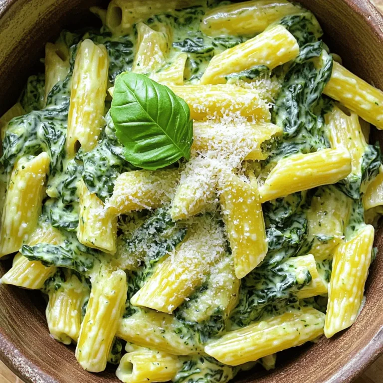 - 12 oz pasta (penne or fusilli) - 4 cups fresh spinach, chopped - 1 cup ricotta cheese - 1 cup heavy cream - 1 cup vegetable broth - 1 onion, finely chopped - 3 cloves garlic, minced - 1 tablespoon olive oil - 1 teaspoon Italian seasoning - Salt and pepper to taste - 1/2 cup grated Parmesan cheese (plus extra for serving) - Fresh basil leaves for garnish Gather these ingredients before you start. The fresh spinach and creamy ricotta bring a great taste. Use penne or fusilli pasta; both work well in this dish. The heavy cream makes it rich and smooth. Chop the onion finely and mince the garlic. This helps them mix well in the pot. The vegetable broth adds flavor while cooking the pasta. Don't forget the Italian seasoning for that extra kick. Parmesan cheese adds saltiness and depth. You can sprinkle more on top when serving. Lastly, the fresh basil leaves give a nice touch. They add color and a fresh taste. With these simple ingredients, you're ready to make a delicious meal. - Heat 1 tablespoon of olive oil in a large pot on medium heat. - Add 1 finely chopped onion and sauté until translucent, about 3-4 minutes. - Add 3 minced garlic cloves for flavor and sauté for 1-2 minutes. - Pour in 1 cup of vegetable broth and bring it to a gentle simmer. - Add 12 oz of uncooked pasta to the simmering broth. - Stir occasionally to prevent sticking. - Cook according to package instructions, usually about 8-10 minutes. - Once the pasta is cooked, reduce heat to low. - Stir in 1 cup of heavy cream, 1 cup of ricotta, and 4 cups of chopped spinach. - Season with salt, pepper, and 1/2 cup of grated Parmesan cheese. - Mix until the spinach wilts and the sauce is creamy. - Serve in bowls, garnished with extra Parmesan and fresh basil leaves. - How to prevent pasta from sticking To stop pasta from sticking, stir it often while cooking. Make sure the pasta is fully submerged in the liquid. Adding a splash of olive oil can also help. Just a little goes a long way! - Choosing the right pasta for creaminess For a creamy dish, I suggest using penne or fusilli. Their shapes hold onto the sauce well. They make each bite rich and tasty. - Alternatives for ricotta or heavy cream If you want lighter options, cottage cheese works well instead of ricotta. For heavy cream, use half-and-half or plain yogurt. They still give you that creamy texture. - Vegan options for a dairy-free dish To make this dish vegan, use tofu blended until smooth in place of ricotta. Coconut cream can replace heavy cream for a rich flavor. Both options taste wonderful! - Adding spices or herbs To boost flavor, try adding red pepper flakes for a kick. Fresh herbs like thyme or parsley can brighten the dish. Experiment with what you love! - Using fresh ingredients for the best taste Fresh spinach is key for this recipe. It wilts perfectly and adds great taste. Always choose the freshest ingredients you can find for the best results. {{image_2}} You can make this dish heartier by adding cooked chicken or shrimp. Simply cook the protein first, then mix it in during the final steps. This way, the flavors blend well. If you prefer plant-based options, chickpeas or lentils work great. They add protein without meat. Want to mix it up? Incorporate other veggies like peas or bell peppers. They add color and crunch. You can also use seasonal vegetables for fresh variations. Think zucchini in summer or butternut squash in fall. The options are endless! Cheese changes the taste of your dish. Try using different cheeses like feta or goat cheese. These can add a unique flavor. You can also adjust the amount of Parmesan for richness. More cheese means creamier pasta, so find your perfect balance! To store creamy spinach ricotta pasta, let it cool first. Place it in an airtight container. This keeps it fresh and tasty. You can store it in the fridge for up to three days. After that, the quality may not be great. Always check for any off smells or changes in texture. When reheating, use a low heat. This helps keep the creaminess intact. You can use a stovetop or microwave. If using the stovetop, add a splash of water or broth to help it warm evenly. Stir often to prevent sticking. In the microwave, heat in short bursts. Stir between each burst for even warmth. Yes, you can freeze this creamy pasta! First, let it cool completely. Then, place it in a freezer-safe container. Make sure to leave some space for expansion. It can last in the freezer for up to two months. When ready to eat, thaw it overnight in the fridge. Reheat gently for the best results. Can I make this recipe gluten-free? Yes, you can! Use gluten-free pasta. Many brands offer great options. Just check that the type you choose cooks well in the sauce. What type of pasta works best? I find that penne and fusilli are perfect for this dish. Their shapes hold the creamy sauce nicely. You can also try farfalle or rotini if you like. How can I make this dish spicier? To add heat, stir in some red pepper flakes. You can also use spicy Italian sausage. Just cook it with the onion for extra flavor. Can I use frozen spinach instead of fresh? Yes, frozen spinach works well too! Just thaw and drain it before adding to the pot. It saves time and still tastes great. What goes well with creamy spinach ricotta pasta? This pasta pairs nicely with a fresh salad. A simple green salad with lemon vinaigrette is perfect. Garlic bread also makes a great side. Ideas for side dishes or drinks to pair with it For drinks, a crisp white wine complements the dish nicely. Sparkling water with lemon is refreshing too. Serve with roasted vegetables or a light soup for a full meal. This pasta dish combines rich flavors and fresh ingredients. You start with sautéing onion and garlic, then add broth and pasta. Stir in cream, ricotta, and spinach for a creamy finish. Remember, you can swap ingredients and add proteins or veggies to make it your own. Store leftovers properly and reheat carefully for the best taste. Enjoy getting creative with this recipe. Your kitchen can be a place for fun and tasty meals!