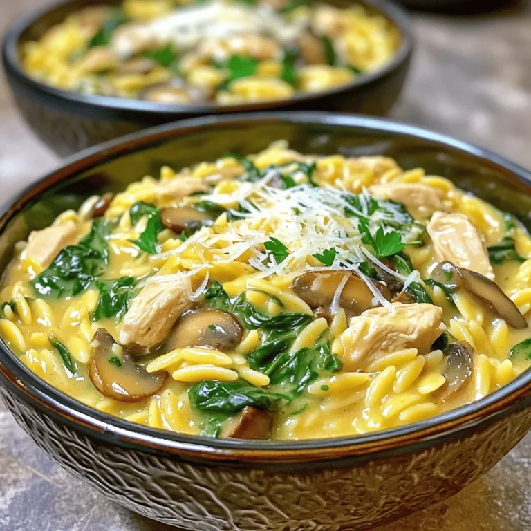 To make this creamy chicken mushroom orzo, gather these key ingredients: - 1 lb chicken breast, diced - 1 cup uncooked orzo pasta - 2 cups mushrooms, sliced (button or cremini) - 1 small onion, chopped - 3 cloves garlic, minced - 4 cups chicken broth (low sodium) - 1 cup heavy cream - 1 cup spinach leaves - 1 teaspoon dried thyme - 1 teaspoon paprika - Salt and pepper to taste - 2 tablespoons olive oil - Grated Parmesan cheese for serving - Fresh parsley for garnish These ingredients work together to create a rich and tasty dish. The chicken provides protein, while the orzo serves as a comforting base. Mushrooms add a nice earthy flavor. Heavy cream makes the dish creamy, and spinach gives it a fresh touch. You can boost flavor with these optional ingredients: - Lemon zest for brightness - Red pepper flakes for heat - Fresh herbs like thyme or basil for freshness - A splash of white wine for depth Using these extras can make your meal more exciting. A little lemon zest adds zing, while red pepper flakes bring warmth. Fresh herbs can elevate the dish with their aroma. To prepare this dish, you'll need: - A large pot or Dutch oven - A sharp knife for chopping - A cutting board - Measuring cups and spoons - A wooden spoon for stirring Having the right tools makes cooking easier. A large pot helps with even cooking, while a sharp knife ensures clean cuts. Measuring cups help you get the amounts just right. First, heat two tablespoons of olive oil in a large pot over medium heat. Add one pound of diced chicken breast. Season it with salt, pepper, and one teaspoon of paprika. Cook the chicken for about five to seven minutes until it turns golden brown and cooks through. Once done, remove the chicken and set it aside on a plate. In the same pot, toss in one small chopped onion and two cups of sliced mushrooms. Sauté these for about four to five minutes. You want the onions to be clear and the mushrooms tender. Next, add three cloves of minced garlic and one teaspoon of dried thyme. Cook for one more minute until you smell the lovely aroma. Now, add one cup of uncooked orzo pasta to the pot. Stir it well so it mixes with the veggies. Pour in four cups of low-sodium chicken broth and bring it to a boil. Once boiling, reduce the heat to low and cover the pot. Let it simmer for about ten to twelve minutes, stirring occasionally, until the orzo is al dente. When the orzo is ready, stir in one cup of heavy cream and return the cooked chicken to the pot. Cook this for an extra two to three minutes until everything is warm. Finally, fold in one cup of fresh spinach leaves and cook until they wilt, about one to two minutes. Adjust the seasoning if needed, and serve hot! To cook chicken right, start with fresh meat. Cut your chicken into small, even pieces. This helps it cook faster and more evenly. Use a hot pot to sear the chicken. Brown the pieces for about 5-7 minutes. This gives flavor and keeps it juicy. Always check that the chicken reaches 165°F for safety. To get that creamy texture, add heavy cream at the end of cooking. Stir it in after the orzo is done. This keeps the cream from curdling. You can also add cheese for extra richness. Grated Parmesan melts nicely and adds flavor. If you want a lighter touch, use half-and-half instead of cream. Cooking orzo well takes a little attention. Use plenty of chicken broth for flavor. Bring it to a boil, then reduce heat and cover. Stir often so it doesn’t stick. Cook for about 10-12 minutes until it’s al dente. This means it should still have a slight bite. If it absorbs too much liquid, add a splash more broth or water. {{image_2}} If you want to change up the greens, try kale or Swiss chard. Both add a nice flavor. You can also use frozen spinach if fresh is not available. Just add it at the end. This way, it heats through but doesn't get overcooked. You still get that vibrant color and nutrients. Feel free to switch the chicken with turkey or shrimp for a tasty twist. You can even use tofu for a plant-based option. Add other vegetables like bell peppers or zucchini to increase the nutrients. Just chop them small so they cook evenly. This gives you room to be creative while still enjoying the creamy orzo. For a lighter meal, use coconut milk or almond milk instead of heavy cream. This keeps the dish creamy while making it dairy-free. You can also cut the amount of oil. Use just one tablespoon for a lighter touch. Taste the dish often to find the right balance of flavors. To store leftovers of creamy chicken mushroom orzo, let it cool first. Then, place it in an airtight container. You can keep it in the fridge for up to 3 days. Make sure to label the container with the date. This helps you keep track of freshness. When you are ready to eat leftovers, heat them on the stove or in the microwave. For the stove, use a low heat and add a splash of chicken broth or cream. This keeps it creamy and prevents sticking. Stir often until it's warm. If using the microwave, cover with a lid to avoid splatters. Heat in short bursts, stirring in between, until hot. If you want to freeze this dish, wait until it fully cools. Place portions in freezer-safe containers or bags. You can freeze it for up to 3 months. When ready to enjoy, thaw it overnight in the fridge. Reheat it on the stove, adding a bit of liquid to keep it creamy. Yes, you can make this dish ahead of time. Cook it fully, then cool it down. Store it in an airtight container in the fridge for up to three days. When ready to eat, simply reheat it on the stove or in the microwave. Add a splash of broth or cream if it seems dry. If you don’t have orzo, try using other small pasta shapes. You can use ditalini, small shells, or even couscous. The cooking times may differ slightly, so check the package instructions. Quinoa is also a great grain substitute, adding a nice texture and flavor. To spice things up, add red pepper flakes while cooking. You can also use a spicy paprika or hot sauce for more heat. For an extra kick, include diced jalapeños or a bit of cayenne pepper. Adjust the amount to your taste for the perfect heat level. This blog post covered how to make creamy chicken mushroom orzo. We discussed essential and optional ingredients, along with helpful tools. I shared step-by-step instructions, tips for cooking, and tasty variations. Finally, I provided storage information and answered common questions. Make this dish your own. Experiment with flavors and find what you love. Happy cooking!