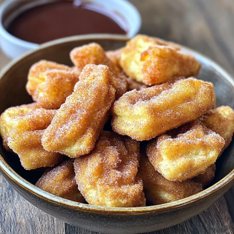 The key to making Air Fryer Cinnamon Sugar Churro Bites is using fresh and simple ingredients. Each one plays a big role in the flavor and texture of the churros. Here’s what you need: - 1 cup all-purpose flour - 1/2 cup water - 1/2 cup unsalted butter - 1 teaspoon vanilla extract - 1/4 teaspoon salt - 1 teaspoon baking powder - 1/2 cup granulated sugar - 2 teaspoons ground cinnamon - 1 large egg - Cooking spray Let's break down why each ingredient matters. 1. All-purpose flour: This gives the churros their structure. A good base is key. 2. Unsalted butter: It adds richness and flavor. Use unsalted to control salt levels. 3. Water: This helps to dissolve and blend your ingredients well. 4. Vanilla extract: A splash of this adds a warm, sweet note. 5. Salt: Just a touch enhances all the flavors in the churros. 6. Baking powder: This helps the churros puff up and become light. 7. Granulated sugar: Sweetness is essential. It’s also used in the topping. 8. Ground cinnamon: This gives that classic churro flavor. Use fresh for the best taste. 9. Large egg: It binds the dough and adds moisture. 10. Cooking spray: This ensures your churros crisp up nicely without sticking. With these ingredients, you are ready to make delicious churro bites! Each one brings something special to the table. - First, I heat a medium saucepan. Combine 1/2 cup water, 1/2 cup unsalted butter, 1 teaspoon vanilla extract, and 1/4 teaspoon salt. Stir until the butter melts and bubbles form. - Next, I remove the pan from heat. I mix in 1 cup all-purpose flour and 1 teaspoon baking powder until a dough forms. I let the dough sit for about 5 minutes to cool a bit. - Finally, I beat in 1 large egg using a wooden spoon. I make sure the dough is smooth and well mixed. - Now, I preheat the air fryer to 375°F (190°C). This step helps the churro bites cook evenly. - I scoop the dough into a piping bag fitted with a star tip. I line the air fryer basket with parchment paper for easy removal later. - I pipe small churro shapes, about 2 inches long, onto the parchment paper. I make sure to leave space between each piece so they can puff up. - I lightly spray the churro bites with cooking spray. This helps them crisp up nicely. - I air fry the churro bites for 8-10 minutes. I watch for them to turn golden brown and puffed up. - While they cook, I mix 1/2 cup granulated sugar and 2 teaspoons ground cinnamon in a shallow bowl. - Once the churro bites are done, I toss them in the cinnamon sugar mixture while they are still warm. This gives them a sweet coating. - I let them cool slightly before serving. To make sure your churro bites are crispy, always use cooking spray. This spray adds a nice layer of crunch and helps them brown perfectly. A quick spray right before cooking makes a big difference. Adjusting the air fryer temperature is also key. Set it to 375°F (190°C). If your churro bites are not crispy enough, check them a minute early. Each air fryer can act a bit differently. Using a piping bag makes it easy to shape your churros. Fit it with a star tip for those classic ridges. Fill the bag carefully and twist the top to hold the dough in. To get the right shapes, practice piping small bites. Aim for about 2 inches long. Space them out on the parchment paper to give them room to puff up. When serving churro bites, think about how they look. A nice bowl or platter adds flair. You can even sprinkle a little extra cinnamon sugar on top for a pop. For dipping, chocolate or caramel sauce works well. These sauces add a fun twist. You can even serve whipped cream for a sweet touch. {{image_2}} You can easily change the flavor of your churro bites. Adding chocolate chips is a great idea. Just fold in about half a cup of mini chocolate chips into the dough. This makes each bite even more special! Also, try using different spices. For example, you can replace some cinnamon with nutmeg or cardamom. This adds a warm twist to the flavor. Get creative with your spices to find new favorites! Want to make your churro bites a bit healthier? Using whole wheat flour is a smart choice. It adds more fiber and nutrients. Simply swap out the all-purpose flour for whole wheat flour in the same amount. You can also reduce the sugar content. Try cutting the granulated sugar in half. You still get sweet churros, but with less sugar. This makes a tasty treat a bit better for you. Enjoy these variations to fit your taste and health goals! To keep your churro bites fresh, use an airtight container. A plastic or glass container works well. Make sure to let them cool completely before storing. This helps prevent moisture build-up, which can make them soggy. Churro bites stay good for up to two days at room temperature. For longer storage, you can freeze them. They will last about one month in the freezer. Just make sure to separate them with parchment paper to avoid sticking. When you want to enjoy them again, thaw them and reheat in the air fryer for a crispy finish. Yes, you can! If you don’t have an air fryer, you can fry churro bites in hot oil. Heat oil in a deep pan to 350°F (175°C). Carefully drop the piped dough into the oil. Fry for about 2-3 minutes or until golden brown. Use a slotted spoon to remove them and place them on paper towels to drain excess oil. You can also bake churros in the oven at 375°F (190°C) for about 12-15 minutes. The result may be less crispy but still tasty! Watch for a few signs to know when churro bites are ready. They should be golden brown and puffed up. You can also check the texture; they should feel firm on the outside. You can give one a gentle squeeze; if it feels light and airy, it’s done. Keep an eye on them while they cook, as air fryers can vary in cooking times. Absolutely, you can double the recipe! Increase each ingredient by two times. If you have a large air fryer, you can cook larger batches at once. Just make sure not to crowd the basket. If your air fryer is smaller, cook in batches. This way, all your churro bites will be fresh and warm for serving. Enjoy sharing these delicious treats! Making churro bites is simple and fun. We covered ingredients, preparation, cooking, and serving tips. You can also explore tasty variations and smart storage methods. Remember, using the right techniques ensures your churros are crispy and delicious. Enjoy experimenting with flavors and sharing them with friends. Churro bites are a treat that can bring joy to any occasion. Try these steps, and you’ll impress everyone with your tasty creation. Happy cooking!