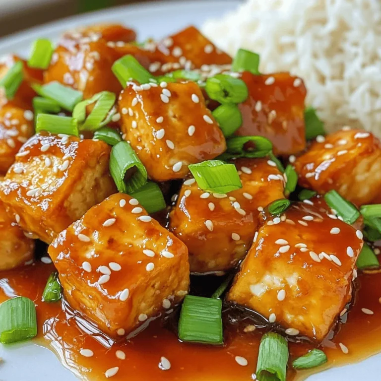 For this tasty dish, you need a few key items. Here’s what I use: - 1 block (14 oz) firm tofu, drained and pressed - 1/4 cup cornstarch - 1/4 cup vegetable oil (for frying) These main ingredients create the base for your crispy tofu. The firm tofu holds its shape and soaks up flavors well. Next, we’ll add some rich flavors. Here are the seasonings and sauces I love to use: - 3 tablespoons soy sauce - 2 tablespoons hoisin sauce - 1 tablespoon rice vinegar - 1 tablespoon sesame oil - 1 teaspoon ginger, minced - 2 cloves garlic, minced - 1/2 teaspoon red pepper flakes (adjust for spiciness) These ingredients blend together to make a savory sauce that coats the tofu perfectly. The soy sauce adds saltiness, while the hoisin sauce gives it a hint of sweetness. To make the dish pop, I always add some garnishes. Here’s what you’ll need: - 1/4 cup green onions, sliced (for garnish) - 1 tablespoon sesame seeds (for garnish) These add color and crunch. You can also get creative with optional add-ons, like steamed broccoli or bell peppers, to add more veggies to your meal. First, drain the tofu. This step helps remove excess water. Next, press the tofu using paper towels. Cut the tofu block into bite-sized cubes. Pat each cube dry again. This makes the tofu crispier when cooked. Take the cornstarch and place it in a shallow dish. Coat each tofu cube in cornstarch. Ensure every side is covered for the best crunch. Heat the vegetable oil in a large skillet over medium-high heat. When the oil is hot, add the tofu cubes in a single layer. Fry them for about 6-8 minutes. You want them golden brown and crispy on all sides. Once cooked, set them aside on a paper towel-lined plate to absorb extra oil. In a separate bowl, mix the soy sauce, hoisin sauce, rice vinegar, and sesame oil. Add the minced ginger and garlic. Sprinkle in the red pepper flakes. Whisk until the sauce blends well. The sauce adds a rich flavor to the dish. Reduce the heat of the skillet to medium. Pour the sauce into the skillet. Let it cook for about 2 minutes until it smells great. Then, add the crispy tofu back into the skillet. Toss the tofu gently to coat it well in the sauce. Cook for another 1-2 minutes. This allows the tofu to soak up all the tasty flavors. Finally, serve the dish hot, garnished with green onions and sesame seeds. Enjoy your delicious meal! To get that perfect crunch, start with firm tofu. Press it first to remove moisture. Cut it into cubes and pat them dry. Next, coat each piece with cornstarch. This creates a crispy shell when frying. Heat your oil until it's hot. Fry the tofu in batches, ensuring not to crowd the pan. This keeps the heat steady. Let the tofu rest on paper towels after frying. This helps absorb excess oil. If you like heat, add more red pepper flakes. If you prefer mild flavors, use less. You can also add fresh chili peppers when cooking the sauce. Taste your sauce before adding it to the tofu. This way, you can adjust the spice to your liking. Remember, the flavors will deepen as it cooks. Serve your General Tso's Crispy Tofu hot and fresh. It pairs well with steamed rice or quinoa. For a pop of color, add steamed broccoli or snap peas. Garnish with green onions and sesame seeds for a nice touch. Drizzle extra sauce on top for more flavor. This makes the dish look and taste even better. Enjoy your meal with friends or family for a delightful experience. {{image_2}} You can make this dish even better by adding vegetables. This adds color and nutrients. Good choices include broccoli, bell peppers, and snap peas. Just chop them into bite-sized pieces. Stir-fry them briefly before adding the sauce. This way, they stay crisp and bright. If you want to switch up the protein, try using tempeh or seitan. Both have great texture. Tempeh has a nutty taste, while seitan is chewy and hearty. Cut them into cubes like tofu. Then, follow the same frying steps. Each option brings a unique flavor to the dish. For a gluten-free version, swap soy sauce with tamari. Tamari offers the same rich flavor without gluten. Ensure your hoisin sauce is gluten-free as well. Many brands make gluten-free versions. This way, everyone can enjoy this delicious meal. After enjoying your General Tso’s crispy tofu, store leftovers in an airtight container. Keep them in the fridge. They stay fresh for up to three days. Make sure they cool before sealing the container. This helps keep the tofu from getting soggy. To reheat, I suggest using an oven or skillet. For the oven, preheat to 350°F (175°C). Spread the tofu on a baking sheet. Bake for about 10 minutes until hot and crispy again. If using a skillet, add a splash of oil over medium heat. Stir the tofu gently until warmed through. Avoid the microwave, as it can make the tofu chewy. You can freeze the crispy tofu if needed. First, let it cool completely. Place it in a freezer-safe bag or container. Make sure to remove as much air as possible. It can last up to three months in the freezer. When ready to eat, thaw it overnight in the fridge before reheating. Yes, you can use extra firm tofu. It gives a great texture. Extra firm tofu holds its shape well when cooked. Press it just like you would with firm tofu. This helps remove moisture. Drier tofu gets crispier during frying. To make the sauce vegan, check the hoisin sauce. Some brands add animal products. Look for a vegan hoisin sauce. Most soy sauce is vegan, but always check labels. The other ingredients, like rice vinegar and sesame oil, are vegan-friendly. Mixing these will keep your dish plant-based and delicious. This crispy tofu pairs well with steamed rice. You can also serve it with stir-fried veggies. Broccoli, bell peppers, or snap peas add color and crunch. For a more filling meal, try it with quinoa. Don’t forget to sprinkle some extra sesame seeds and green onions on top! General Tso's Crispy Tofu is a tasty dish you can make with simple steps. We covered its main ingredients, how to prepare and fry the tofu, and tips to make it extra crispy. You learned how to adjust spice levels and serve it well. We also explored easy variations, storage tips, and answered common questions. Now, you can cook this dish with confidence. Enjoy creating, tasting, and sharing this dish with others. Happy cooking!