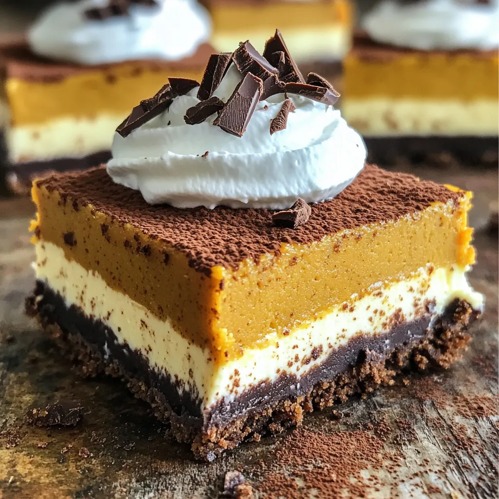 To make these No-Bake Chocolate Pumpkin Cheesecake Bars, gather the following ingredients: - 1 ½ cups graham cracker crumbs - ½ cup unsweetened cocoa powder - ½ cup granulated sugar - ½ cup unsalted butter, melted - 1 (8 oz) package cream cheese, softened - 1 cup canned pumpkin puree - 1 cup powdered sugar - 1 teaspoon vanilla extract - 1 teaspoon ground cinnamon - ½ teaspoon nutmeg - ½ teaspoon ginger powder - 1 cup whipped cream (plus extra for topping) - Dark chocolate shavings for garnish Each ingredient plays a key role in building flavors. The graham cracker crumbs and cocoa powder form a rich crust. Cream cheese and pumpkin puree create a smooth filling. Spices like cinnamon and nutmeg add warmth. Finally, whipped cream gives a light texture. With these items, you’ll create a treat that surprises your taste buds. The blend of chocolate and pumpkin is a true delight. Plus, it’s easy to assemble and requires no baking! To make the crust, start by mixing graham cracker crumbs, cocoa powder, and sugar in a bowl. Next, add the melted butter and stir until it looks like wet sand. This mixture should hold together well. Line an 8x8-inch baking pan with parchment paper for easy removal. Press the crust evenly into the bottom of the pan. Use the back of a measuring cup to pack it down tightly. Once done, place the pan in the fridge to let the crust set while you prepare the filling. For the cheesecake filling, take a large mixing bowl. Beat the softened cream cheese with an electric mixer until it is smooth. It should be creamy and lump-free. Then, add the canned pumpkin puree, powdered sugar, vanilla extract, ground cinnamon, nutmeg, and ginger powder to the bowl. Beat the mixture on medium speed until everything is mixed well. The filling will be creamy and vibrant in color. Now, gently fold in the whipped cream using a rubber spatula until it is well blended and fluffy. Once your filling is ready, pour it evenly over the chilled crust. Use a spatula to smooth the top for an even finish. Cover the pan with plastic wrap and place it in the fridge. Let it chill for at least 4 hours. For the best results, chill overnight. This step helps the cheesecake firm up nicely. When ready to serve, lift the cheesecake from the pan using the parchment paper. Cut it into squares and serve with whipped cream and dark chocolate shavings on top. To make the best crust, focus on the right texture. Mix graham cracker crumbs with cocoa powder, sugar, and melted butter. It should feel like wet sand. Press the mixture firmly into your pan. Use a measuring cup for even pressure. This helps the crust hold its shape when you cut the bars later. Whipping cream can make your dessert light and fluffy. Start with very cold cream for the best results. Use a clean bowl and beaters to avoid any grease. Beat the cream on medium speed until soft peaks form. Be careful not to overbeat it. If it turns into butter, it's too late! Gently fold it into your pumpkin mixture to keep it airy. These bars shine with simple toppings. Add extra whipped cream for a fun touch. Dark chocolate shavings give a nice crunch and rich flavor. You can also sprinkle a little cinnamon or nutmeg on top. Serve them cold for a refreshing treat. Pair them with coffee or tea for a cozy dessert experience. {{image_2}} You can easily make these bars gluten-free. Use gluten-free graham crackers instead of regular ones. They offer the same great taste. Just crush them and follow the recipe. Your friends will enjoy them just as much! Want to change up the flavor? You can add spices like allspice or clove. Just use a pinch to keep it balanced. If you love warmth, try adding cardamom. This will give your bars a new twist. Toppings can make your bars unique. Instead of dark chocolate shavings, try crushed nuts. Walnuts or pecans add a nice crunch. You can also use caramel drizzle for a sweet touch. Fresh fruit like raspberries or strawberries can brighten the dish too. To keep your No-Bake Chocolate Pumpkin Cheesecake Bars fresh, place them in an airtight container. Store them in your fridge for up to 5 days. Make sure the bars are fully chilled before you cover them. This helps keep the texture nice and firm. You can freeze these cheesecake bars for later enjoyment. Cut them into individual squares and wrap each one in plastic wrap. Then, place them in a freezer-safe bag or container. They can stay in the freezer for up to 2 months. To eat, just thaw them in the fridge overnight or at room temperature for a couple of hours. These cheesecake bars taste best when fresh. However, if stored correctly, they last up to 5 days in the fridge. If frozen, they are best when eaten within 2 months. You’ll want to enjoy them while the flavors are at their best! Yes, you can use fresh pumpkin. Start by roasting a small pumpkin until soft. Scoop out the flesh and blend it until smooth. This will give your bars a fresh taste. Just make sure to drain any excess water to keep the filling thick. To make this recipe vegan, swap the cream cheese for a plant-based cream cheese. Use coconut cream in place of whipped cream. For the butter, choose a vegan butter alternative. You can also replace the powdered sugar with a vegan-friendly sweetener. If your filling is too thick, add a splash of plant-based milk. Mix it in slowly until you reach your desired texture. This will help make the filling creamy and smooth. You can also fold in more whipped cream for a lighter texture. This blog post covered how to make a delightful pumpkin cheesecake. We explored essential ingredients, like graham cracker crumbs and cream cheese, and detailed steps for crafting the perfect crust and filling. I shared tips for achieving the ideal texture and ways to customize your cheesecake. Remember to store leftovers properly for the best taste. After trying this recipe, you can impress your friends and family with a tasty treat. Enjoy your baking adventure and happy cheesecake making!