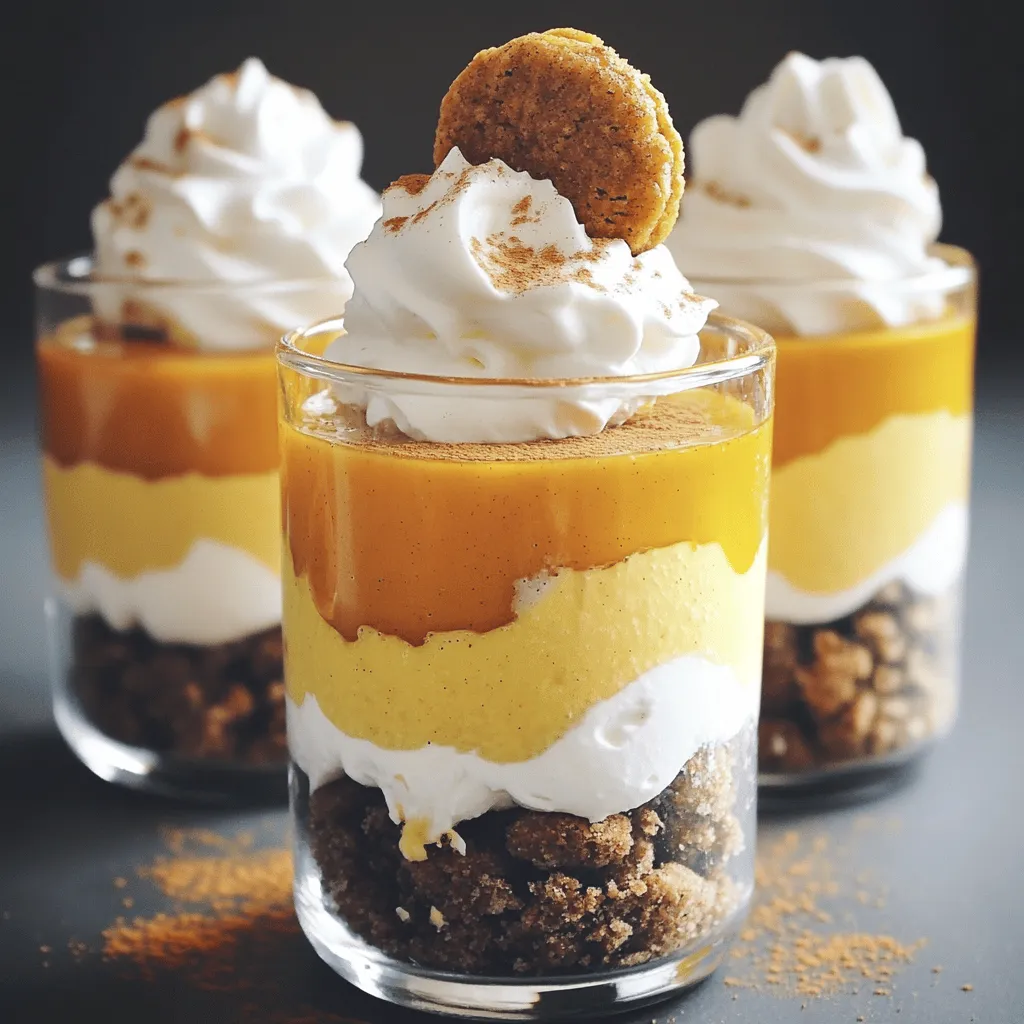 - 1 cup gingersnap cookies, crushed - 1 cup cream cheese, softened - 1 cup pumpkin puree - ½ cup granulated sugar - 1 cup heavy whipping cream - ½ teaspoon vanilla extract - 1 teaspoon ground cinnamon - ¼ teaspoon ground nutmeg - Whipped cream - Whole gingersnap cookies These ingredients make the perfect base for pumpkin cheesecake gingersnap parfaits. Each item plays a key role in creating layers of flavor and texture. The gingersnap cookies provide a sweet and spicy crunch at the bottom. The cream cheese gives a rich and creamy base. Pumpkin puree adds a warm, earthy taste. Granulated sugar sweetens the mix just right. Heavy whipping cream lightens the texture, making it airy. The spices are the stars of the show. Vanilla extract adds depth. Ground cinnamon gives warmth, while ground nutmeg adds a hint of spice. For garnishes, whipped cream on top adds a lovely finish. A whole gingersnap cookie creates a fun touch. These choices enhance the visual appeal and the flavor. Using these ingredients, you can craft a delightful dessert that everyone will enjoy. To start, grab a large mixing bowl. Add 1 cup of softened cream cheese, 1 cup of pumpkin puree, and ½ cup of granulated sugar. Beat these together until smooth and creamy. Next, mix in ½ teaspoon of vanilla extract, 1 teaspoon of ground cinnamon, and ¼ teaspoon of ground nutmeg. This blend creates a rich and flavorful filling. In a separate bowl, pour in 1 cup of heavy whipping cream. Add 2 tablespoons of powdered sugar to sweeten it. Use an electric mixer to whip the cream until soft peaks form. Be careful not to over-whip. Once done, gently fold this whipped cream into your pumpkin mix. This step makes the mixture light and airy. Now, let’s build the parfaits! Start by crushing 1 cup of gingersnap cookies. In serving glasses or jars, add a layer of crushed cookies at the bottom. Then, add a layer of your pumpkin cheesecake mixture on top. Use a spoon to smooth it out. Repeat these layers until you fill the glasses. Finish with a layer of the pumpkin cheesecake on top. For added flair, you can garnish with whipped cream and a whole gingersnap cookie. These parfaits not only taste great but also look stunning. Enjoy the process as you create this layered delight! To get the best texture, start with softened cream cheese. Cold cream cheese can cause lumps. Leave it out for a while before mixing. This way, it blends smoothly with the pumpkin puree. When whipping cream, be sure to chill your bowl and beaters. Cold tools help the cream whip faster. Whip until soft peaks form. This means the cream holds its shape but is still creamy. Gently fold the whipped cream into the pumpkin mix. This keeps it light and airy. You can boost the flavor with extra spices. Try adding ground ginger or cloves for a warm twist. A pinch of allspice can add depth too. Cookie choice matters! Use fresh gingersnap cookies for a crunchy base. Avoid stale cookies as they may not hold layers well. You can also try graham crackers for a different taste. Serving in clear glasses is a must. This way, everyone can see the lovely layers of pumpkin and cookie. It makes each parfait look special. For a sweet touch, drizzle honey over the top. Honey not only adds flavor but also makes it look pretty. Finish with a sprinkle of cinnamon for a nice touch. You can also add whipped cream and a whole gingersnap cookie as a garnish. This adds to the fun and flavor! {{image_2}} For a vegan pumpkin cheesecake parfait, swap out the cream cheese for a plant-based option. You can use cashew cream or tofu blended until smooth. For the whipped cream, coconut cream works great. Look for full-fat coconut milk. Use maple syrup or agave syrup instead of granulated sugar for sweetness. These swaps keep the dish creamy and delicious. If you need gluten-free gingersnap cookies, look for brands that use almond flour or gluten-free oats. You can also make your own with gluten-free flour. Always check labels to avoid cross-contamination. This ensures your parfait stays safe for those with gluten sensitivities. Add a festive touch by mixing in some dried cranberries or chopped pecans. These ingredients add color and texture to your parfaits. You might also want to adjust your spice levels. For a stronger holiday flavor, increase the cinnamon or add ground cloves. These changes make your dessert even more special for the season. To keep your parfaits fresh, store them in the fridge. Use airtight containers or cover the tops of the glasses with plastic wrap. This keeps moisture out and flavors in. You can store the parfaits for up to three days. After that, the gingersnap cookies may become too soft. You can freeze individual parfaits for longer storage. Just cover them tightly with plastic wrap and then foil. This helps prevent freezer burn. They can stay frozen for up to one month. When you're ready to eat, move them to the fridge overnight to thaw. Avoid microwaving, as that can ruin the texture. Before serving, check the parfaits. If they look a bit flat, gently stir the layers. This can refresh their look. Aim to eat the parfaits within three days of thawing for the best taste. If you wait longer, the layers may lose their charm. Enjoying them fresh will always be the best choice! You can easily prepare these parfaits in advance. First, make the pumpkin cheesecake filling and store it in the fridge. You can crush the gingersnap cookies and keep them in a sealed bag. When you are ready to serve, simply layer the cookies and filling in glasses. This way, the cookies stay crisp until serving. Make sure to chill the parfaits for at least one hour before serving. This helps the flavors meld nicely. Yes, you can use fresh pumpkin. First, cook the pumpkin until soft, then mash it well. Make sure to remove any excess water. Fresh pumpkin has a different texture than canned puree. This can affect the creaminess of your filling. If you prefer a richer taste, you may need to adjust the sugar and spices. Experiment to find your favorite flavor balance. To keep gingersnap cookies from getting soggy, layer them just before serving. You can also dip the cookies quickly in a bit of melted butter. This adds flavor and creates a barrier against moisture. Use thicker layers of the pumpkin cheesecake filling to help protect the cookies too. Keep the parfaits in the fridge until you are ready to serve them. This helps maintain the cookie's crunch. You learned how to create tasty pumpkin cheesecake parfaits. The main ingredients mix flavors well, while spices add warmth. I shared steps for the perfect texture and layering. Feel free to explore variations like vegan or gluten-free options. Remember, storage is key to keeping your treats fresh. Whether you serve these for a holiday or a simple treat, your guests will love them. Enjoy the process and savor every bite. Happy indulging!