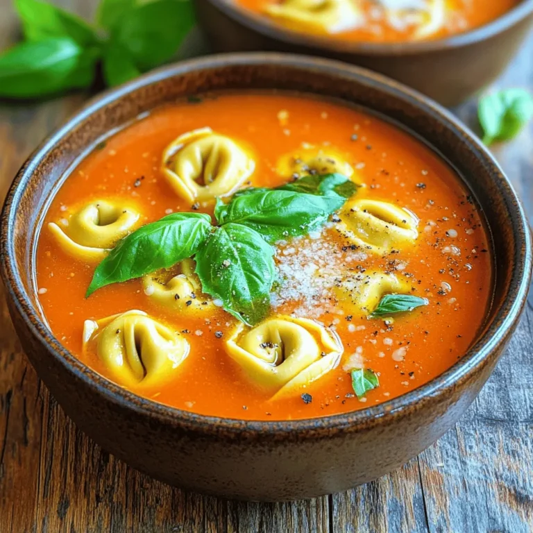 To make Tomato Basil Tortellini Soup, gather these fresh ingredients: - 2 cups vegetable broth - 1 can (14 oz) diced tomatoes, with juice - 1 cup fresh basil leaves, packed - 1 medium onion, chopped - 2 cloves garlic, minced - 1 cup heavy cream (or coconut cream for a dairy-free version) - 1 package (9 oz) cheese tortellini - 1 teaspoon dried oregano - 1 teaspoon salt - 1/2 teaspoon black pepper - 2 tablespoons olive oil - Grated Parmesan cheese for serving (optional) If you want a dairy-free soup, use coconut cream instead of heavy cream. This swap keeps the soup rich and creamy. For a gluten-free option, choose gluten-free tortellini. Many brands offer tasty gluten-free pasta that works well in this soup. Always check labels to ensure they meet your needs. Using fresh ingredients often gives the soup a bright flavor. Fresh basil and onion enhance the taste. However, canned tomatoes are great for convenience and still add good flavor. If you find fresh tomatoes in season, feel free to use them; just chop them up. They will add a lovely freshness to your soup. For the best results, balance both fresh and canned ingredients in your cooking. Start by gathering your ingredients. This makes cooking smooth and fun. In a large pot, heat 2 tablespoons of olive oil over medium heat. Add 1 chopped onion and sauté it for about 5 minutes. You want the onion to be soft and clear. Next, add 2 minced garlic cloves and cook for 1 more minute. This will make your kitchen smell amazing! Now, pour in 1 can of diced tomatoes, along with its juice. Add 2 cups of vegetable broth, 1 teaspoon of dried oregano, 1 teaspoon of salt, and 1/2 teaspoon of black pepper. Stir everything well and bring it to a gentle simmer. Let it cook for about 10 minutes. This helps the flavors blend nicely. After that, add 1 package of cheese tortellini, cooking according to the package's instructions. Usually, this takes around 3 to 5 minutes until they are soft. Then, lower the heat and stir in 1 cup of heavy cream, or use coconut cream for a dairy-free option. Mix it well to combine. Finally, toss in 1 cup of fresh basil leaves. Stir until they wilt a bit. Taste your soup and add more salt or pepper if needed. Your Tomato Basil Tortellini Soup is now ready to serve! To save time, chop your onion and garlic ahead of time. You can do this the night before. Keep them in the fridge in a sealed container. Also, use pre-packaged tortellini. It saves time and is super easy. If you’re feeling adventurous, you can even use leftover cooked tortellini. Just add it at the end to warm through. Another tip is to measure out all your ingredients before you start. This makes the cooking process quick and simple. Plus, it keeps you organized while cooking! One common mistake is rushing the sautéing of the onion. If you cook it too fast, it won’t become soft and sweet. Always give it time to cook slowly. Another mistake is adding the basil too early. If you add it too soon, it may lose its bright flavor. Wait until the very end before adding it to your soup. Lastly, don’t skip tasting your soup before serving. Adjust the seasoning to your liking. This ensures every bowl is delicious! To boost flavor, use fresh herbs. Fresh basil adds a bright taste. You can also add a pinch of red pepper flakes for a kick. If you like, try a splash of balsamic vinegar for depth. Don't forget to taste as you cook. Adjust salt and pepper to your liking. Cook the tortellini just until tender. Overcooking can make them mushy. Follow the package instructions closely. Stir the tortellini gently in the soup to avoid breaking them. If you want a firmer bite, cook them separately and add them just before serving. Garnish your soup with grated Parmesan cheese for richness. Fresh basil leaves on top add color and flavor. You can also drizzle a bit of olive oil for a nice finish. Serve with crusty bread or a side salad. It's a great way to soak up the tasty broth! {{image_2}} You can add protein to this soup for more nutrition. Cooked chicken works great. Just shred it and stir it in. You can also use white beans. They add creaminess and fiber. Mix them in with the tortellini for a hearty meal. For a vegetarian option, skip the chicken and use vegetable broth. You can also swap heavy cream for coconut cream. This keeps the soup rich and creamy. If you want it vegan, make sure the tortellini has no cheese. Many stores offer vegan tortellini now. In summer, you can use fresh veggies to brighten the soup. Try zucchini, corn, or bell peppers. Chop them and add them when you simmer the broth. This gives your soup a fresh taste and adds color. Seasonal swaps keep the meal fun and exciting! Store your leftover Tomato Basil Tortellini Soup in an airtight container. Let the soup cool down to room temperature first. This helps keep the flavors fresh. You can keep it in the fridge for up to three days. Make sure to label your container with the date. This way, you won't forget when you made it! If you want to keep the soup longer, freezing is a great idea. Use freezer-safe containers or bags. Leave some space in the container for the soup to expand as it freezes. The soup can last in the freezer for about three months. When you're ready to eat, just thaw it in the fridge overnight before reheating. To reheat your soup, pour it into a pot and warm it on low heat. Stir often to ensure even heating. You can also use the microwave. Just heat it in short bursts, stirring in between. If the soup seems thick, add a splash of vegetable broth or water. This helps bring back its creamy texture. Enjoy your tasty soup again! Yes, you can make this soup ahead of time. It tastes even better the next day. Just cook the soup as directed, then cool it before storing. Keep it in a sealed container in the fridge. When you are ready to eat, just reheat it on the stove. I recommend using cheese tortellini for the best flavor. It adds a rich creaminess to the soup. You can also use spinach or mushroom tortellini if you want a twist. Just check the package for cooking times. You can store the soup in the refrigerator for up to three days. Make sure to keep it in a tight container. If you want to keep it longer, consider freezing it. Just remember to leave out the cream until you are ready to eat. In this post, we covered how to make a delicious soup. You learned about the ingredients, including substitutes for your dietary needs. I shared detailed steps and tips to help you cook efficiently. We explored flavor boosters and variations for different tastes. Lastly, I provided storage advice to keep your soup fresh. Remember, cooking is fun and can be easy! Use these tips to create a soup that everyone will love. Enjoy your cooking journey!