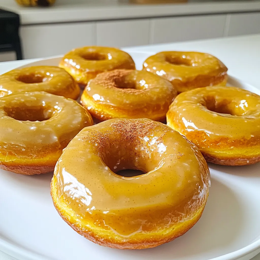 - 1 cup canned pumpkin puree - 1/2 cup granulated sugar - 1/2 cup brown sugar, packed - 1/4 cup vegetable oil - 2 large eggs - 1/4 cup milk - 1 teaspoon pure vanilla extract These main ingredients give the donuts a rich and moist texture. Canned pumpkin puree makes it easy and quick. The sugars help to balance the flavors and add sweetness. Vegetable oil keeps the donuts soft. Eggs bind everything together, while milk adds creaminess. Vanilla enhances the overall taste. - 1 1/2 cups all-purpose flour - 1 teaspoon baking powder - 1 teaspoon baking soda - 1 teaspoon ground cinnamon - 1/2 teaspoon ground nutmeg - 1/4 teaspoon ground ginger - 1/4 teaspoon salt The dry ingredients provide structure and flavor. All-purpose flour gives the donuts their base. Baking powder and baking soda make them rise. The spices like cinnamon, nutmeg, and ginger add warmth and depth. Salt balances the sweetness and enhances all the flavors. - 1 cup powdered sugar - 3 tablespoons maple syrup The glaze is what makes these donuts shine. Powdered sugar creates a smooth texture. Maple syrup adds a sweet and rich flavor that perfectly complements the pumpkin. Together, they form a delicious topping that makes the donuts irresistible. 1. First, preheat your oven to 350°F (175°C). Make sure to grease your donut pan with cooking spray or oil. 2. In a large bowl, mix these wet ingredients: - 1 cup canned pumpkin puree - 1/2 cup granulated sugar - 1/2 cup brown sugar, packed - 1/4 cup vegetable oil - 2 large eggs - 1/4 cup milk - 1 teaspoon pure vanilla extract Stir well until everything is combined and smooth. 3. In a different bowl, whisk together the dry ingredients: - 1 1/2 cups all-purpose flour - 1 teaspoon baking powder - 1 teaspoon baking soda - 1 teaspoon ground cinnamon - 1/2 teaspoon ground nutmeg - 1/4 teaspoon ground ginger - 1/4 teaspoon salt 4. Slowly add the dry mix into the wet mixture. Stir gently until just combined. Don’t overmix, or the donuts may be tough. 5. Now, pour or spoon the batter into your prepared donut pan, filling each cavity about 3/4 full. 6. Bake for 12-15 minutes. The donuts should spring back when touched lightly. You can also check with a toothpick; it should come out clean. 7. Let the donuts cool in the pan for about 5 minutes. Then, transfer them to a wire rack to cool completely. 8. For the glaze, mix together: - 1 cup powdered sugar - 3 tablespoons maple syrup Whisk until smooth. If it's too thick, add a splash of milk to get the right consistency. 9. Once the donuts are cool, dip the tops into the maple glaze. Let any excess glaze drip off. Place them back on the wire rack to let the glaze set. 10. If you like, sprinkle extra cinnamon or crushed nuts on top for added texture. To make the best donuts, avoid overmixing your batter. Stir the wet and dry ingredients until just combined. This keeps your donuts light and fluffy. The ideal baking time is 12 to 15 minutes. Check doneness by lightly touching the tops. If they spring back, they are done. A toothpick should come out clean when inserted. A smooth glaze is key for a great finish. Mix powdered sugar and maple syrup well. If your glaze is too thick, add a splash of milk. This helps achieve the perfect drizzle. You can adjust the thickness by adding more syrup for a richer flavor or more sugar for a thicker texture. Pair these donuts with warm apple cider or a hot cup of coffee. They also shine at fall gatherings. For a special touch, present them on a pretty platter. You might sprinkle extra cinnamon or crushed nuts on top for added flair. {{image_2}} You can add fun twists to your maple glazed pumpkin donuts. One simple way is by mixing in chocolate chips or nuts. These additions bring a nice crunch and richness to every bite. Try semi-sweet chocolate chips for a sweet touch or walnuts for a hearty flavor. Another option is to spice things up. You can swap in a dash of allspice or cardamom to change the flavor profile. These spices add warmth and depth, making your donuts unique. Experimenting with flavors keeps every batch exciting! The glaze is where you can really play around. You might try flavored syrups like vanilla or caramel for a fun twist. Just mix these syrups into the glaze for an extra kick. You can also use extracts like almond or maple for a deeper flavor. If you want to get creative, try icing techniques. Instead of dipping, spread the glaze with a knife for a thicker layer. You can also drizzle the glaze for a pretty finish. These small changes can make your donuts stand out. Want a lighter version? You can substitute ingredients to make these donuts healthier. Use applesauce instead of vegetable oil. It keeps the moisture while cutting down on fat. You can also switch brown sugar for coconut sugar for a lower glycemic index. For those who prefer vegan options, replace eggs with flax eggs or applesauce. Use almond or soy milk in place of regular milk. These swaps keep the donuts fluffy and delicious without any animal products. Enjoy your treats while staying true to your dietary choices! To keep your maple glazed pumpkin donuts fresh, store them in an airtight container. This will help keep moisture in and prevent them from going stale. You can also wrap each donut in plastic wrap for extra protection. Avoid stacking them directly on top of each other to prevent squishing. To freeze your donuts, let them cool completely first. Place them in a single layer on a baking sheet. Once frozen, transfer them to a freezer-safe bag or container. This helps keep them from sticking together. When you want to enjoy a donut, take one out and let it thaw at room temperature. You can also reheat it in the oven at 350°F for about 5 minutes. At room temperature, these donuts stay fresh for about 2-3 days if stored properly. In the fridge, they last up to a week. The glaze may lose some shine but will still taste great! Yes, you can use fresh pumpkin. Just cook and puree it first. Make sure it’s smooth. Fresh pumpkin gives a nice flavor, but canned is easier. Check the donuts at 12 minutes. They should spring back when touched. A toothpick inserted should come out clean. If it has batter, bake them a bit longer. You can prepare the glaze before baking. Store it in the fridge in a sealed container. When ready, let it sit out to reach room temperature. If you have extra batter, you can make mini donuts or muffins. Just adjust the baking time. Mini donuts usually bake in about 8-10 minutes. Yes, you can freeze these donuts. Place them in a single layer, then wrap tightly. They last about 2-3 months in the freezer. Thaw them overnight in the fridge before enjoying. This guide covered key steps to make delicious pumpkin donuts, from mixing ingredients to glazing. You learned about ingredient choices, baking tips, and creative variations. Remember, the right mix of wet and dry ingredients is crucial. Don’t forget to adjust your glaze for that perfect finish. Enjoy these donuts fresh, or store and freeze them for later. Now, you can impress friends and family with your tasty treats. Happy baking!