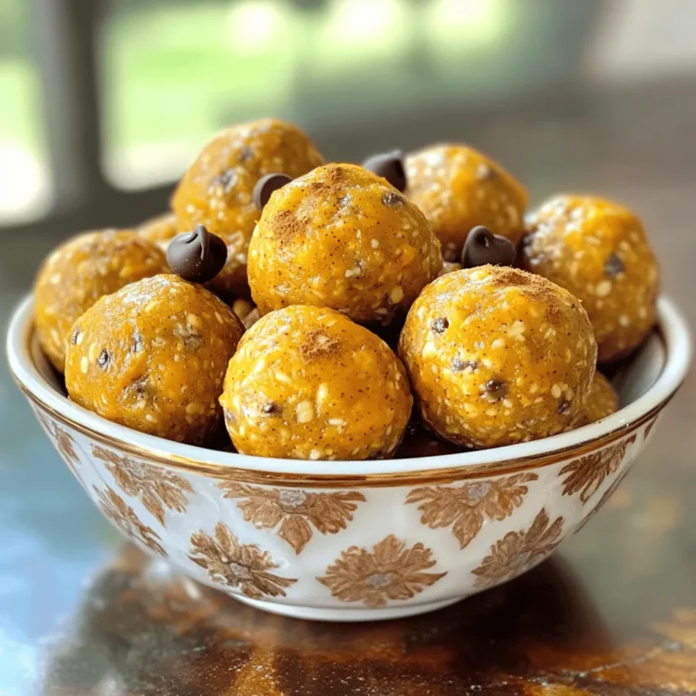 To make pumpkin spice energy bites, you need: - 1 cup rolled oats - 1/2 cup pumpkin puree - 1/4 cup almond butter (or peanut butter) - 1/4 cup honey or maple syrup - 1 teaspoon pumpkin pie spice - 1/2 teaspoon vanilla extract - 1/4 cup chia seeds - 1/4 cup mini dark chocolate chips (optional) - Pinch of salt You can swap some ingredients if needed. Use crunchy peanut butter instead of almond butter. If you want a vegan option, replace honey with maple syrup. You can also use sunflower seed butter for a nut-free version. Chia seeds can be replaced with flaxseeds if you prefer. If you don’t have mini dark chocolate chips, try dried fruit or nuts for a different taste. Each bite is packed with nutrients. Here’s what you get per serving (one bite): - Calories: 80 - Protein: 2g - Carbohydrates: 10g - Fat: 4g - Fiber: 2g - Sugar: 3g These energy bites are a great snack. They provide fuel for your day and taste delicious! Start by gathering all your ingredients. You will need: - 1 cup rolled oats - 1/2 cup pumpkin puree - 1/4 cup almond butter or peanut butter - 1/4 cup honey or maple syrup - 1 teaspoon pumpkin pie spice - 1/2 teaspoon vanilla extract - 1/4 cup chia seeds - 1/4 cup mini dark chocolate chips (optional) - Pinch of salt In a large mixing bowl, combine the rolled oats, pumpkin puree, almond butter, and honey or maple syrup. Mix them well until everything is smooth. This helps blend the flavors nicely. Next, add the pumpkin pie spice, vanilla extract, chia seeds, and a pinch of salt. Stir again until all the ingredients are fully mixed. If you want to add chocolate chips, fold them in gently. They add a nice touch of sweetness. Mixing is key to getting a good texture. Use a sturdy spoon or spatula to blend everything. Start with the wet ingredients first. This helps the dry ingredients stick well. If you prefer, you can also use your hands. Just make sure to wash them well first. If the mixture seems too dry, add a little more pumpkin puree or honey. If it's too wet, sprinkle in more oats. You want it to be sticky but not so much that it falls apart when rolling. To roll the bites, take small portions of the mixture. Aim for about 1 inch in diameter. If the mixture is sticky, dampen your hands slightly with water. This will help you shape the balls without making a mess. Place the rolled bites on a parchment-lined baking sheet or plate. Once you shape them all, refrigerate them for at least 30 minutes. This will help them firm up nicely. After they set, you can store them in an airtight container in the fridge. Enjoy your tasty and healthy pumpkin spice energy bites! To keep your energy bites from sticking, you can use a few simple tricks. First, dampen your hands slightly before rolling the mixture into balls. This helps prevent the mixture from sticking to your fingers. If you find the mixture still too sticky, add a little more oats or chia seeds to help bind it. Lastly, chill the mix for about 10 minutes before rolling. Chilling firms up the mixture, making it easier to handle. After making your bites, it’s best to chill them in the fridge. This helps them firm up and makes them easier to store. Place the energy bites on a parchment-lined tray and refrigerate for at least 30 minutes. Once set, transfer them to an airtight container. This keeps them fresh and tasty. Store them in the fridge for up to a week. If you want them to last longer, consider freezing them. These pumpkin spice energy bites are great for snacking any time of the day. You can serve them plain or garnish them with a sprinkle of pumpkin pie spice for a festive touch. They also pair well with a cup of tea or coffee. Consider packing them in your lunch for a boost of energy. Kids love them as after-school snacks, too. Get creative and enjoy these bites however you like! {{image_2}} You can change the flavors in pumpkin spice energy bites. For a fruity twist, use mashed banana instead of pumpkin puree. This swap adds natural sweetness and creaminess. You can also try adding a splash of apple cider for a fall flavor. If you love chocolate, swap out pumpkin spice for cocoa powder for rich chocolate bites. Nut butter options can really change the taste. Almond butter adds a nutty flavor, while peanut butter gives a classic taste. Sunflower seed butter is great for nut-free bites. You can even use cashew butter for a smooth and creamy texture. Each nut butter brings its own unique taste and health benefits. Get creative with add-ins and toppings for your energy bites. Try diced dried fruit, like cranberries or apricots, for sweetness. You can also mix in shredded coconut for a chewy texture. For toppings, roll the bites in crushed nuts or seeds for crunch. Mini chocolate chips add a sweet touch, making them a favorite snack. To keep your Pumpkin Spice Energy Bites fresh, use an airtight container. Glass or plastic containers work well for this. If you want to save space, use a flat container. This way, the bites won’t stick together. These energy bites stay fresh for about one week in the fridge. Make sure to check for any signs of spoilage, like an off smell or change in texture. If they look good, they should taste great! You can freeze these bites for up to three months. Just place them in a freezer-safe bag or container. When you’re ready to eat them, thaw them in the fridge overnight. This keeps them tasty and ready for snacking! Yes, you can make these energy bites vegan. Use maple syrup instead of honey. Choose almond butter or peanut butter for the nut butter. Both options fit well in this recipe. These energy bites last about one week in the fridge. Store them in an airtight container to keep them fresh. If you want to keep them longer, you can freeze them. Yes, you can use quick oats as a substitute. They will still work well in this recipe. Just remember that the texture may be a little different. Yes, these energy bites can be gluten-free. Make sure to use certified gluten-free oats. This ensures you avoid any gluten contamination. In this blog post, we explored all about energy bites. We covered ingredients, substitutes, and nutrition. The step-by-step guide helped you prepare these tasty snacks. Tips on preventing stickiness and refrigeration were shared. You also learned about exciting variations and storage tips. Remember, you can make these bites your own. Feel free to experiment with flavors and ingredients. These snacks are fun, healthy, and easy to customize. Enjoy every bite you make!