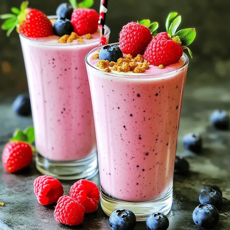 For the Berry Cheesecake Smoothie, you need fresh and tasty items. Here’s the list: - 1 cup mixed berries (strawberries, blueberries, raspberries) - 1 frozen banana - ½ cup Greek yogurt (plain or vanilla) - 1 scoop vanilla protein powder - 1 tablespoon softened cream cheese - 1 tablespoon honey or maple syrup (optional) - ½ cup almond milk (or any milk of your choice) - ¼ teaspoon vanilla extract - A pinch of cinnamon (optional) Each ingredient plays a role. The mixed berries give a fruity flavor. A frozen banana adds sweetness and creaminess. Greek yogurt packs in protein. The protein powder boosts the smoothie, making it filling. Cream cheese brings that cheesecake taste. Honey or maple syrup is for those who like it sweeter. Almond milk makes it smooth and easy to drink. A touch of vanilla extract enhances the flavors, while cinnamon can add warmth. Using fresh or frozen berries is fine. Frozen berries make the drink colder and thicker. Fresh berries work well too, just adjust the ice. This mix creates a tasty, energizing drink. Each sip brings flavor and nutrition. You can customize the sweetness to your liking. Enjoy blending! - Wash and dry mixed berries: Start by rinsing your mixed berries under cold water. Pat them dry gently with a clean towel. This step is key for freshness. - Combine all ingredients in a blender: Next, toss the washed berries into your blender. Add in the frozen banana, Greek yogurt, protein powder, and softened cream cheese. Don’t forget the almond milk, vanilla extract, and cinnamon if you like. - Blend until smooth and creamy: Blend everything on high speed. Stop to scrape down the sides if needed. Keep blending until the mixture is completely smooth and creamy. - Adjust thickness and sweetness as needed: If it’s too thick for your liking, add more almond milk a little at a time. Taste your smoothie. If you want it sweeter, add a bit more honey or maple syrup and blend again. - Serve and garnish: Pour the smoothie into your favorite glasses. For a fun touch, top with a few whole berries or a sprinkle of graham cracker crumbs. This gives that cheesecake vibe. To boost the taste of your berry cheesecake smoothie, consider adding more fruits. Bananas add creaminess, while mangoes offer sweetness. You can also mix in spinach for extra nutrition without changing the flavor. For protein powder, I recommend brands like Optimum Nutrition or Garden of Life. They blend well and taste great. Achieving the perfect consistency is key. If your smoothie is too thick, add more almond milk. If it’s too thin, blend in a few more berries or a bit of yogurt. Always taste as you go. Adjust sweetness with honey or maple syrup based on your preference. The best blenders for smoothies are high-speed models. Brands like Vitamix or Ninja work wonders. They blend fruits into a smooth, creamy texture. If you want a budget option, consider a NutriBullet. It’s powerful and compact. Measuring tools also matter. Use a kitchen scale for precise ingredient amounts. A set of measuring cups and spoons helps you get the right quantities every time. These tools make your smoothie-making process smooth and easy. {{image_2}} Greek yogurt and protein powder pack a punch. Greek yogurt is rich in protein and calcium. It helps build muscle and keeps you full. Protein powder adds even more protein to your smoothie. This boost aids recovery after workouts. Berries are small but mighty. They are full of vitamins, fiber, and antioxidants. Strawberries, blueberries, and raspberries help your body fight off disease. Plus, they add natural sweetness without extra sugar. A serving of this smoothie has about 250 calories. This is perfect for a snack or meal replacement. Here’s a breakdown of the macros per serving: - Protein: 20g - Carbs: 30g - Fats: 6g These numbers make the Berry Cheesecake Smoothie a balanced choice. You get protein, healthy carbs, and just enough fat. It fuels your day while tasting great! You can easily swap Greek yogurt for other options. Consider using silken tofu for a vegan twist. Cottage cheese is also a great choice if you want a creamier texture. You can try using plant-based yogurt if you prefer dairy-free options. Sweeteners can change the taste too. If honey or maple syrup isn’t your thing, try agave syrup or stevia. These alternatives offer a low-calorie option, which keeps the sweetness you love. Want to add some spice? A pinch of nutmeg or ginger can make your smoothie pop. You can also try adding a splash of almond extract for a nutty flavor. If you like a little heat, a dash of cayenne can surprise your taste buds. Adding greens can boost nutrition. Spinach or kale blends well and offers extra vitamins. You won’t taste them, but your body will love the added nutrients. Just a handful will make a big difference without altering the taste. Yes, you can use fresh berries. Fresh berries will give a light texture. If you want a colder drink, add ice. Frozen berries make the smoothie thicker and creamier. To make it dairy-free, swap Greek yogurt for a dairy-free yogurt. You can use almond, coconut, or soy yogurt. Also, choose a dairy-free protein powder. This keeps the taste while removing dairy. The best times to drink a protein smoothie are in the morning or post-workout. In the morning, it fuels your day. After workouts, it aids muscle recovery. Yes, you can prepare it ahead of time. Blend all ingredients and store it in the fridge. Use it within 24 hours for the best taste. Shake or stir before drinking for freshness. This blog post showed you how to make a tasty protein smoothie. We covered the ingredients, step-by-step instructions, and helpful tips for flavor and nutrition. You learned about variations and common questions, too. Now you can blend your own smoothie for a great snack or meal. Enjoy the benefits of healthy protein and delicious flavors. Try different fruits and swaps to make it your own. Making smoothies can be fun and full of health!