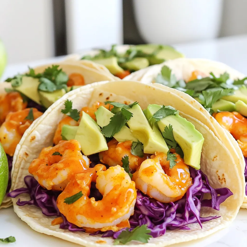 For Air Fryer Buffalo Shrimp Tacos, you will need: - 1 pound large shrimp, peeled and deveined - 1 tablespoon olive oil - 1 teaspoon garlic powder - 1 teaspoon onion powder - 1 teaspoon smoked paprika - ½ teaspoon cayenne pepper (adjust for heat) - Salt and pepper to taste - ½ cup buffalo sauce (add more for extra heat) - 8 small corn or flour tortillas - 1 cup shredded purple cabbage - 1 ripe avocado, sliced - Fresh cilantro for garnish - Lime wedges for serving These ingredients come together to create a tasty and fun meal. For this recipe, you will need: - An air fryer - A large mixing bowl - A cutting board - A sharp knife - A skillet (optional for warming tortillas) - Tongs or a spatula Having the right tools makes cooking easier and more enjoyable. If you have dietary needs, consider these swaps: - Use shrimp alternatives like tofu or tempeh for a plant-based option. - Swap buffalo sauce for a mild sauce if you prefer less heat. - Choose gluten-free tortillas if you need a gluten-free option. - Replace olive oil with avocado oil for a different flavor. These substitutes can help you enjoy this dish while sticking to your diet. 1. First, gather your ingredients. You need shrimp, olive oil, spices, and tortillas. 2. Peel and devein the shrimp if not done already. Rinse them in cold water. 3. In a bowl, mix the shrimp with olive oil, garlic powder, onion powder, smoked paprika, cayenne pepper, salt, and pepper. Toss well until all shrimp are coated. 1. Preheat your air fryer to 400°F (200°C). This takes about 5 minutes. 2. Place the seasoned shrimp in a single layer in the air fryer basket. 3. Cook for 6-8 minutes. Shake the basket halfway to ensure even cooking. 4. When done, the shrimp should be cooked through and slightly crispy. 5. Transfer the shrimp to a bowl and drizzle buffalo sauce over them. Toss to coat the shrimp in the sauce. 1. While the shrimp cool, warm the tortillas. You can use a dry skillet or the air fryer for 1-2 minutes. 2. Take a tortilla and place a generous amount of buffalo shrimp in the center. 3. Add shredded purple cabbage and avocado slices on top of the shrimp. 4. Garnish with fresh cilantro. Drizzle extra buffalo sauce if you like it spicy. 5. Serve the tacos with lime wedges on the side for a zesty kick. To get shrimp just right, use fresh, large shrimp that are peeled and deveined. This helps them cook evenly. Toss the shrimp with olive oil and spices to coat them well. When frying, do not overcrowd the basket. Cook in batches if needed. Air fry at 400°F for 6 to 8 minutes. The shrimp should look pink and feel firm. Shake the basket halfway through to ensure even cooking. If you like heat, add more cayenne pepper to the shrimp mix. For a milder taste, cut back on the cayenne. You can also add more buffalo sauce on top after cooking. This way, you can control how spicy each taco is. Remember, you can always add heat, but it’s hard to take it away! You can prep the shrimp and spices a day in advance. Just store them in the fridge until you’re ready to cook. Warm the tortillas in a skillet or air fryer just before serving. For meal prep, pack the shrimp and toppings separately. This keeps everything fresh for quick meals during the week. Enjoy your tacos any time! {{image_2}} You can switch up the buffalo sauce for different flavors. Try a honey garlic sauce for a sweet twist. A spicy chipotle sauce adds a smoky kick. You can also use a tangy ranch dressing for a cool contrast. These options keep it fun and tasty. Toppings can change your taco game. Try adding diced tomatoes for freshness. Pickled red onions add a nice crunch. Crumbled feta cheese gives a salty flavor. You can also add jalapeños for extra heat. Don't forget a drizzle of sour cream or yogurt for creaminess. You can choose between corn or flour tortillas. Corn tortillas add a nice texture and flavor. Flour tortillas are soft and easy to fold. For a gluten-free option, look for gluten-free tortillas. Lettuce wraps work well too if you want to skip the carbs. To keep your leftover tacos fresh, wrap them in foil or place them in an airtight container. Make sure to separate the shrimp from the toppings. Store the shrimp in the fridge for up to two days. The tortillas can get soggy if stored together. When you want to enjoy your tacos again, reheat the shrimp in the air fryer. Set it to 350°F (175°C) for about 4-5 minutes. This keeps the shrimp crispy. You can warm the tortillas in a dry skillet or microwave for 15 seconds. You can freeze the cooked shrimp if you have extra. Place it in a freezer-safe bag. Press out any air and seal it tightly. This way, you can store them for up to three months. When ready to eat, thaw in the fridge overnight and reheat as mentioned above. Yes, you can use frozen shrimp. Just thaw them first. Place them in a bowl of cold water for about 15-20 minutes. Once thawed, remove the shells and tails. Pat them dry with a paper towel. This helps the seasoning stick better. These tacos pair well with many sides. Here are some ideas: - Rice or quinoa - Black beans - Corn salad - Chips and salsa - Fresh fruit like mango or pineapple These sides add color and flavor to your meal. To reduce the heat, use less cayenne pepper. You can also replace buffalo sauce with a milder sauce. Try a ranch or garlic sauce instead. Adding more avocado can cool the spice too. Enjoy your tasty tacos without the burn! You now have all the tools to make tasty Air Fryer Buffalo Shrimp Tacos. We covered the right ingredients, how to cook the shrimp, and how to put it all together. I shared tips for cooking shrimp perfectly, adjusting spice levels, and making meals ahead of time. You also learned great variations for sauces and toppings, plus how to store and reheat leftovers. Enjoy these tacos your way, share them, and have fun experimenting with flavors! Happy cooking!
