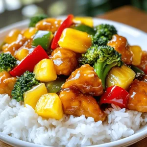 - 1 lb boneless chicken breast, cut into bite-sized pieces - 2 tablespoons cornstarch - 2 tablespoons vegetable oil - 1 red bell pepper, sliced - 1 green bell pepper, sliced - 1 cup pineapple chunks (fresh or canned) - 1 cup broccoli florets - 3 cloves garlic, minced - 1 tablespoon fresh ginger, grated - 1/4 cup soy sauce - 1/4 cup rice vinegar - 3 tablespoons brown sugar - 1 tablespoon ketchup - 1/2 teaspoon red pepper flakes (optional) - Salt and pepper to taste Sweet and sour chicken stir fry shines with its colorful mix of veggies and chicken. The chicken brings protein, while the peppers add crunch. Pineapple gives a sweet twist, and broccoli adds healthiness. Each ingredient plays a key role in taste and texture. - Cooked white rice or fried rice for serving I love pairing this dish with rice. It soaks up the flavors well and makes each bite satisfying. You can use plain white rice or fried rice for extra flavor. Try adding sesame seeds or chopped green onions for a fresh touch. Enjoy every bite of this vibrant meal! - Preparing Chicken: Start by cutting the chicken breast into bite-sized pieces. This helps it cook fast and evenly. In a bowl, toss the chicken with cornstarch, salt, and pepper until it’s well coated. The cornstarch gives the chicken a nice texture. - Prepping Vegetables: Slice the red and green bell peppers into strips. Make sure to wash them first. Cut the broccoli into small florets. If you use fresh pineapple, cut it into chunks. If you prefer canned, just drain it well. - Stir-Frying Chicken: Heat 1 tablespoon of vegetable oil in a large skillet or wok over medium-high heat. Once the oil is hot, add the chicken. Stir-fry it for about 5 to 7 minutes until it turns golden brown. Make sure it’s cooked through. Once done, remove the chicken from the skillet and set it aside. - Adding Vegetables and Sauce: In the same skillet, add the remaining tablespoon of oil. Toss in the minced garlic and grated ginger. Stir for about 30 seconds until they smell good. Then, add the sliced bell peppers, broccoli florets, and pineapple chunks. Stir-fry these for about 3 to 4 minutes until they are tender but still crisp. - Combining Ingredients: In a small bowl, whisk together the soy sauce, rice vinegar, brown sugar, ketchup, and red pepper flakes if you want some heat. Pour this sauce over the veggies and stir until everything is mixed. Bring it to a simmer. Now, add the cooked chicken back into the skillet. Toss everything together for about 2 minutes, so it all gets coated in that tasty sauce. Taste it and adjust the seasoning if you need to. Serve your sweet and sour chicken stir fry over rice. Enjoy your meal! Adjusting Sweetness and Sourness To get the right taste, you may need to tweak the sauce. If it’s too sweet, add more rice vinegar. If it’s too sour, mix in a bit more brown sugar. Always taste as you go. You want a balance that sings in your mouth. Spice Level Tips If you like heat, add red pepper flakes. Start with a little. You can always add more if you want it spicier. For less heat, leave them out. You can also use a milder sauce to keep it kid-friendly. Recommended Equipment A large skillet or wok works best for this dish. They help heat evenly and allow for great stir-frying. A wooden spatula is also handy for stirring your food without scratching your pan. Stir-Frying Tips Make sure your pan is hot before adding the oil. This way, your chicken will sear and not steam. Cook in small batches for even cooking. Don’t overcrowd the pan, or your food won’t brown nicely. {{image_2}} You can change the protein in this dish. Try shrimp or tofu for a twist. Pork also works well. Each option brings its own flavor and texture. You can swap out the bell peppers and broccoli. Carrots, snap peas, and zucchini add great crunch. Feel free to use any veggies you love. This dish is flexible! If you need a gluten-free dish, use tamari instead of soy sauce. It tastes just as good! Also, check that your rice vinegar is gluten-free. Want to make this meal lighter? Use skinless chicken breast and cut down on sugar. You can also add more veggies. This way, you keep the taste while cutting calories. - Storing Leftovers: After you enjoy your sweet and sour chicken stir fry, cool it down. Store it in an airtight container. It stays fresh for up to three days in the fridge. Keep it away from strong-smelling foods. This helps maintain its bright flavor. - Reheating Guidelines: When you're ready to eat, you can reheat it easily. Place the stir fry in a skillet over medium heat. Stir it often until it warms up. You can also use the microwave. Heat in short bursts, stirring in between. This keeps the chicken juicy and the veggies crisp. - How to Freeze Stir Fry: If you want to save your stir fry for later, freezing is a great choice. Let it cool completely. Transfer the stir fry to a freezer-safe bag or container. Remove as much air as possible. Label it with the date. It can last up to three months in the freezer. - Thawing Instructions: To enjoy your frozen stir fry, take it out of the freezer. The best way to thaw it is in the fridge overnight. If you're in a hurry, use the microwave's defrost setting. Once thawed, reheat it in a skillet or microwave. Stir it well to ensure even warming. What is the best way to thicken the sauce? To thicken your sauce, you can add more cornstarch. Mix one tablespoon of cornstarch with two tablespoons of water. Stir this mixture into the sauce while it simmers. This will give your sauce a nice, thick texture. You can also simmer the sauce longer to reduce it and make it thicker. Can I make this dish vegetarian? Yes, you can make this dish vegetarian. Swap the chicken for tofu or tempeh. Use the same prep steps to coat your protein. You can also add more vegetables like mushrooms or snap peas for extra flavor. This keeps the sweet and sour taste while making it veggie-friendly. Calories and Macronutrients This dish has about 350 calories per serving. It contains around 25 grams of protein and 15 grams of fat. The carbs come from the rice and vegetables, adding good fiber. Adjust your portion size based on your diet needs. Health Benefits of Ingredients Sweet and sour chicken stir fry has many health benefits. Chicken provides lean protein, which helps build muscles. Bell peppers are rich in vitamins A and C. Pineapple adds natural sweetness and aids digestion. Broccoli is high in fiber and antioxidants. This dish is balanced and nutritious. In this blog post, we explored making sweet and sour chicken stir fry. We covered main ingredients, from chicken to sauces. Then, we shared step-by-step cooking instructions and helpful tips for a balanced flavor. You learned about variations for different diets and how to store leftovers safely. In closing, stir fry is a fun and easy meal. With a few swaps, you can make it your own. Enjoy creating your tasty version!