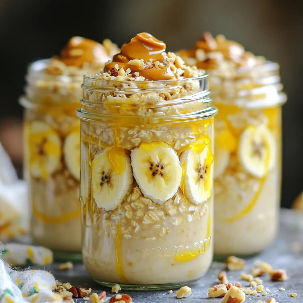 To make Peanut Butter Banana Overnight Oats, gather these simple ingredients: - 1 cup rolled oats - 2 cups almond milk (or milk of choice) - 2 ripe bananas, mashed - 3 tablespoons peanut butter (smooth or crunchy) - 1 tablespoon chia seeds - 1 tablespoon honey or maple syrup (optional for extra sweetness) - 1 teaspoon vanilla extract - Pinch of salt - Sliced banana and chopped nuts for topping These ingredients come together to create a creamy, delicious meal. The rolled oats provide fiber, while the bananas add natural sweetness. Peanut butter gives a rich taste and healthy fats. Chia seeds bring extra nutrients and help thicken the oats. You can choose any milk you like. Almond milk is a great option for a nutty flavor. If you want more sweetness, add honey or maple syrup. The pinch of salt enhances all the flavors. For toppings, sliced bananas and chopped nuts not only add crunch but also make your dish look beautiful. They bring extra flavor and texture, making your breakfast even more delightful. Enjoy the process of gathering these fresh ingredients, and get ready to create something special! Mixing the Ingredients First, grab a large mixing bowl. Add 1 cup of rolled oats. Pour in 2 cups of almond milk. Next, mash 2 ripe bananas and mix them in. Add 3 tablespoons of peanut butter to the bowl. Then, sprinkle in 1 tablespoon of chia seeds. If you want it sweeter, add 1 tablespoon of honey or maple syrup. Don’t forget to add 1 teaspoon of vanilla extract and a pinch of salt. Stir it all well until everything is mixed together. Spoon into Jars/Bowls Now, take that creamy mixture and spoon it into four small mason jars or bowls. Make sure to leave some space at the top. The oats will expand, so don’t fill them too high. Refrigeration Process Cover each jar or bowl with a lid or plastic wrap. Place them in the fridge overnight. If you can’t wait, let them chill for at least 4 hours. This soaking time helps the oats absorb the milk, making them soft and ready to eat. Adding Toppings In the morning, take the jars out of the fridge. Give the oats a good stir. They should be thick and creamy. If they seem too thick, add a splash of almond milk until you like the consistency. Then, slice a banana and sprinkle it on top. You can also add some chopped nuts for extra crunch. Adjusting Consistency If you want your oats thinner, just add more almond milk. Mix well until you reach your perfect texture. Enjoy your easy and tasty breakfast! Choosing the Right Bananas Pick ripe bananas for the best flavor. Look for bananas with brown spots. They are sweeter and easier to mash. You want bananas that feel soft but not mushy. If you have overripe bananas, this recipe is perfect for them. They add natural sweetness and creaminess to your oats. Substituting Ingredients Feel free to swap ingredients to match your taste. You can use any milk you love: oat milk, soy milk, or cow's milk. If you need a nut-free option, try sunflower seed butter instead of peanut butter. For a vegan touch, use maple syrup instead of honey. Adjust the sweetness to fit your preference. Serving in Clear Jars Using clear jars makes this dish look appealing. It shows off the beautiful layers of oats, bananas, and peanut butter. Choose cute mason jars or small bowls. This way, your breakfast looks as good as it tastes! Garnishing with Extras Add a fun finish with toppings. Sliced bananas look great on top. Chopped nuts add crunch and flavor. For an extra touch, sprinkle cinnamon or cacao nibs on top. This not only adds beauty but also a burst of flavor. {{image_2}} If you want a nut-free version, you can easily swap peanut butter. Here are some great alternatives: - Sunflower Seed Butter: This option is creamy and gives a nice nutty taste. It is safe for nut allergies. - Soy Nut Butter: This butter mimics peanut butter well. It works great in recipes. - Pumpkin Seed Butter: This is another healthy choice. It has a distinct flavor and adds nutrients. These swaps keep your oats yummy while making them safe for all. You can take your peanut butter banana overnight oats up a notch with some fun flavors. Here are some ideas: - Adding Spices or Extracts: Try mixing in a dash of cinnamon or nutmeg. These spices can warm up the taste. A splash of almond extract or coconut extract can add a new twist, too! - Incorporating Other Fruits: Get creative with your fruits! You can add chopped apples, berries, or even peaches. These fruits boost flavor and add more nutrients. Just mix them in before refrigerating. Experiment with these variations to find your favorite taste. You will love how easy it is to switch things up! You can store your peanut butter banana overnight oats in the fridge. They stay fresh for up to five days. Keep them in sealed jars or bowls. If you see any mold or smell a sour odor, throw them away. These are clear signs of spoilage. You can freeze leftovers too. To freeze, spoon the oats into freezer-safe containers. Leave a little space at the top since the oats will expand. Seal the containers tightly and label them with the date. They can last for up to three months in the freezer. When you want to eat them, take the container out. Let it thaw in the fridge overnight. If you need to eat them faster, microwave them for one to two minutes. Stir well before serving. You might want to add a splash of almond milk for creaminess after thawing. Can I use quick oats? Yes, you can use quick oats. They will absorb liquid faster. This change can make your oats softer. If you prefer a creamier texture, quick oats work well. Just adjust the soaking time to a few hours instead of overnight. How can I make it vegan? To make this recipe vegan, use almond milk or any plant-based milk. Replace honey with maple syrup for sweetness. Make sure your peanut butter does not contain honey. These easy swaps keep your breakfast tasty and plant-based. What are the best toppings for overnight oats? The best toppings are sliced bananas and chopped nuts. You can also try berries, seeds, or granola. A drizzle of extra peanut butter adds flavor. Experiment with toppings to find your favorite mix! You learned how to create tasty overnight oats using simple ingredients. We covered mixing, refrigeration, and serving tips to help you achieve the best texture and flavor. I shared ways to customize your oats with nut-free options and extra flavors. Lastly, I explained how to store your oats for freshness. Now, it's your turn to enjoy this healthy breakfast! Make it your own and have fun experimenting.