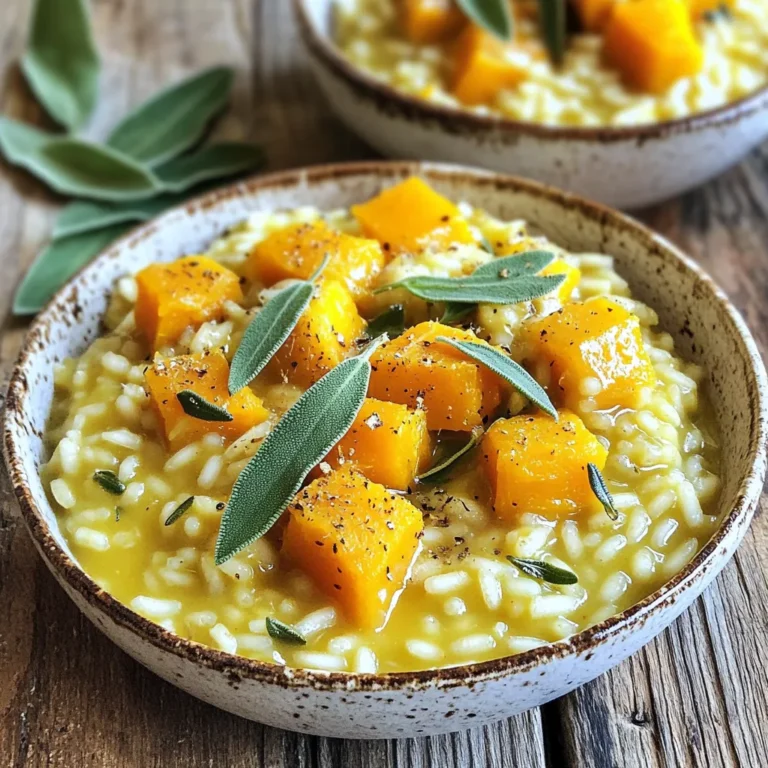 - 1 medium butternut squash, peeled and diced into small cubes - 1 tablespoon olive oil - 1 tablespoon unsalted butter - 1 small onion, finely chopped - 2 cloves garlic, minced - 1 ½ cups Arborio rice - 5 cups vegetable broth, warmed - 1 cup grated Parmesan cheese - 1 tablespoon fresh sage, chopped (plus extra for garnish) - Salt and pepper to taste - A sprinkle of nutmeg for garnish - Large skillet or heavy-bottomed pot - Wooden spoon or spatula - Ladle for adding broth - Cutting board and knife - Grater for cheese First, gather your ingredients. Peel and dice the butternut squash into small cubes. Heat a large skillet over medium heat. Add one tablespoon of olive oil and half of the unsalted butter. Once hot, add the diced squash. Sauté for about five to seven minutes. You want it to soften and caramelize lightly. After that, remove the squash from the pan and set it aside. In the same pot, add the chopped onion and minced garlic. Sauté for three to four minutes until the onion turns translucent. Next, stir in one and a half cups of Arborio rice. Cook it for about one minute. The rice should become slightly translucent. Now, it's time to add the warmed vegetable broth. Use a ladle to add broth, one ladle at a time. Stir often and wait until most of the liquid absorbs before adding more. This will take around 18 to 20 minutes. The rice should be creamy and just tender. Once the rice is cooked, fold in the sautéed butternut squash. Add the remaining butter, chopped sage, and grated Parmesan cheese. Stir everything well until it becomes creamy and heated through. Season with salt and pepper to taste. If you want, add a sprinkle of nutmeg for extra flavor. Serve the risotto warm, garnished with more chopped sage on top. To get creamy risotto, you must stir often. Stirring helps release the starch from the rice. This starch makes the risotto thick and creamy. Use warm broth, not cold. Cold broth will cool the rice and slow down cooking. Keep adding broth one ladle at a time. Wait until most of the liquid is gone before adding more. This takes patience but is worth it! Use Arborio rice for this dish. Arborio rice has a high starch content. This is key for a creamy texture. Other short-grain rice varieties, like Carnaroli or Vialone Nano, also work well. Avoid long-grain rice, as it won’t give you the same creaminess. Stick with short grains for the best results. You can change the flavors in this risotto. Try adding different herbs like thyme or rosemary. For a spicy kick, add red pepper flakes. You can also mix in other vegetables, like peas or mushrooms. If you want a richer taste, swap the vegetable broth for chicken broth. A sprinkle of nutmeg adds warmth and depth. Experiment to find your favorite mix! {{image_2}} You can boost your risotto by adding protein. Chicken or shrimp work well. Cook the protein in the same pot before you start making the risotto. For chicken, use small pieces and sauté them until golden. For shrimp, add them after the rice is nearly done. They will cook quickly and add a nice touch. To make this dish vegan, swap the butter and cheese. Use olive oil instead of butter for cooking. For the cheese, try nutritional yeast. It adds a cheesy taste without dairy. You can also use a vegan cream to keep it rich and creamy. Feel free to play with seasonal ingredients. In the fall, add roasted mushrooms or kale. In the spring, fresh peas or asparagus add a nice crunch. You can also mix in herbs like thyme or rosemary to change the flavor profile. After you make butternut squash sage risotto, let it cool. Store it in an airtight container. Keep it in the fridge for up to three days. Make sure to cover it tightly to keep the flavors fresh. If you plan to eat it soon, this method works great. If you want to store your risotto longer, freezing is a good option. Place it in a freezer-safe container. It can last up to three months in the freezer. When you're ready to eat, thaw it overnight in the fridge. Reheat it slowly on the stove. Add a splash of broth to help it gain creaminess again. For the best taste, enjoy risotto fresh. But if you have leftovers, follow these tips. Divide it into smaller portions for easy reheating. Use glass containers for a safe and easy way to store. Label them with the date. This helps you remember when you made it. Enjoy the creamy comfort of your butternut squash sage risotto later! Yes, you can use other squashes. Acorn and kabocha squashes work well. They have a sweet taste, like butternut squash. Just make sure to peel and cube them. Cook them the same way in the recipe. Each squash gives a different flavor and texture. Experiment and see what you like best. You can use other types of rice, like Carnaroli or Vialone Nano. They have a creamy texture, too. If you want to try a non-rice option, use quinoa or barley. Just know that cooking times may change. Always taste as you go, so the dish stays creamy. This risotto pairs well with a green salad. A simple arugula or spinach salad works great. You could also serve it with roasted vegetables or grilled chicken. For a cozy meal, add crusty bread or garlic bread. Each option adds flavor and makes the meal complete. Butternut squash risotto is a simple yet tasty dish. We explored key ingredients, from the main to optional ones, and outlined the essential equipment you need. I provided step-by-step instructions for cooking and tips for a creamy finish. Variations let you add protein or adapt the dish for vegan diets. I shared storage methods to keep it fresh and answered common questions. Enjoy creating this dish; it offers warmth and comfort with every bite. Now, go ahead and make your own unique risotto!
