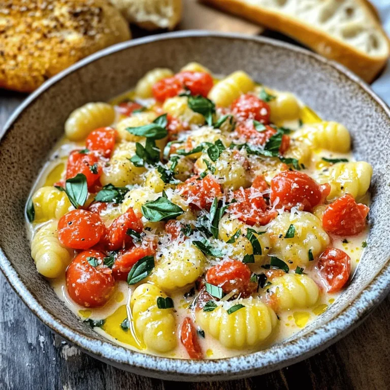 To make creamy tomato basil gnocchi, you need these key items: - 1 package (16 oz) gnocchi - 2 tablespoons olive oil - 3 cloves garlic, minced - 1 can (15 oz) crushed tomatoes - 1/2 cup heavy cream - 1/2 cup fresh basil leaves, chopped - 1 teaspoon dried oregano - Salt and pepper to taste - 1/4 cup grated Parmesan cheese (plus more for serving) You can add or change some ingredients for your taste: - Red pepper flakes for heat - Use whole wheat gnocchi for a healthier choice - Swap heavy cream with coconut milk for a lighter sauce - Try fresh herbs like parsley or thyme for extra flavor Each serving of this creamy tomato basil gnocchi offers: - Calories: Approximately 450 - Protein: 12g - Carbohydrates: 60g - Fat: 20g - Fiber: 3g - Sugars: 5g This dish is filling and delicious, making it perfect for a cozy meal. Start by filling a large pot with water. Add a good amount of salt to it. Bring the water to a rolling boil. Once it boils, add the gnocchi from the package. Cook it just like the package says. When the gnocchi floats, it’s ready. This usually takes about 2-3 minutes. Drain the gnocchi well and set it aside. In a large skillet, pour in the olive oil. Heat it over medium heat. Once hot, add the minced garlic. Sauté the garlic for about one minute. Watch it closely so it doesn’t burn. Next, pour in the crushed tomatoes. Stir in the dried oregano, too. Let the sauce simmer for about 5 minutes. This helps the flavors mix well. Now, lower the heat and slowly add the heavy cream. Stir it in gently until it’s all mixed. Let it simmer for another 2-3 minutes. The sauce should thicken just a bit. Now it’s time to bring everything together. Add the cooked gnocchi to your sauce in the skillet. Toss in the chopped basil as well. Mix everything gently so the gnocchi gets coated in the sauce. Season it with salt and pepper to taste. If you like heat, add some red pepper flakes. Finally, remove the skillet from the heat. Stir in the grated Parmesan cheese. Let it melt into the sauce. Serve your creamy tomato basil gnocchi in bowls. Top with extra basil and more Parmesan if you like. Enjoy! To cook gnocchi, use a large pot of salted water. Bring it to a boil. Add the gnocchi and watch them carefully. They are done when they float to the top. This usually takes just a few minutes. Drain them right away. Rinse with cool water if you are not using them soon. This keeps them from sticking together. When making the sauce, use fresh garlic for a great flavor. Sauté it until it smells nice, but do not burn it. If you have leftovers, let them cool first. Place the creamy gnocchi in an airtight container. Store it in the fridge for up to three days. To keep the sauce creamy, avoid freezing the dish. If you must freeze, store the gnocchi and sauce separately. This will help maintain the texture and taste. This recipe serves about four people. For a full meal, serve with garlic bread or a simple salad. A light green salad with vinaigrette pairs well. It adds a fresh taste to the rich gnocchi. You can also sprinkle extra Parmesan on top for more flavor. If you like spicy food, add red pepper flakes for a kick! {{image_2}} You can make a vegan version of creamy tomato basil gnocchi. Swap the heavy cream with coconut milk or cashew cream. These keep the dish creamy and rich. Use nutritional yeast instead of Parmesan for a cheesy flavor. Fresh basil and garlic still shine through in this vegan take. You can easily swap some ingredients for a healthier dish. Try whole wheat gnocchi for more fiber. Instead of heavy cream, use Greek yogurt for creaminess without the fat. You can also add more fresh tomatoes or spinach to boost nutrients. This makes the dish colorful and tasty. Adding veggies or proteins can enhance this meal. Toss in some fresh spinach, zucchini, or bell peppers for added crunch. If you want protein, try adding cooked chicken or chickpeas. This makes the dish more filling. The flavors mix well with the creamy sauce, making each bite delightful. To store creamy tomato basil gnocchi, let it cool first. Place it in an airtight container. You can keep it in the fridge for up to three days. Make sure to layer parchment paper between servings to avoid sticking. This helps keep the gnocchi intact and ready to enjoy later. If you have leftovers, freezing is a great option. Let the gnocchi cool completely before freezing. Use a freezer-safe container or a zip-top bag. Try to remove as much air as possible. Label the bag with the date. You can freeze it for up to three months. When you’re ready to eat, thaw it overnight in the fridge. Reheating can be tricky, but I have tips to help. For best results, use a skillet. Add a splash of water or broth to keep it moist. Heat on low and stir gently. This helps avoid drying out the gnocchi. You can also use the microwave. Heat in short bursts and stir in between. This ensures even heating. Add a bit of fresh basil or grated cheese on top for extra flavor when serving. Yes, you can make this dish ahead of time. Prepare the gnocchi and sauce separately. This lets you store them in the fridge. When ready to eat, just combine and heat. The dish tastes great even after a day or two. I prefer using fresh gnocchi for its soft texture. You can also use store-bought gnocchi if fresh is not available. Both types work well in this creamy sauce. Just remember to follow the cooking times on the package for the best results. To add some heat, sprinkle in red pepper flakes while cooking the sauce. Start with a pinch and taste as you go. You can also use spicy sausage or diced jalapeños for more flavor. Adjust the spice level to fit your taste. You’ve learned how to make creamy tomato basil gnocchi from scratch. We covered key ingredients, easy steps, and helpful tips. You saw how to store leftovers and even make tasty variations. Remember to experiment with ingredients to suit your taste. Enjoy this dish any day of the week. It’s simple, delicious, and sure to please everyone. Happy cooking!