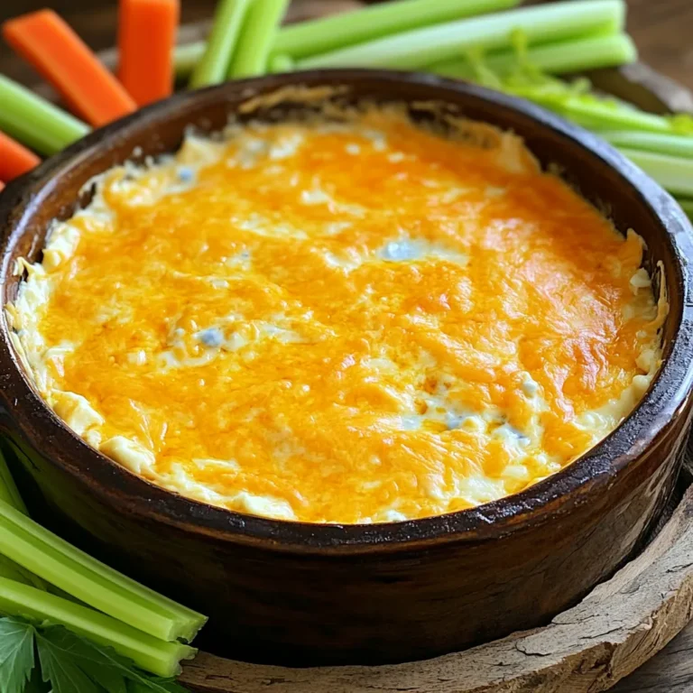 For this creamy buffalo chicken dip, you need: - 2 cups cooked, shredded chicken - 1 (8 oz) package cream cheese, softened - 1/2 cup sour cream These ingredients form the base of your dip. The chicken adds protein, while cream cheese and sour cream create a creamy texture. Make sure the cream cheese is soft. This helps it blend well with the other ingredients. Next, you’ll need: - 1/2 cup buffalo sauce (adjust according to heat preference) - 1 teaspoon garlic powder - 1 teaspoon onion powder - Salt and pepper to taste The buffalo sauce gives the dip its signature kick. Adjust the amount based on how spicy you like it. Garlic and onion powders add flavor. Salt and pepper bring all the tastes together. You can also add: - 1 cup shredded cheddar cheese - 1/2 cup blue cheese crumbles (optional) - Fresh celery and carrot sticks for serving The cheddar cheese makes the dip even richer. Blue cheese crumbles add a bold taste, but you can skip them if you prefer. Serve the dip with celery and carrot sticks for a crunchy contrast. You can also use tortilla chips for dipping. Gather all your ingredients before you start. This makes cooking easier. You will need: - 2 cups cooked, shredded chicken - 1 (8 oz) package cream cheese, softened - 1/2 cup sour cream - 1/2 cup buffalo sauce - 1 cup shredded cheddar cheese - 1/2 cup blue cheese crumbles (optional) - 1 teaspoon garlic powder - 1 teaspoon onion powder - Salt and pepper to taste - Fresh celery and carrot sticks for serving Make sure the cream cheese is soft. This helps it mix well. You can shred the chicken yourself or buy it ready-made. Place all your prepared ingredients into the slow cooker. Start with the shredded chicken, followed by cream cheese, sour cream, and buffalo sauce. Add garlic powder, onion powder, salt, and pepper. Stir until everything is mixed well. Next, sprinkle half of the cheddar cheese and any blue cheese on top. Cover the slow cooker and set it to low heat. Cook for about 2 hours. Stir the dip every so often. When it's hot and bubbly, it’s almost done! Once it’s heated, mix the dip again. Add the rest of the cheddar cheese on top. Cover and let it warm for another 15-20 minutes. Wait until the cheese melts completely. Now, it's time to serve! You can keep the dip in the slow cooker for a rustic look. Arrange fresh celery and carrot sticks around it. This adds color and crunch. You can also serve the dip with tortilla chips for extra flavor. Enjoy this tasty treat with your friends and family! To change the heat, start with half a cup of buffalo sauce. If you want it hotter, add more sauce bit by bit. You can also mix in some hot sauce if you like. If you want it milder, use less sauce or add more sour cream. This will balance the spice. Taste as you go to find the right heat for you. For a smooth dip, use softened cream cheese. Mix it well with the other ingredients. Stir slowly to combine everything. Adding sour cream helps too. If your dip is too thick, add a splash of milk. This will keep it creamy and easy to scoop. The goal is a thick yet smooth dip that feels great on your palate. Serve this dip hot and bubbly. Use a slow cooker for a cozy look. Pair it with fresh celery and carrot sticks for crunch. Tortilla chips also work well for dipping. You can even add crunchy veggies around the dip for color. This makes your table look inviting and fun. Don't forget to have napkins handy for those messy bites! {{image_2}} To spice up your buffalo chicken dip, you can add more buffalo sauce. Try using a hot sauce that you love. Mix in some diced jalapeños for extra heat. You can also add a sprinkle of cayenne pepper. This will boost the flavor and heat. If you want a vegetarian version, substitute the chicken with shredded jackfruit or chickpeas. Use a mix of cream cheese and cashew cream for richness. You can also add black beans for texture. This way, you enjoy the same creamy taste without meat. Cheese can change the taste of your dip. Try using pepper jack cheese for a spicy kick. A blend of mozzarella and gouda gives a rich, creamy texture. If you love blue cheese, use more of it for a stronger flavor. Mixing cheeses can make your dip unique and tasty. After you enjoy your creamy buffalo chicken dip, store any leftovers in the fridge. Place the dip in an airtight container. It will stay fresh for about 3 to 4 days. Make sure to let it cool down before sealing it up. This keeps the flavors intact and prevents sogginess. If you want to save some for later, freezing is a great option. Allow the dip to cool completely. Then, transfer it to a freezer-safe container. You can freeze it for up to 2 months. When ready to eat, just remember to thaw it in the fridge overnight. To reheat, scoop the dip into a saucepan or back into the slow cooker. Heat it on low until warm. Stir it often to ensure even heating. You can also use a microwave if you prefer. Heat it in short bursts, stirring between each. This helps prevent hot spots and keeps it creamy. Enjoy the dip warm with your favorite snacks! Yes, you can use raw chicken. Just follow these steps: - Add raw chicken to the slow cooker. - Combine it with cream cheese, sour cream, and spices. - Cook on low for about 4-5 hours. - Shred the chicken once it is cooked through. This method allows the chicken to soak up the flavors well. You can easily make this dip gluten-free. Here’s how: - Use gluten-free buffalo sauce. - Check that your cream cheese and sour cream have no gluten. - Avoid using regular chips. Instead, serve with veggie sticks or gluten-free chips. This way, everyone can enjoy the dip. Buffalo chicken dip pairs well with many snacks. Here are some ideas: - Fresh celery sticks - Carrot sticks - Tortilla chips - Pita chips - Crackers (gluten-free if needed) Choose your favorite and enjoy the creamy goodness of the dip! This post covered how to make a tasty buffalo chicken dip. I shared key ingredients like chicken and dairy, plus sauces and seasonings. We discussed easy step-by-step instructions for preparing and cooking in a slow cooker. You now have tips for adjusting heat and ensuring creaminess. I also shared variations, storage info, and answered common questions. Enjoy making this dip for your next gathering. It’s simple, fun, and will please any crowd!