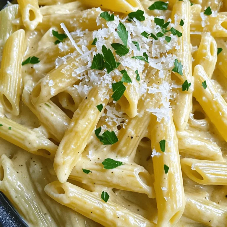 - 12 oz (340 g) pasta of your choice (penne or fettuccine work well) - 1 large head of garlic - 2 tablespoons olive oil - 4 cups vegetable broth - 1 cup heavy cream - 1 teaspoon dried Italian herbs (basil, oregano, thyme) - Salt and pepper to taste - 1 cup grated Parmesan cheese - Fresh parsley, chopped (for garnish) Using pasta like penne or fettuccine gives you a hearty base. Roasting the garlic makes it sweet and soft, adding great flavor. Olive oil helps sauté the herbs, making your dish fragrant. Vegetable broth cooks the pasta and adds depth. Heavy cream brings richness, while Italian herbs bring a touch of spice. Salt and pepper are key for balance. Parmesan cheese adds that creamy, cheesy goodness. Finally, fresh parsley adds a pop of color and freshness when you serve it. Each ingredient plays a role in making this dish a creamy delight. 1. Preheat your oven to 400°F (200°C). 2. Cut off the top of the garlic head. This exposes the cloves. 3. Drizzle 1 tablespoon of olive oil over the garlic. 4. Wrap the garlic in foil. This keeps it moist. 5. Roast it for 30-35 minutes. The cloves should be soft and golden. 1. In a large pot, heat 1 tablespoon of olive oil over medium heat. 2. Add the dried Italian herbs to the pot. Sauté them for 30 seconds. This brings out their flavor. 3. Add your pasta to the pot. Stir it to coat with the oil and herbs. 1. Pour in 4 cups of vegetable broth. Stir well to combine everything. 2. Cover the pot and bring the mixture to a boil. 3. Once boiling, reduce the heat. Let it simmer for 10-12 minutes. 4. Stir occasionally. This helps the pasta cook evenly. 5. Check the pasta. It should be al dente, firm but not hard. 1. Squeeze the roasted garlic cloves into the pot. Discard the skins. 2. Add 1 cup of heavy cream to the pot. Stir until it mixes well. 3. Sprinkle in 1 cup of grated Parmesan cheese. Keep stirring until it melts. 4. Season with salt and pepper to taste. This enhances the flavor. 1. Remove the pot from heat. Check the sauce's thickness. 2. If it’s too thick, add a splash of vegetable broth. Stir it in to adjust. 3. Serve the pasta in bowls. Garnish with chopped parsley. 4. Drizzle a little olive oil on top for extra taste. - Timing: Start cooking the pasta when your garlic is roasting. This saves time. - Stirring: Stir the pasta every few minutes. This keeps it from sticking. - Taste Testing: Check the pasta one minute before the timer goes off. It should be firm but not hard. - Seasoning: Always taste the broth before adding salt or pepper. This helps balance flavors. - Benefits: Roasting garlic makes it sweet and soft. This adds depth to any dish. - Enhancing Flavor: Mash the roasted cloves before adding them to the pot. This spreads the flavor better. - Extra Touch: Add a pinch of smoked paprika to enhance the roasted garlic's richness. - Too Thick: If your sauce is too thick, add a splash of broth or water. Stir until smooth. - Vegan Options: Use coconut cream or cashew cream instead of heavy cream. This keeps the dish creamy without dairy. - Dairy-Free Cheese: For a cheesy flavor, try nutritional yeast. It adds a nice umami taste. {{image_2}} You can change the pasta to fit your taste. Try using whole wheat penne or gluten-free fettuccine. Each type brings a unique texture and flavor. You can also add protein like grilled chicken, shrimp, or chickpeas. For veggies, toss in spinach, peas, or sun-dried tomatoes. These swaps make your dish more fun and colorful! Want to spice things up? Add red pepper flakes for heat. A splash of lemon juice brightens the taste, too. You can mix in fresh herbs like basil or thyme for a fresh kick. When it comes to cheese, Parmesan is great, but try using goat cheese or feta for a tangy twist. Each option adds depth to your creamy sauce. Pair this creamy pasta with a fresh salad. A simple green salad with lemon vinaigrette works well. You could also serve garlic bread on the side. For a fun twist, use a large serving bowl. Top with extra cheese and parsley before serving. This makes your dish look beautiful and inviting! To store your creamy roasted garlic pasta, let it cool first. Then, place it in an airtight container. This helps keep it fresh. The pasta lasts in the fridge for up to three days. Make sure to label the container with the date. For reheating, use the stove for the best texture. Place the pasta in a pot over low heat. Add a splash of vegetable broth to help it stay creamy. Stir often until heated through. You can also use the microwave. Just cover it and heat in short bursts, stirring in between. You can freeze this one-pot pasta, but the texture may change. To do this, cool the pasta completely. Then, transfer it to a freezer-safe container. It will last for up to two months in the freezer. When you're ready to eat it, thaw it overnight in the fridge. Reheat as mentioned above for the best results. Yes, you can make this dish ahead of time. To prepare, cook the pasta as directed. Let it cool completely. Store it in an airtight container in the fridge. It stays fresh for about three days. When ready to eat, reheat it gently on the stove. Add a splash of broth or cream to keep it creamy. If you need a substitute for heavy cream, try these options: - Coconut milk for a dairy-free version - Whole milk mixed with a bit of flour for thickness - Greek yogurt can add creaminess and tang Each option gives a different flavor and texture. To serve more people, you can easily scale up the recipe. Here’s how: - Increase the pasta to 16 oz for 6-8 servings. - Add more broth and cream in equal parts. - Keep the herbs and garlic the same for flavor balance. Just make sure your pot is big enough! Yes, this recipe is great for meal prep. Here are some tips: - Portion it into single servings. - Store each in a separate container. - Label with dates for easy tracking. When you want a quick meal, just grab a container and reheat! This post covered how to make a delicious pasta dish with roasted garlic and a creamy sauce. You learned about the key ingredients, step-by-step cooking techniques, and handy tips for perfect pasta. Remember to experiment with variations and flavor enhancements to make the dish your own. Storing and reheating the leftovers can also keep your meals fresh and enjoyable. With these ideas and methods, you can create a tasty meal everyone will love, time and time again. Happy cooking!