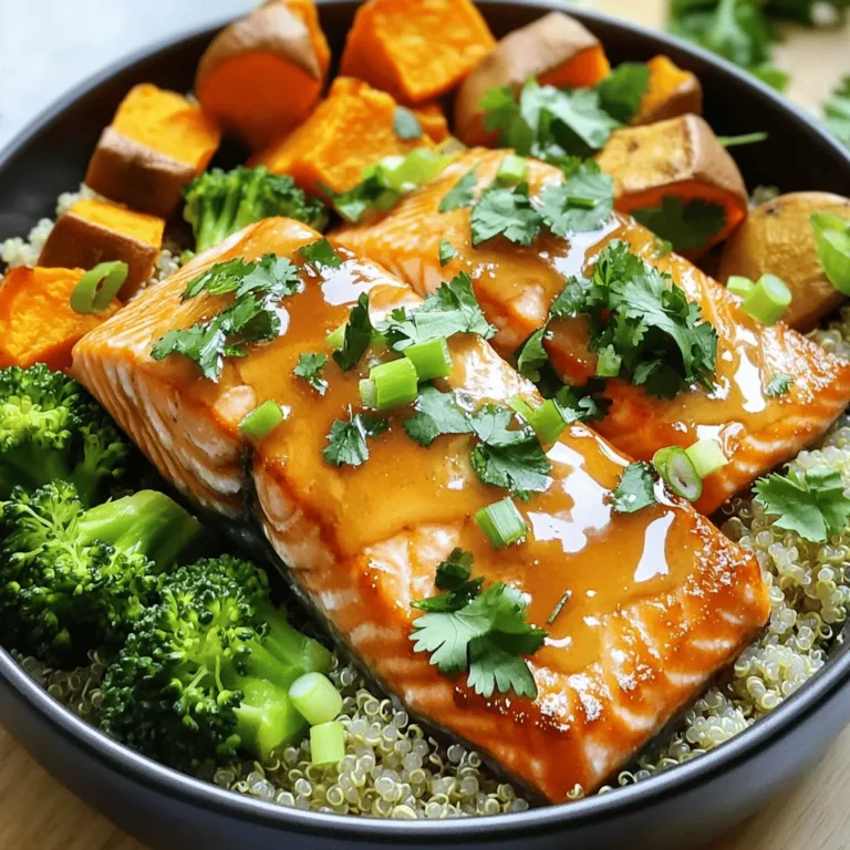 To make these tasty maple glazed salmon bowls, gather these simple ingredients: - 4 salmon fillets - 1/4 cup pure maple syrup - 2 tablespoons soy sauce (or tamari for gluten-free) - 2 tablespoons Dijon mustard - 1 teaspoon garlic powder - 1 teaspoon ginger powder - 2 medium sweet potatoes, diced - 2 cups broccoli florets - 1 tablespoon olive oil - Salt and pepper to taste - 1 cup cooked quinoa (for serving) - Fresh cilantro or green onions for garnish You can swap some ingredients if needed. Here are some ideas: - Use honey instead of maple syrup for a different sweet taste. - Choose coconut aminos instead of soy sauce for a milder flavor. - If you don’t have Dijon, yellow mustard works too. - Try other veggies like bell peppers or asparagus in place of broccoli. - Quinoa can be switched with brown rice or farro for a hearty base. When picking salmon, keep these tips in mind: - Look for bright, shiny skin with no dull spots. - The flesh should be firm and spring back when touched. - Fresh salmon has a clean, ocean-like smell. - Avoid any fish with a strong, fishy odor. - If possible, buy wild-caught salmon for better flavor and health benefits. These tips help ensure you get the best fish for your meal. Enjoy your cooking! Start by preheating your oven to 400°F (200°C). This high heat helps cook everything evenly. Next, line a large sheet pan with parchment paper. This will make cleanup easy after you enjoy your meal. In a small bowl, combine the maple syrup, soy sauce, Dijon mustard, garlic powder, and ginger powder. Whisk these ingredients together until smooth. This glaze gives the salmon a sweet and savory flavor that you will love. Place the diced sweet potatoes on one side of the sheet pan. Drizzle them with olive oil, then add salt and pepper. Toss them well to coat. On the other side, arrange the broccoli florets. Add a little olive oil and season them with salt and pepper too. This method keeps the flavors separated until they cook. Now, place the salmon fillets in the center of the sheet pan. Brush each fillet generously with the maple glaze. Don't forget to save some glaze for later! Put the sheet pan in the oven. Bake for about 20-25 minutes. The salmon should flake easily with a fork. The sweet potatoes need to be tender, and the broccoli should be bright green. When you take the pan out, brush the salmon with the reserved glaze for extra flavor. Now you're ready to assemble your bowls! Divide the cooked quinoa among serving bowls. Top each bowl with sweet potatoes, broccoli, and a salmon fillet. Finish by garnishing with fresh cilantro or green onions. Enjoy your delicious meal! To get the best salmon, start with fresh fillets. Look for bright color and firm texture. Cook at 400°F for even heat. Keep an eye on the time; 20-25 minutes should do. It’s ready when it flakes easily with a fork. Boost the taste by using quality maple syrup. Choose pure syrup for a rich flavor. The soy sauce adds umami, while Dijon mustard brings tang. Don’t skip the garlic and ginger powders; they add depth. You can also add a pinch of chili flakes for heat. Make your bowl look great! Start with a base of quinoa. Place the salmon fillet in the center. Arrange the sweet potatoes and broccoli around it. For color, sprinkle fresh cilantro or sliced green onions on top. A beautiful dish makes it taste even better! {{image_2}} You can switch up the veggies in this dish. Try using asparagus or green beans. Cauliflower is another great choice, adding a nice crunch. You can also use bell peppers for a sweet touch. Just remember to adjust the cooking time if you pick different veggies. Salmon is tasty, but you can change the protein. Chicken works really well here. Use chicken thighs for more flavor and juiciness. If you want a plant-based option, try firm tofu. Just cut it into cubes and marinate it in the glaze. Each option will give you a unique taste. While quinoa is great, you can try other grains. Brown rice adds a nutty flavor. Farro or barley are also good choices for texture. For a gluten-free option, use rice or cauliflower rice. Each grain brings its own special taste and will pair nicely with the glaze. To keep your maple glazed salmon bowls fresh, let them cool first. Place the salmon, sweet potatoes, and broccoli in airtight containers. Make sure to separate the quinoa. This helps keep everything fresh. Store them in the fridge for up to three days. If you want to enjoy them later, consider freezing some. When you are ready to eat, you can reheat your leftovers. The best way is to use the oven. Preheat it to 350°F (175°C). Place the salmon and veggies on a baking sheet. Cover them with foil to keep moisture. Heat for about 10-15 minutes until warm. You can also use the microwave if you're in a hurry. Heat each bowl for one to two minutes until hot. If you have extra salmon bowls, freeze them for later. First, cool the bowls completely. Then, wrap each bowl tightly in plastic wrap and foil. This keeps out air and prevents freezer burn. They can last up to three months in the freezer. When ready to eat, thaw them in the fridge overnight before reheating. Yes, you can easily make this recipe gluten-free. Just swap soy sauce for tamari. Tamari works just as well and gives the same flavor. Always check the labels to ensure they are gluten-free. Salmon stays fresh in the fridge for about 3 days. Store it in an airtight container. If you want it to last longer, freeze it. Frozen salmon can last up to 3 months. You can pair these bowls with many sides. Try brown rice, farro, or even mixed greens. For a crunchy twist, add sliced radishes or avocado. Fresh herbs like parsley or dill also add great taste. Yes, you can prepare the glaze ahead of time. Just mix the maple syrup, soy sauce, Dijon mustard, garlic, and ginger. Keep it in a jar in the fridge for up to a week. This makes meal prep easy and quick! Maple glazed salmon bowls are simple and tasty. You learned about the key ingredients, how to make the glaze, and the best baking methods. We also explored tips for cooking salmon just right and ideas for substitutions. Remember to store leftovers properly to keep them fresh. With this guide, you can create a meal that is fun and full of flavor. Dive into your kitchen and enjoy cooking!