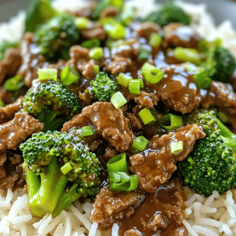 - 1 pound minced beef - 3 cups broccoli florets - 2 tablespoons soy sauce - 1 tablespoon oyster sauce - 1 tablespoon sesame oil - 1 tablespoon ginger, minced - 3 cloves garlic, minced - Salt and pepper to taste - 2 tablespoons green onions, sliced - 1 tablespoon cornstarch - 1 cup beef broth - 2 tablespoons vegetable oil Gather these ingredients before starting. Fresh broccoli makes a big difference in taste. Minced beef cooks quickly, making it perfect for a fast meal. Soy sauce and oyster sauce add deep flavor. Sesame oil gives it a nice finish. Prepare the garlic and ginger for that aromatic punch. The green onions will add a fresh crunch. Keep salt and pepper ready to adjust the flavor. Cornstarch helps thicken the sauce. Beef broth adds richness and depth to the dish. Finally, have vegetable oil ready to cook the beef. Having all your ingredients ready helps you cook smoothly. It makes the process fun and easy. You will enjoy the smells and tastes as you cook! - Start by boiling water in a pot. - Add the broccoli florets and blanch for 2 minutes. - Look for bright green and slightly tender broccoli. - Drain the broccoli and set it aside for later. - In a small bowl, gather these ingredients: - 2 tablespoons soy sauce - 1 tablespoon oyster sauce - 1 tablespoon sesame oil - 1 tablespoon minced ginger - 3 cloves minced garlic - 1 tablespoon cornstarch - 1 cup beef broth - A pinch of salt and pepper - Whisk these ingredients together until smooth. - Set the sauce mixture aside for later use. - Heat 2 tablespoons of vegetable oil in a large skillet. - Use medium-high heat for best results. - Add the minced beef to the skillet. - Stir-fry the beef for about 5 minutes. - Break it apart into smaller pieces as it cooks. - Look for a nice brown color to ensure it’s fully cooked. - Once the beef is cooked, add the blanched broccoli to the skillet. - Pour the prepared sauce over the beef and broccoli. - Stir everything together well. - Cook until the sauce thickens, about 2-3 minutes. - Remove the skillet from heat. - Stir in the sliced green onions for freshness. - Taste the dish and adjust seasonings as needed. To make the beef and broccoli just right, avoid overcooking the beef. Cook it for about five minutes, until it is nicely browned. This keeps it juicy and tender. For the broccoli, blanch it in boiling water for just two minutes. This will help it stay bright green and crisp. After blanching, drain it well and set it aside. For sides, I recommend serving this dish over steamed jasmine rice or cauliflower rice. Both options pair well with the beef and broccoli. You can also add a sprinkle of sesame seeds on top for a nice crunch. This little touch adds flavor and looks great on the plate. To kick up the flavor, consider adding a pinch of red pepper flakes or a dash of chili sauce. These can give your dish some heat. If you want to save time later, make extra sauce and store it in the fridge. It stays fresh for about a week and works well for other dishes too. {{image_2}} You can easily swap the minced beef for other meats. Ground turkey or chicken works well. If you prefer a plant-based option, use firm tofu. Just press the tofu to remove extra water. Crumble or cube it before cooking. This gives a nice texture and absorbs the sauce well. Feel free to mix in more veggies. Bell peppers, snap peas, and carrots add color and crunch. You can also use seasonal vegetables like asparagus or zucchini. These options keep your dish fresh and interesting. Try different combos to discover your favorite mix! For gluten-free meals, choose tamari instead of soy sauce. This keeps all the flavor without gluten. If you're watching carbs, replace rice with zoodles. Zoodles are fun and light. They give a great base for the beef and broccoli. Explore these variations to fit your diet! Store your beef and broccoli in an airtight container. This keeps it fresh. It can last in the fridge for 3 to 4 days. Make sure it cools down before sealing it. Avoid leaving it out for too long. To reheat, use the microwave or stovetop. If using a microwave, heat in short bursts. Stir often to keep it even. On the stovetop, add a splash of broth to the pan. This prevents it from drying out. You can freeze cooked beef and broccoli for up to 3 months. Use freezer-safe bags, and remove as much air as possible. For thawing, place it in the fridge overnight. Reheat thoroughly before serving. To make beef and broccoli more tender, you can follow a few simple tips: - Use a tender cut of beef. Ground beef works well as it cooks quickly. - Marinate the beef. A mix of soy sauce, sesame oil, and ginger can help. - Slice against the grain. This breaks down the meat fibers and makes it softer. - Do not overcook. Cook the beef just until browned for the best texture. Yes, you can prepare this dish ahead of time. Here are some tips: - Cook the beef and broccoli. Store them in an airtight container. - Make the sauce separately. This keeps flavors fresh. - Refrigerate. The dish stays good for 3-4 days in the fridge. - Reheat gently. Use low heat to avoid overcooking when serving. If you need a substitute for oyster sauce, try these options: - Soy sauce and sugar. This mix can mimic the sweetness and saltiness. - Hoisin sauce. It brings a similar flavor with a twist. - Mushroom sauce. This is a great vegetarian alternative with deep flavor. To make this dish gluten-free, follow these steps: - Use gluten-free soy sauce. This is a great alternative. - Check your oyster sauce. Ensure it is gluten-free or swap it out. - Use cornstarch. It is naturally gluten-free and works well for thickening. To add some heat to your beef and broccoli, consider these ideas: - Add red pepper flakes. A pinch can spice things up. - Include sliced fresh chili peppers. They add both heat and color. - Use spicy sauce. Try sriracha or chili garlic sauce for extra kick. - Ginger and garlic. Increase their amounts for a stronger flavor profile. This blog post detailed how to make a delicious beef and broccoli stir-fry. We covered the key ingredients, step-by-step instructions, and handy tips to perfect the dish. You learned about alternatives for proteins and vegetables, plus how to store your leftovers. In summary, this recipe is flexible and easy to adapt. Try it out and enjoy your meal!