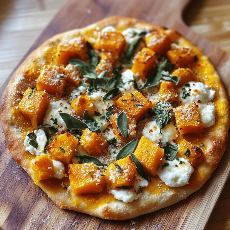 To make this flatbread pizza, start with one medium butternut squash. Peel it and cube it into bite-sized pieces. This squash gives a sweet taste and creamy texture. You will also need two tablespoons of olive oil. Use it to coat the squash for roasting. Add salt and pepper to taste, along with one teaspoon of ground nutmeg and one teaspoon of garlic powder. These spices bring out the flavor of the squash. For the cheesy goodness, gather three types of cheese. First, use one cup of shredded mozzarella cheese. This cheese melts well and adds stretch. Next, add half a cup of ricotta cheese. Ricotta gives a creamy base. Finally, use a quarter cup of grated Parmesan cheese for a salty kick. It enhances the overall flavor of the pizza. You will also need two flatbreads. These can be store-bought or homemade, based on your preference. For a herby touch, chop one tablespoon of fresh sage, or use one teaspoon of dried sage if fresh isn’t available. Optionally, prepare some red pepper flakes. They add a spicy finish to your pizza if you like heat. First, preheat your oven to 400°F (200°C). This step warms up the oven for roasting. Next, peel and cube the butternut squash into small pieces. Toss the cubes with olive oil, salt, pepper, nutmeg, and garlic powder in a large bowl. Make sure every piece is coated well. Spread the squash on a baking sheet in a single layer. Roast it for about 25 to 30 minutes. Stir the squash halfway through to ensure even cooking. You want it tender and slightly caramelized. While the squash roasts, get your flatbreads ready. Use a second baking sheet for this. Arrange the flatbreads on the sheet. If you want a crispier edge, preheat the broiler instead. Just be careful to watch them closely so they don’t burn. Once the squash finishes roasting, take it out of the oven. Use a fork to mash some pieces for creaminess. Spread ricotta cheese evenly on each flatbread, leaving a small edge. Next, sprinkle mozzarella cheese on top. Distribute the mashed and whole squash pieces over the cheese. Finally, add fresh sage and grated Parmesan. Now, place the flatbreads in the oven or under the broiler. Bake for about 10 to 12 minutes. You want the cheese to melt, bubble, and turn golden. When done, take them out and, if you like, sprinkle red pepper flakes on top for some heat. Let them cool for a couple of minutes before slicing into wedges. Enjoy your tasty creation! To make the squash great, cut it into even cubes. This helps it cook evenly. Toss the cubes with olive oil, salt, and pepper. Add nutmeg and garlic powder for flavor. Spread them on a baking sheet. Roast in a preheated oven at 400°F for 25-30 minutes. Stir halfway for even cooking. Look for a golden color and tenderness. This makes the squash sweet and tasty. For a perfect melt, use fresh mozzarella cheese. It stretches beautifully and tastes great. Spread ricotta on the flatbread first. This adds creaminess and helps hold the toppings. Top with mozzarella and Parmesan. Bake until the cheese bubbles and turns golden. If using a broiler, watch closely. The cheese can brown quickly and burn. Make your pizza pop with fresh sage. Sprinkle it on right before serving. It adds a nice touch and flavor. For some heat, add red pepper flakes. A drizzle of olive oil adds shine and richness. Serve on a wooden board for a rustic look. This makes your pizza more inviting and fun! {{image_2}} You can change the toppings to fit your taste. Here are some great ideas: - Caramelized onions add sweetness. - Spinach or kale boosts nutrition. - Feta cheese brings a salty kick. - Roasted garlic enhances flavor depth. - Cherry tomatoes give a fresh burst. Experiment with your favorites. Mixing flavors makes your pizza unique and exciting. Making this flatbread pizza gluten-free is simple. Choose gluten-free flatbreads instead of regular ones. Many brands offer tasty options. You can also try making your own. Use almond flour, chickpea flour, or a gluten-free flour blend. Both ways ensure everyone can enjoy this dish without worry. If you want to add more veggies, consider these: - Zucchini or bell peppers add crunch. - Mushrooms bring a savory touch. - Broccoli or cauliflower adds texture. These veggies not only enhance the flavor but also make the pizza more colorful and nutritious. Enjoy the creativity! To keep your leftover flatbread pizza fresh, wrap it tightly in plastic wrap. Place it in an airtight container to keep out air. You can also use aluminum foil if you prefer. Store it in the fridge and try to eat it within three days for the best taste. Reheating your flatbread pizza is simple. Preheat your oven to 350°F (175°C). Place the pizza on a baking sheet. Heat it for about 10-15 minutes. This keeps the crust crispy. If you want to use a microwave, heat it for 1-2 minutes. Keep in mind, the crust may become soft in the microwave. You can freeze the flatbread pizza for later. Let it cool completely, then wrap it well in plastic wrap. Place it in a freezer bag or container. It will stay good for about two months in the freezer. When ready to eat, thaw it in the fridge overnight. Then, reheat it in the oven for a tasty meal. Yes, you can use other squashes. Acorn squash or pumpkin works well too. They have a sweet taste and creamy texture. Just make sure to roast them until soft. This helps enhance their flavor. Keep an eye on cooking time. Different squashes may need more or less time to cook. Leftovers will stay fresh for about three days. Store them in an airtight container. This helps keep them from drying out. When you're ready to eat, check the smell and look for changes. If they seem fine, reheat them in the oven or microwave. You can use cottage cheese or cream cheese instead. Both have a similar creamy texture. If you want a tangy flavor, try Greek yogurt. It adds a nice twist to the taste. Just remember to adjust the amount to your liking. This blog post gives you all you need to make a tasty butternut squash pizza. We covered ingredients, like the best cheeses and extras. You learned step-by-step how to roast the squash and bake the pizza. I shared tips to get that perfect roast and cheese melt. Plus, we explored variations, so you can make it your own. Now, you have simple storage tips for leftovers, and answers to common questions. Enjoy creating your pizza masterpiece! You’ll impress everyone with this delicious dish.