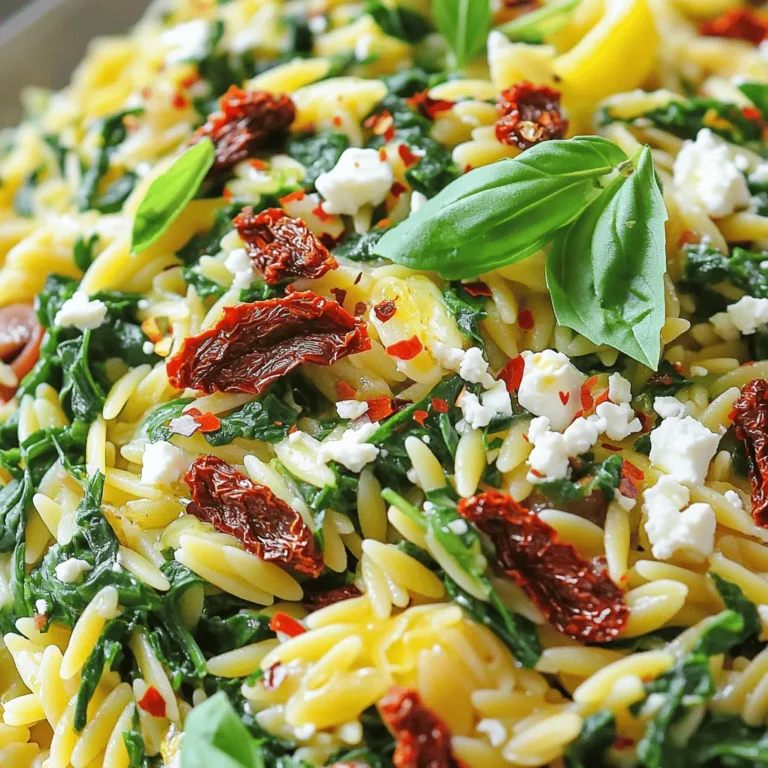 - 1 cup orzo pasta - 1 cup fresh spinach, chopped - 1/2 cup sun dried tomatoes, julienned - 1/2 cup feta cheese, crumbled - 1/4 cup Kalamata olives, pitted and sliced - 2 cloves garlic, minced - 1 tablespoon olive oil - 1 tablespoon lemon juice - 1/4 teaspoon red pepper flakes (optional) - Salt and pepper to taste - Fresh basil leaves for garnish You can change the dish to fit your taste. Here are a few ideas: - Add grilled chicken for protein. - Use arugula instead of spinach for a peppery taste. - Swap feta for goat cheese for a creamier texture. - Toss in some roasted red peppers for extra color and flavor. - Orzo pasta: It cooks quickly and absorbs flavors well. It's a great base for this dish. - Fresh spinach: This leafy green is rich in vitamins and adds a nice color. - Sun dried tomatoes: They bring a sweet and tangy flavor that brightens the dish. - Feta cheese: Feta adds creaminess and saltiness that balance the flavors. - Kalamata olives: These olives add a briny taste, adding depth to each bite. - Garlic: This ingredient gives a savory aroma and enhances the overall flavor. - Olive oil: It adds richness and helps to marry all the flavors together. - Lemon juice: The acidity from lemon juice brightens the dish. - Red pepper flakes: These optional flakes add a touch of heat for those who like spice. - Salt and pepper: These seasonings elevate all the flavors in the dish. - Fresh basil: This herb adds a fragrant finish and a pop of color on top. Start by gathering your ingredients. You will need orzo pasta, fresh spinach, sun dried tomatoes, feta cheese, Kalamata olives, garlic, olive oil, lemon juice, and seasonings. Chop the spinach and julienne the sun dried tomatoes for easy mixing. This will make your cooking process smooth and quick. First, boil salted water in a large pot. Add the orzo and cook it until it is al dente. This usually takes about 8-10 minutes. Drain the orzo and set it aside. In the same pot, heat olive oil over medium heat. Add minced garlic and sauté it for about 30 seconds. You want it fragrant but not burnt. Then, add the sun dried tomatoes and cook for 1-2 minutes. This step helps release their rich flavor. Next, stir in the chopped spinach. Cook until it wilts, which takes about 2-3 minutes. After that, add the drained orzo back into the pot. Toss everything together well. Stir in crumbled feta, sliced olives, and lemon juice. If you like a bit of heat, add the red pepper flakes. Mix until all ingredients combine nicely. Finally, season the dish with salt and pepper to taste. Remove from heat and garnish with fresh basil leaves. For perfect orzo, always cook it al dente. This keeps the texture firm and prevents mushiness. Use high-quality sun dried tomatoes for a richer flavor. Fresh spinach adds a nice color and nutrients. Don't skip the lemon juice; it brightens the dish. Let the dish sit for a few minutes before serving. This allows the flavors to meld. If you want it creamier, add more feta cheese. Enjoy this colorful, tasty meal any night of the week! To cook orzo just right, start with plenty of salted water. Bring it to a boil before adding the orzo. This helps the pasta cook evenly. Follow the package instructions for timing. Usually, orzo needs about 8-10 minutes. You want it al dente, meaning it should have a slight bite. After cooking, drain the orzo well and set it aside. Avoid rinsing, as this washes away the starch that helps sauces cling. To boost the flavors in your Sun Dried Tomato Spinach Orzo, use fresh ingredients. Fresh garlic adds a robust taste, while sun dried tomatoes bring a sweet and tangy punch. Don’t skip the lemon juice; it brightens the dish and balances the richness of feta cheese. If you enjoy heat, add red pepper flakes. They give a nice kick without overpowering the other flavors. Finally, fresh basil leaves add a lovely aroma and a touch of color. One common mistake is overcooking the orzo. If you cook it too long, it becomes mushy. Make sure to taste it a minute or two before the time is up. Another mistake is not seasoning properly. Always taste and adjust salt and pepper at the end. Lastly, avoid overcrowding the pot when cooking the spinach. If too much goes in at once, it won’t wilt properly. Cook it in batches if needed for the best texture. {{image_2}} To make this dish vegetarian, just skip the feta cheese. You can use plant-based cheese instead. It adds creaminess without dairy. For a vegan option, ensure that the sun dried tomatoes and olives do not contain any animal products. You can also add more veggies like bell peppers or zucchini for extra flavor. If you want a heartier meal, consider adding some protein. Grilled chicken or shrimp works well. Just cook them separately and mix them in at the end. For a vegetarian protein, add chickpeas or white beans. These options boost nutrition and keep you full longer. Seasonal ingredients can brighten up your orzo dish. In spring, try adding fresh asparagus or peas. In summer, roasted cherry tomatoes add sweetness. In fall, replace spinach with kale, which holds up well. In winter, stir in hearty greens like Swiss chard. This keeps your dish fresh and exciting all year round. To keep your Sun Dried Tomato Spinach Orzo fresh, follow these steps. First, let the dish cool down to room temperature. Then, place it in an airtight container. This helps keep moisture in and prevents drying out. You can store it in the fridge for up to five days. Make sure to label your container with the date. This way, you know when to enjoy it. Freezing is a smart option if you have extra orzo. Start by letting it cool completely. Next, portion it into freezer-safe bags or containers. Be sure to remove as much air as possible. This helps prevent freezer burn. You can freeze your orzo for up to three months. When you're ready to eat, just thaw it in the fridge overnight. Reheating your orzo can be simple and tasty. For the best flavor, use a skillet. Add a splash of water or olive oil to the pan. This keeps the orzo moist and prevents sticking. Heat over medium-low heat until warm, stirring often. You can also use the microwave, but add a bit of water. Cover the dish to keep the moisture in. Enjoy your orzo just as delicious as the first time! Yes, you can use whole wheat orzo. Whole wheat orzo adds more fiber and nutrients. It gives a slightly nuttier flavor. Just follow the same cooking time as regular orzo. This dish lasts about three to five days in the fridge. Store it in an airtight container. Make sure it cools down before you seal it. This keeps it fresh and tasty. You can make this dish ahead of time. It tastes great even after a day in the fridge. Just warm it up in a pan or microwave before serving. You might want to add a splash of lemon juice to refresh the flavors. This blog covered how to make a delicious Sun Dried Tomato Spinach Orzo. You learned about key ingredients and their benefits. The step-by-step guide included tips for cooking and flavor. We discussed variations, from vegetarian options to protein add-ins. Also, I shared smart storage methods and answered common questions. Enjoy experimenting with this dish. It’s easy to customize and share. You’ll impress family and friends with your skills. Happy cooking!