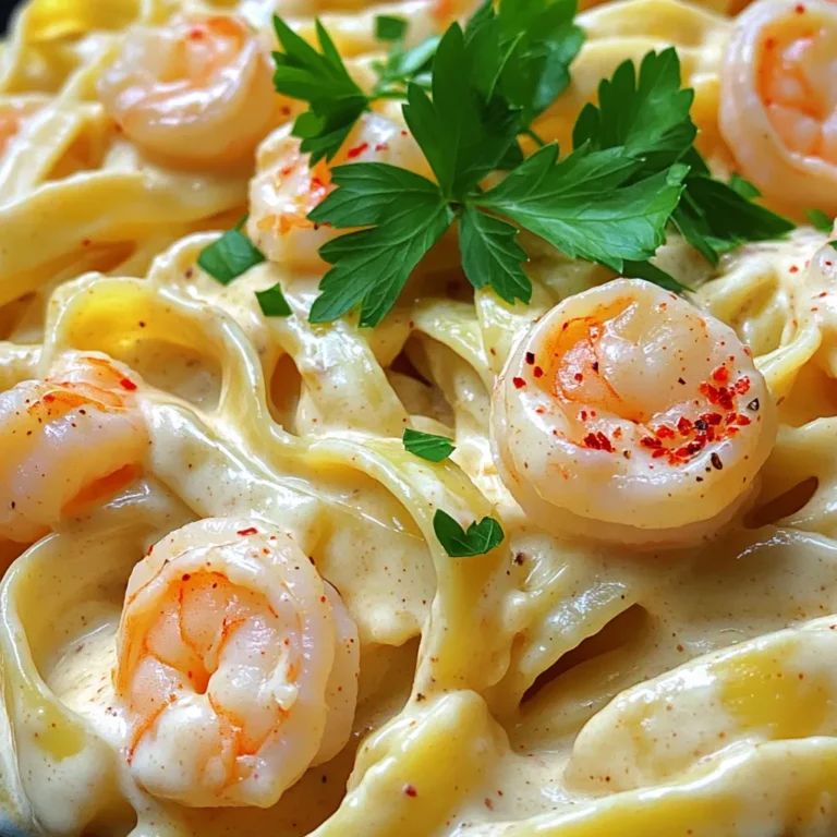 - 8 oz fettuccine pasta - 1 lb shrimp, peeled and deveined - 4 cloves garlic, minced - 1 cup heavy cream - 1 tablespoon olive oil - 1 tablespoon butter - Salt and pepper to taste - 1 teaspoon paprika - 1/2 teaspoon red pepper flakes (optional) - 1/2 cup grated Parmesan cheese - Fresh parsley, chopped (for garnish) For this dish, I love using fettuccine pasta. It holds the creamy sauce well. Use fresh shrimp, peeled and deveined for the best taste. If you can't find fettuccine, any pasta will work. Just adjust the cooking time. Next, let's talk about the garlic. Fresh garlic gives a great flavor. Mince it fine to release those strong flavors. The heavy cream adds a rich and smooth texture. If you prefer a lighter dish, you can use half-and-half or a plant-based cream. For seasonings, olive oil and butter create a nice base. Salt and pepper bring out the flavors. Paprika adds warmth, while red pepper flakes give a kick if you like spice. Finally, don't forget the Parmesan cheese! It melts beautifully into the dish, making it extra delicious. Fresh parsley adds a pop of color and freshness on top. Gather these ingredients, and you're ready to make a quick and tasty meal. - Bring a large pot of salted water to a boil. - Add 8 oz of fettuccine and cook until al dente. - Reserve 1/2 cup of pasta water, then drain the pasta. Cooking the pasta well is key. The salt helps flavor the noodles. Al dente means they should still have a slight bite. This gives the pasta a nice texture when you mix it with the sauce. - Heat 1 tablespoon of olive oil and 1 tablespoon of butter in a large skillet. - Add 4 cloves of minced garlic and sauté for about 30 seconds. - Add 1 lb of shrimp and season with 1 teaspoon of paprika, 1/2 teaspoon of red pepper flakes (if using), salt, and pepper. Cook until the shrimp are pink and opaque, about 2-3 minutes on each side. The oil and butter create a tasty base. Garlic adds a lovely aroma. When the shrimp turn pink, they are ready to eat. Do not overcook them, as they can become rubbery. - Reduce the heat to medium-low. - Pour in 1 cup of heavy cream, stirring to combine with the shrimp and garlic. - Let the sauce simmer for about 2 minutes until it thickens slightly. Simmering allows the flavors to meld. The heavy cream makes the sauce rich and smooth. If it seems too thick, you can always add a splash of reserved pasta water. - Stir in 1/2 cup of grated Parmesan cheese until melted and creamy. - Taste and adjust seasoning with salt and pepper to your liking. - Garnish with freshly chopped parsley before serving. The cheese adds depth to the sauce. Adjusting the seasoning makes sure it fits your taste. The parsley gives a fresh touch and bright color to the dish. Enjoy your meal! How to achieve al dente texture To get that perfect al dente texture, cook your fettuccine in boiling salted water. Check the package for the right time but usually, it takes about 8-10 minutes. Taste a piece before draining. It should be firm but not hard. Importance of reserving pasta water Always reserve some pasta water before draining. This starchy water helps the sauce stick and can thin out the sauce if it becomes too thick. Use about half a cup for a great texture. Tips for garlic sautéing Sauté your minced garlic in olive oil and butter over medium heat. Cook for only about 30 seconds until fragrant. If you cook it too long, it can burn and taste bitter. Suggestions on seasoning adjustments Feel free to adjust the spices! Add more paprika for heat or toss in fresh herbs like basil or thyme for extra flavor. Always taste as you go to find what you love. How to avoid separating sauce To keep your sauce creamy, don’t let it boil hard. Instead, let it simmer gently. Stir often to mix the cream with the shrimp and garlic. This keeps everything rich and smooth. Using different cheese options If you want to mix up your cheese, try using mozzarella or goat cheese. Each will give a different flavor and creaminess. Just make sure to melt it well into the sauce. {{image_2}} You can easily swap shrimp for chicken or tofu. If you choose chicken, use bite-sized pieces. Cook them until they are golden. Tofu is a great choice for a vegetarian option. Use firm tofu, and sauté it until crispy. This adds a nice texture. Both options keep the dish tasty and filling. If you want a lighter meal, try using zoodles. Zoodles are zucchini noodles that are low in carbs. Whole wheat pasta is also a healthy choice. It adds fiber and a nutty flavor. Other pasta types like penne or spaghetti work well too. Just remember to cook them al dente for the best bite. Adding veggies brings color and taste to your dish. Spinach wilts nicely and adds nutrients. Cherry tomatoes burst with flavor and sweetness. You can also try different herbs. Basil, oregano, or even dill can change the vibe. Use what you have on hand to make it your own. To store leftovers, let the pasta cool first. Place it in an airtight container. Make sure to cover it well to keep it fresh. Leftovers can last up to three days in the fridge. When reheating, use a skillet over low heat. Add a splash of water or cream to keep it moist. Stir often to prevent sticking. You want it warm but not overcooked. Yes, you can freeze creamy shrimp pasta! However, the texture may change slightly. To freeze, place it in a freezer-safe container. Leave some space at the top for expansion. Seal it tightly to avoid freezer burn. To thaw, move it to the fridge overnight. For quicker thawing, use the microwave on a low setting. Reheat slowly to maintain creaminess. In the fridge, creamy shrimp pasta lasts about three days. If you notice any strange smells or colors, throw it out. Look for changes in texture, too. If it feels slimy or dry, it's best not to eat it. Yes, you can. For a lighter version, try using low-fat milk or almond milk. You can also use a mix of chicken broth and a little cornstarch for creaminess. Coconut milk adds a nice flavor too, if you like that taste. Pair your dish with a simple side salad. A green salad with a light vinaigrette works great. Garlic bread is a classic choice too. Steamed broccoli or roasted asparagus complements the pasta nicely. Look for shrimp that are pink and opaque. They should curl into a "C" shape. If they turn into an "O" shape, they might be overcooked. Cooking should take only about 2-3 minutes per side. Absolutely! If you love garlic, add more cloves. You can use up to 6 or even 8 cloves for a stronger flavor. Just sauté it a bit longer to avoid bitterness. Enjoy your garlicky delight! You learned how to make a creamy garlic shrimp pasta dish from scratch. We explored the key ingredients, cooking steps, and ways to make it even better. Remember, you can adjust the recipe to suit your taste, whether you prefer different proteins or vegetables. Proper storage keeps leftovers fresh. Enjoy creating a meal that impresses friends and family. This recipe not only tastes great but also showcases your cooking skills! Keep experimenting and have fun in the kitchen!