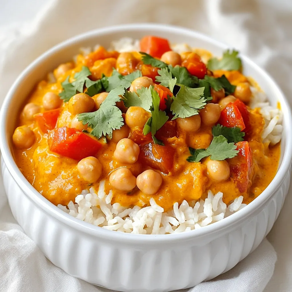 - 1 can (15 oz) chickpeas, rinsed and drained - 2 cups pumpkin puree (canned or homemade) - 1 can (14 oz) diced tomatoes - 1 can (14 oz) coconut milk Chickpeas provide protein and fiber. They blend well with pumpkin puree. Pumpkin adds a creamy texture and rich flavor. Diced tomatoes bring acidity and balance to the dish. Coconut milk adds creaminess and a hint of sweetness. - 2 tablespoons curry powder - 1 teaspoon turmeric powder - 1 teaspoon cumin - 1 teaspoon coriander - 1 teaspoon chili powder (adjust to taste) Spices are key to a good curry. Curry powder gives a warm flavor. Turmeric adds earthiness and a bright color. Cumin and coriander create a rich blend. Chili powder lets you control the heat level. - 1 tablespoon olive oil - 3 cloves garlic, minced - 1 tablespoon ginger, grated - Fresh cilantro for garnish - Cooked rice or quinoa for serving (optional) Olive oil helps sauté ingredients and adds richness. Garlic and ginger boost flavor and aroma. Fresh cilantro adds brightness when served. Rice or quinoa makes a great base for the curry. Start by heating the olive oil in a large skillet over medium heat. Next, add the chopped onion. Sauté the onion for about five minutes until it becomes soft and clear. This step builds a flavor base that enhances your curry. Then, add the minced garlic and grated ginger to the skillet. Stir for one minute until you smell the lovely aroma. This adds a warm, spicy note to your dish. Now, transfer the sautéed onion, garlic, and ginger into your slow cooker. This is where the magic happens! Add the chickpeas, pumpkin puree, and diced tomatoes with their juice. Don't forget the coconut milk for a creamy texture. Then, sprinkle in the curry powder, turmeric, cumin, coriander, and chili powder. Mix everything well until all the ingredients are combined. Finish by seasoning with salt and pepper to your taste. Cover the slow cooker and choose your heat setting. You can cook on low for six to eight hours or on high for three to four hours. Cooking on low gives a richer flavor. Check your curry as it cooks. You want it bubbling and heated through for the best taste. Adjust the seasonings if needed before serving. Enjoy your delicious meal! Adjusting spice levels to taste You can change the spice levels in your curry. If you want more heat, add more chili powder. Start with a small amount, like half a teaspoon. Taste the curry as it cooks. This way, you can find your perfect balance. If you prefer a milder dish, reduce the chili powder. The goal is to enjoy the flavors without overwhelming heat. Balancing flavors with coconut milk Coconut milk adds creaminess and sweetness to the curry. It balances the spices well. If the curry tastes too spicy, coconut milk can cool it down. Use a full can for a rich flavor. If you want it lighter, you can use half a can. Just remember, the more coconut milk you use, the creamier your dish will be. Best sides to pair with the curry Serve your pumpkin chickpea curry with rice or quinoa. They soak up the sauce nicely. You can also serve it with warm naan or pita bread. These sides add texture and make the meal feel complete. Fresh lime slices on the side add a zesty touch. Presentation ideas with garnishes For a beautiful presentation, add freshly chopped cilantro on top. It adds color and freshness. You can also sprinkle some chili flakes for a pop of color. Serve the curry in deep bowls to show off the vibrant colors. Overcooking the spices One common mistake is overcooking spices. If you cook spices too long, they can taste bitter. To avoid this, add spices after the onions and garlic are sautéed. This way, the spices bloom without burning. Incorrect ratios of liquid Make sure to measure your liquids correctly. Too much liquid can make your curry thin. If your curry is too thick, you can always add a little water or broth. A good rule is to start with the amounts in the recipe. Adjust as needed based on your preference. {{image_2}} You can swap chickpeas for lentils or other beans. Lentils cook faster and add a nice texture. Black beans or pinto beans work well too. If you want to change the pumpkin, try butternut squash. It has a sweet taste and creamy feel. This recipe is vegan, but it can also suit vegetarians. If you want a vegetarian version, add a dollop of yogurt on top. For gluten-free eaters, this curry fits the bill. Make sure your spices do not contain gluten. Changing the curry powder can make a big difference. Try Madras curry powder for more heat. You can also add new veggies to the mix. Spinach adds color and nutrients. Carrots bring sweetness and crunch to your bowl. Feel free to mix and match flavors to find your perfect blend! To keep your pumpkin chickpea curry fresh, store it in an airtight container. Make sure it cools down before sealing. This helps keep moisture and flavor locked in. The curry lasts about 3 to 5 days in the fridge. It’s a great way to enjoy it later! If you want to save some for later, freezing is a great option. Pour the cooled curry into freezer-safe bags or containers. Leave some space at the top for expansion. It stays good for up to 3 months in the freezer. When you’re ready to eat, thaw it in the fridge overnight. Reheat the curry on the stove over low heat. Stir it often to avoid sticking. You can also use a microwave, but cover it to keep the moisture in. Add a splash of coconut milk if it seems too thick. This keeps the flavor rich and creamy! Yes, you can use fresh pumpkin. Start by selecting a small sugar pumpkin. Cut it in half and scoop out the seeds. Then, roast the halves in the oven at 400°F for about 45 minutes. Once soft, scoop out the flesh and mash it. This will give you a fresh pumpkin puree. Add this to your curry in place of canned puree. To add heat, try using fresh chili peppers. You can chop them finely and add them with the garlic and ginger. If you want more heat without losing flavor, add a dash of cayenne pepper or increase the chili powder. Just remember to taste as you go. You can always add more spice, but it's hard to take it out! Yes, you can skip the coconut milk. For a creamy texture, try using cashew cream or almond milk. You can make cashew cream by soaking cashews in water and blending them until smooth. You can also use plain yogurt or a splash of cream for richness. Each option will change the flavor a bit, so choose one that fits your taste. This blog post covers how to make a tasty chickpea curry. You learned about key ingredients, spices, and optional items to boost flavor. The step-by-step guide made the process easy. Tips helped you avoid common mistakes and offered serving ideas. You can change the recipe to fit your tastes and dietary needs. Finally, you got storage tips to keep leftovers fresh. Enjoy creating this dish to warm your home and delight your taste buds.