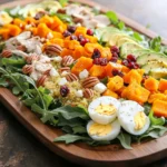 - 6 cups mixed greens (arugula, spinach, and romaine) - 1 cup cooked quinoa - 1 cup roasted butternut squash, diced - 1 cup cooked chicken breast, diced - 1/2 cup crumbled feta cheese - 1/2 cup dried cranberries - 1/4 cup chopped pecans - 2 hard-boiled eggs, sliced - 1 avocado, diced I love using mixed greens in this salad. They add color and crunch. Arugula gives a peppery bite, while spinach and romaine keep it fresh. The cooked quinoa adds protein and a nice nutty flavor. Roasted butternut squash brings natural sweetness. I often roast it with a little olive oil and salt for the best taste. The diced chicken breast makes this salad hearty. You can use leftovers or rotisserie chicken. Crumbled feta cheese adds a salty kick. Dried cranberries provide a tart sweetness, which I find delightful. Chopped pecans add a nice crunch and richness. The hard-boiled eggs give extra protein and creaminess. Finally, diced avocado adds a buttery flavor that elevates the whole dish. - 3 tablespoons maple syrup - 2 tablespoons Dijon mustard - 1/4 cup olive oil - 1 tablespoon apple cider vinegar - Salt and pepper to taste For the Maple Dijon dressing, I combine maple syrup and Dijon mustard. This mix gives a sweet and tangy flavor. Olive oil makes the dressing smooth and rich. I add apple cider vinegar for a bright taste. Finally, I sprinkle in salt and pepper to enhance all the flavors. Whisking these together creates a tasty dressing that ties the salad together beautifully. Roasting the butternut squash Start by preheating your oven to 400°F (200°C). Take your diced butternut squash and toss it with a bit of olive oil, salt, and pepper. Spread the squash on a baking sheet. Roast it for about 20 minutes. The squash should be tender and slightly caramelized. This adds a sweet and rich flavor to your salad. Cooking quinoa While the squash roasts, rinse 1/3 cup of quinoa under cold water. In a small pot, add the rinsed quinoa and 2/3 cup water. Bring this mixture to a boil. Lower the heat and cover the pot. Let it simmer for about 15 minutes. The water should be absorbed by the quinoa. Fluff it with a fork, then let it cool. Whisking together the dressing ingredients In a small bowl, combine 3 tablespoons of maple syrup, 2 tablespoons of Dijon mustard, 1/4 cup of olive oil, and 1 tablespoon of apple cider vinegar. Add a pinch of salt and pepper for taste. Whisk everything together until it blends into a smooth dressing. This Maple Dijon dressing will add a sweet and tangy kick to your salad. Layering salad components and adding toppings Grab a large bowl or platter. Start with 6 cups of mixed greens as your base. On top of the greens, layer the cooked quinoa, roasted butternut squash, and diced chicken breast. Sprinkle 1/2 cup of crumbled feta cheese, 1/2 cup of dried cranberries, and 1/4 cup of chopped pecans over these ingredients. Next, neatly arrange 2 sliced hard-boiled eggs and the diced avocado on top. Right before serving, drizzle the Maple Dijon dressing over the salad. You can also add extra salt and pepper to taste. If you want, gently toss the salad to mix all the flavors together. Enjoy every bite of this colorful and tasty Harvest Cobb Salad! To make the best Maple Dijon dressing, balance is key. You want sweet from the maple syrup and tangy from the Dijon mustard. Start with three tablespoons of maple syrup to add sweetness. Then, mix in two tablespoons of Dijon mustard for that nice tang. Add a quarter cup of olive oil to make it smooth. Finally, a tablespoon of apple cider vinegar adds a punch. Taste as you mix. Adjust the sweetness or tang as needed. Freshness matters in your Harvest Cobb Salad. Use mixed greens like arugula, spinach, and romaine for great flavor. These greens add crunch and nutrition. Seasonal produce makes a big difference too. Roasted butternut squash gives a warm touch. Choose ripe avocados for creaminess. Using fresh, high-quality ingredients takes your salad to the next level. A well-arranged salad is a feast for the eyes. Start by layering the mixed greens at the base of your bowl. Then, add the colorful quinoa, squash, and chicken. Sprinkle crumbled feta cheese evenly over the top. Add dried cranberries and chopped pecans for a nice contrast. Finally, place the sliced eggs and diced avocado on top. This makes your salad look inviting and delicious. {{image_2}} You can change some ingredients in the Harvest Cobb Salad. For quinoa, try using cooked farro or brown rice. Both give a nice texture. If you want a different protein, use grilled shrimp or chickpeas for a veggie option. For cheese, goat cheese works great instead of feta. It brings a creamy touch. If you’re not a fan of maple Dijon, try ranch or balsamic vinaigrette. A lemon vinaigrette can add a bright flavor too. You can even make a yogurt-based dressing for a creamy option. Each dressing gives a new taste to the salad. You can adapt this salad for each season. In spring, add fresh peas and radishes. In summer, toss in diced tomatoes and corn. For fall, use roasted sweet potatoes and pomegranate seeds. In winter, add roasted beets and citrus segments. Each season brings its own twist to the Harvest Cobb Salad. To keep your Harvest Cobb Salad fresh, store it in an airtight container. Layer the ingredients wisely. Place the greens at the bottom to prevent wilting. Keep the dressing separate until you are ready to eat. This keeps everything crisp and tasty. You can enjoy leftovers for up to three days in the fridge. For the Maple Dijon dressing, use a clean jar with a lid. Store it in the fridge for up to one week. Before using, give it a good shake to mix the ingredients. If the dressing thickens, add a little water or olive oil to thin it out. This keeps the flavors bright and zesty. You can save time by prepping parts of the salad ahead. Cook the quinoa and roast the butternut squash a day before. Store them separately in the fridge. Chop your veggies and store them in airtight bags. You can also make the dressing in advance. This way, you’ll have a quick, healthy meal ready to go when you need it. Yes, you can make this salad ahead of time. To keep it fresh, store the ingredients separately. Here are some tips: - Prep the greens: Wash and dry the mixed greens, then store them in an airtight container. - Cooked ingredients: Store the quinoa, chicken, and butternut squash in separate containers. - Dress the salad: Add the Maple Dijon dressing just before serving. This keeps the greens crisp. If you do not have maple syrup, there are great substitutes. Use honey for a similar sweetness. Agave nectar is another option. You can also use brown sugar mixed with a bit of water. Each option gives a different flavor but works well in the dressing. Yes, the Harvest Cobb Salad can be gluten-free. Use gluten-free quinoa and check that your Dijon mustard is gluten-free as well. All other ingredients in the salad are naturally gluten-free. Enjoy this meal without worry! The Harvest Cobb Salad brings together fresh greens, quinoa, and delicious toppings. We covered the key ingredients, simple steps, and tips to enhance flavor. Don't forget the maple Dijon dressing that ties it all together. Feel free to mix and match for your tastes, and store leftovers properly for later enjoyment. This salad suits any season and can be prepped ahead of time. Enjoy creating a colorful, tasty dish that packs nutrients and flavor in every bite. Your salad journey starts here!