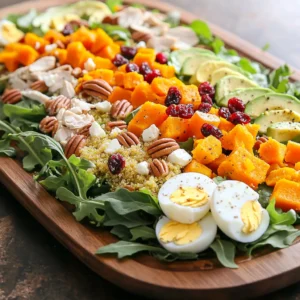 - 6 cups mixed greens (arugula, spinach, and romaine) - 1 cup cooked quinoa - 1 cup roasted butternut squash, diced - 1 cup cooked chicken breast, diced - 1/2 cup crumbled feta cheese - 1/2 cup dried cranberries - 1/4 cup chopped pecans - 2 hard-boiled eggs, sliced - 1 avocado, diced I love using mixed greens in this salad. They add color and crunch. Arugula gives a peppery bite, while spinach and romaine keep it fresh. The cooked quinoa adds protein and a nice nutty flavor. Roasted butternut squash brings natural sweetness. I often roast it with a little olive oil and salt for the best taste. The diced chicken breast makes this salad hearty. You can use leftovers or rotisserie chicken. Crumbled feta cheese adds a salty kick. Dried cranberries provide a tart sweetness, which I find delightful. Chopped pecans add a nice crunch and richness. The hard-boiled eggs give extra protein and creaminess. Finally, diced avocado adds a buttery flavor that elevates the whole dish. - 3 tablespoons maple syrup - 2 tablespoons Dijon mustard - 1/4 cup olive oil - 1 tablespoon apple cider vinegar - Salt and pepper to taste For the Maple Dijon dressing, I combine maple syrup and Dijon mustard. This mix gives a sweet and tangy flavor. Olive oil makes the dressing smooth and rich. I add apple cider vinegar for a bright taste. Finally, I sprinkle in salt and pepper to enhance all the flavors. Whisking these together creates a tasty dressing that ties the salad together beautifully. Roasting the butternut squash Start by preheating your oven to 400°F (200°C). Take your diced butternut squash and toss it with a bit of olive oil, salt, and pepper. Spread the squash on a baking sheet. Roast it for about 20 minutes. The squash should be tender and slightly caramelized. This adds a sweet and rich flavor to your salad. Cooking quinoa While the squash roasts, rinse 1/3 cup of quinoa under cold water. In a small pot, add the rinsed quinoa and 2/3 cup water. Bring this mixture to a boil. Lower the heat and cover the pot. Let it simmer for about 15 minutes. The water should be absorbed by the quinoa. Fluff it with a fork, then let it cool. Whisking together the dressing ingredients In a small bowl, combine 3 tablespoons of maple syrup, 2 tablespoons of Dijon mustard, 1/4 cup of olive oil, and 1 tablespoon of apple cider vinegar. Add a pinch of salt and pepper for taste. Whisk everything together until it blends into a smooth dressing. This Maple Dijon dressing will add a sweet and tangy kick to your salad. Layering salad components and adding toppings Grab a large bowl or platter. Start with 6 cups of mixed greens as your base. On top of the greens, layer the cooked quinoa, roasted butternut squash, and diced chicken breast. Sprinkle 1/2 cup of crumbled feta cheese, 1/2 cup of dried cranberries, and 1/4 cup of chopped pecans over these ingredients. Next, neatly arrange 2 sliced hard-boiled eggs and the diced avocado on top. Right before serving, drizzle the Maple Dijon dressing over the salad. You can also add extra salt and pepper to taste. If you want, gently toss the salad to mix all the flavors together. Enjoy every bite of this colorful and tasty Harvest Cobb Salad! To make the best Maple Dijon dressing, balance is key. You want sweet from the maple syrup and tangy from the Dijon mustard. Start with three tablespoons of maple syrup to add sweetness. Then, mix in two tablespoons of Dijon mustard for that nice tang. Add a quarter cup of olive oil to make it smooth. Finally, a tablespoon of apple cider vinegar adds a punch. Taste as you mix. Adjust the sweetness or tang as needed. Freshness matters in your Harvest Cobb Salad. Use mixed greens like arugula, spinach, and romaine for great flavor. These greens add crunch and nutrition. Seasonal produce makes a big difference too. Roasted butternut squash gives a warm touch. Choose ripe avocados for creaminess. Using fresh, high-quality ingredients takes your salad to the next level. A well-arranged salad is a feast for the eyes. Start by layering the mixed greens at the base of your bowl. Then, add the colorful quinoa, squash, and chicken. Sprinkle crumbled feta cheese evenly over the top. Add dried cranberries and chopped pecans for a nice contrast. Finally, place the sliced eggs and diced avocado on top. This makes your salad look inviting and delicious. {{image_2}} You can change some ingredients in the Harvest Cobb Salad. For quinoa, try using cooked farro or brown rice. Both give a nice texture. If you want a different protein, use grilled shrimp or chickpeas for a veggie option. For cheese, goat cheese works great instead of feta. It brings a creamy touch. If you’re not a fan of maple Dijon, try ranch or balsamic vinaigrette. A lemon vinaigrette can add a bright flavor too. You can even make a yogurt-based dressing for a creamy option. Each dressing gives a new taste to the salad. You can adapt this salad for each season. In spring, add fresh peas and radishes. In summer, toss in diced tomatoes and corn. For fall, use roasted sweet potatoes and pomegranate seeds. In winter, add roasted beets and citrus segments. Each season brings its own twist to the Harvest Cobb Salad. To keep your Harvest Cobb Salad fresh, store it in an airtight container. Layer the ingredients wisely. Place the greens at the bottom to prevent wilting. Keep the dressing separate until you are ready to eat. This keeps everything crisp and tasty. You can enjoy leftovers for up to three days in the fridge. For the Maple Dijon dressing, use a clean jar with a lid. Store it in the fridge for up to one week. Before using, give it a good shake to mix the ingredients. If the dressing thickens, add a little water or olive oil to thin it out. This keeps the flavors bright and zesty. You can save time by prepping parts of the salad ahead. Cook the quinoa and roast the butternut squash a day before. Store them separately in the fridge. Chop your veggies and store them in airtight bags. You can also make the dressing in advance. This way, you’ll have a quick, healthy meal ready to go when you need it. Yes, you can make this salad ahead of time. To keep it fresh, store the ingredients separately. Here are some tips: - Prep the greens: Wash and dry the mixed greens, then store them in an airtight container. - Cooked ingredients: Store the quinoa, chicken, and butternut squash in separate containers. - Dress the salad: Add the Maple Dijon dressing just before serving. This keeps the greens crisp. If you do not have maple syrup, there are great substitutes. Use honey for a similar sweetness. Agave nectar is another option. You can also use brown sugar mixed with a bit of water. Each option gives a different flavor but works well in the dressing. Yes, the Harvest Cobb Salad can be gluten-free. Use gluten-free quinoa and check that your Dijon mustard is gluten-free as well. All other ingredients in the salad are naturally gluten-free. Enjoy this meal without worry! The Harvest Cobb Salad brings together fresh greens, quinoa, and delicious toppings. We covered the key ingredients, simple steps, and tips to enhance flavor. Don't forget the maple Dijon dressing that ties it all together. Feel free to mix and match for your tastes, and store leftovers properly for later enjoyment. This salad suits any season and can be prepped ahead of time. Enjoy creating a colorful, tasty dish that packs nutrients and flavor in every bite. Your salad journey starts here!