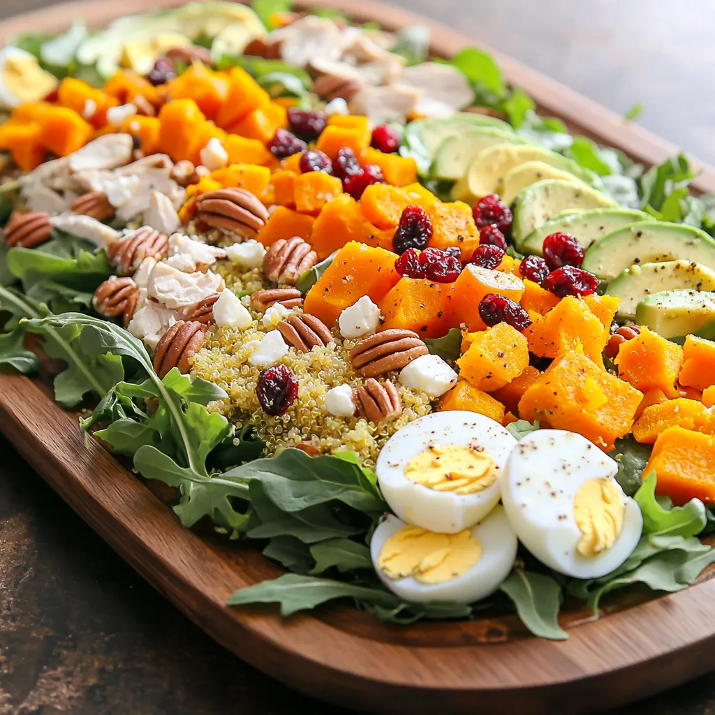 - 6 cups mixed greens (arugula, spinach, and romaine) - 1 cup cooked quinoa - 1 cup roasted butternut squash, diced - 1 cup cooked chicken breast, diced - 1/2 cup crumbled feta cheese - 1/2 cup dried cranberries - 1/4 cup chopped pecans - 2 hard-boiled eggs, sliced - 1 avocado, diced I love using mixed greens in this salad. They add color and crunch. Arugula gives a peppery bite, while spinach and romaine keep it fresh. The cooked quinoa adds protein and a nice nutty flavor. Roasted butternut squash brings natural sweetness. I often roast it with a little olive oil and salt for the best taste. The diced chicken breast makes this salad hearty. You can use leftovers or rotisserie chicken. Crumbled feta cheese adds a salty kick. Dried cranberries provide a tart sweetness, which I find delightful. Chopped pecans add a nice crunch and richness. The hard-boiled eggs give extra protein and creaminess. Finally, diced avocado adds a buttery flavor that elevates the whole dish. - 3 tablespoons maple syrup - 2 tablespoons Dijon mustard - 1/4 cup olive oil - 1 tablespoon apple cider vinegar - Salt and pepper to taste For the Maple Dijon dressing, I combine maple syrup and Dijon mustard. This mix gives a sweet and tangy flavor. Olive oil makes the dressing smooth and rich. I add apple cider vinegar for a bright taste. Finally, I sprinkle in salt and pepper to enhance all the flavors. Whisking these together creates a tasty dressing that ties the salad together beautifully. Roasting the butternut squash Start by preheating your oven to 400°F (200°C). Take your diced butternut squash and toss it with a bit of olive oil, salt, and pepper. Spread the squash on a baking sheet. Roast it for about 20 minutes. The squash should be tender and slightly caramelized. This adds a sweet and rich flavor to your salad. Cooking quinoa While the squash roasts, rinse 1/3 cup of quinoa under cold water. In a small pot, add the rinsed quinoa and 2/3 cup water. Bring this mixture to a boil. Lower the heat and cover the pot. Let it simmer for about 15 minutes. The water should be absorbed by the quinoa. Fluff it with a fork, then let it cool. Whisking together the dressing ingredients In a small bowl, combine 3 tablespoons of maple syrup, 2 tablespoons of Dijon mustard, 1/4 cup of olive oil, and 1 tablespoon of apple cider vinegar. Add a pinch of salt and pepper for taste. Whisk everything together until it blends into a smooth dressing. This Maple Dijon dressing will add a sweet and tangy kick to your salad. Layering salad components and adding toppings Grab a large bowl or platter. Start with 6 cups of mixed greens as your base. On top of the greens, layer the cooked quinoa, roasted butternut squash, and diced chicken breast. Sprinkle 1/2 cup of crumbled feta cheese, 1/2 cup of dried cranberries, and 1/4 cup of chopped pecans over these ingredients. Next, neatly arrange 2 sliced hard-boiled eggs and the diced avocado on top. Right before serving, drizzle the Maple Dijon dressing over the salad. You can also add extra salt and pepper to taste. If you want, gently toss the salad to mix all the flavors together. Enjoy every bite of this colorful and tasty Harvest Cobb Salad! To make the best Maple Dijon dressing, balance is key. You want sweet from the maple syrup and tangy from the Dijon mustard. Start with three tablespoons of maple syrup to add sweetness. Then, mix in two tablespoons of Dijon mustard for that nice tang. Add a quarter cup of olive oil to make it smooth. Finally, a tablespoon of apple cider vinegar adds a punch. Taste as you mix. Adjust the sweetness or tang as needed. Freshness matters in your Harvest Cobb Salad. Use mixed greens like arugula, spinach, and romaine for great flavor. These greens add crunch and nutrition. Seasonal produce makes a big difference too. Roasted butternut squash gives a warm touch. Choose ripe avocados for creaminess. Using fresh, high-quality ingredients takes your salad to the next level. A well-arranged salad is a feast for the eyes. Start by layering the mixed greens at the base of your bowl. Then, add the colorful quinoa, squash, and chicken. Sprinkle crumbled feta cheese evenly over the top. Add dried cranberries and chopped pecans for a nice contrast. Finally, place the sliced eggs and diced avocado on top. This makes your salad look inviting and delicious. {{image_2}} You can change some ingredients in the Harvest Cobb Salad. For quinoa, try using cooked farro or brown rice. Both give a nice texture. If you want a different protein, use grilled shrimp or chickpeas for a veggie option. For cheese, goat cheese works great instead of feta. It brings a creamy touch. If you’re not a fan of maple Dijon, try ranch or balsamic vinaigrette. A lemon vinaigrette can add a bright flavor too. You can even make a yogurt-based dressing for a creamy option. Each dressing gives a new taste to the salad. You can adapt this salad for each season. In spring, add fresh peas and radishes. In summer, toss in diced tomatoes and corn. For fall, use roasted sweet potatoes and pomegranate seeds. In winter, add roasted beets and citrus segments. Each season brings its own twist to the Harvest Cobb Salad. To keep your Harvest Cobb Salad fresh, store it in an airtight container. Layer the ingredients wisely. Place the greens at the bottom to prevent wilting. Keep the dressing separate until you are ready to eat. This keeps everything crisp and tasty. You can enjoy leftovers for up to three days in the fridge. For the Maple Dijon dressing, use a clean jar with a lid. Store it in the fridge for up to one week. Before using, give it a good shake to mix the ingredients. If the dressing thickens, add a little water or olive oil to thin it out. This keeps the flavors bright and zesty. You can save time by prepping parts of the salad ahead. Cook the quinoa and roast the butternut squash a day before. Store them separately in the fridge. Chop your veggies and store them in airtight bags. You can also make the dressing in advance. This way, you’ll have a quick, healthy meal ready to go when you need it. Yes, you can make this salad ahead of time. To keep it fresh, store the ingredients separately. Here are some tips: - Prep the greens: Wash and dry the mixed greens, then store them in an airtight container. - Cooked ingredients: Store the quinoa, chicken, and butternut squash in separate containers. - Dress the salad: Add the Maple Dijon dressing just before serving. This keeps the greens crisp. If you do not have maple syrup, there are great substitutes. Use honey for a similar sweetness. Agave nectar is another option. You can also use brown sugar mixed with a bit of water. Each option gives a different flavor but works well in the dressing. Yes, the Harvest Cobb Salad can be gluten-free. Use gluten-free quinoa and check that your Dijon mustard is gluten-free as well. All other ingredients in the salad are naturally gluten-free. Enjoy this meal without worry! The Harvest Cobb Salad brings together fresh greens, quinoa, and delicious toppings. We covered the key ingredients, simple steps, and tips to enhance flavor. Don't forget the maple Dijon dressing that ties it all together. Feel free to mix and match for your tastes, and store leftovers properly for later enjoyment. This salad suits any season and can be prepped ahead of time. Enjoy creating a colorful, tasty dish that packs nutrients and flavor in every bite. Your salad journey starts here!