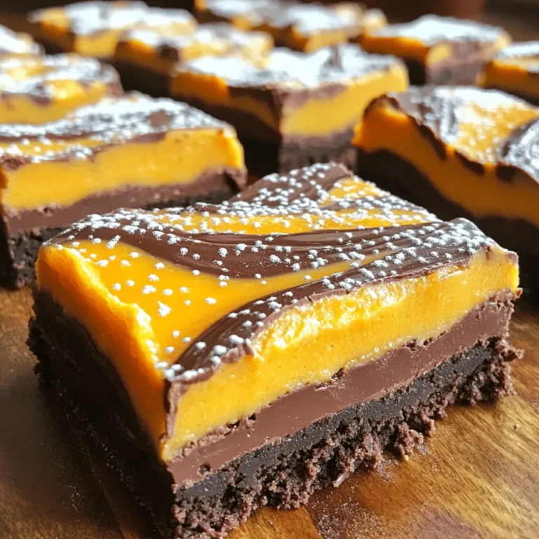 To make Chocolate Pumpkin Layer Bars, gather these ingredients: - 1 cup all-purpose flour - 1/2 cup unsweetened cocoa powder - 1/2 cup light brown sugar, packed - 1/2 teaspoon baking powder - 1/4 teaspoon baking soda - 1/4 teaspoon salt - 1/2 cup unsalted butter, melted - 1 large egg - 1 teaspoon vanilla extract For the pumpkin layer, you will need: - 1 cup canned pumpkin puree - 1/2 cup granulated sugar - 1 large egg - 1 teaspoon ground cinnamon - 1/4 teaspoon ground nutmeg - 1/4 teaspoon ground ginger - 1/4 teaspoon salt - 1/2 cup sweetened condensed milk You can change some ingredients for different tastes or needs: - Use whole wheat flour instead of all-purpose for a nutty flavor. - Swap cocoa powder with carob powder for a caffeine-free option. - Replace unsalted butter with coconut oil for a dairy-free treat. - Use maple syrup or honey instead of granulated sugar for natural sweetness. - Substitute pumpkin puree with mashed sweet potatoes if desired. These bars are a delightful treat. Each serving has about: - Calories: 180 - Protein: 2g - Carbohydrates: 24g - Fat: 9g - Fiber: 1g - Sugar: 10g These numbers can vary with substitutes. It's a good idea to check the nutrition facts on your specific ingredients. Enjoy this tasty fall dessert! To start, you will need to gather all your ingredients. Preheat the oven to 350°F (175°C). Grease an 8x8-inch baking dish and line it with parchment paper. This will help you lift the bars out easily later. 1. Mix Dry Ingredients: In a bowl, whisk together the flour, cocoa powder, brown sugar, baking powder, baking soda, and salt. This is the chocolate base. 2. Prepare Wet Ingredients: In another bowl, mix the melted butter, egg, and vanilla until smooth. 3. Combine Mixtures: Gradually add the wet mix to the dry mix. Stir until fully combined. The batter will be thick. 4. Form the Base: Press about two-thirds of this chocolate batter into the bottom of the prepared dish. Make sure it’s even. 5. Make Pumpkin Layer: In a separate bowl, whisk the pumpkin puree, granulated sugar, egg, cinnamon, nutmeg, ginger, salt, and sweetened condensed milk until it’s smooth. 6. Layer the Pumpkin Mix: Pour this pumpkin mix over the chocolate base. Spread it out evenly. 7. Add Remaining Batter: Take the leftover chocolate batter and drop spoonfuls over the pumpkin. Use a knife to swirl it gently, making a marbled look. 8. Bake: Place the dish in the oven and bake for 30-35 minutes. The edges should be set, and a toothpick in the center should come out mostly clean. 9. Cool and Slice: Let the bars cool in the dish for about 15 minutes. Then lift them out using the parchment paper. Allow them to cool completely on a wire rack before slicing. To ensure your bars are soft and rich, do not overmix the batter. A thick batter is key. When baking, keep an eye on the edges. They should look set, while the center can be a bit soft. This will give you that perfect fudgy texture. Dust the top with powdered sugar before serving. A dollop of whipped cream pairs well for extra delight. When making Chocolate Pumpkin Layer Bars, avoid overmixing the batter. Overmixing can make your bars dense and tough. Stick to mixing just until combined. Another mistake is not greasing the pan properly. This can lead to sticking and messy servings. Lastly, check your oven temperature. An oven that runs too hot can burn the edges before the center cooks. To make these bars, you need simple tools. Here’s a quick list: - Mixing bowls - Whisk - 8x8-inch baking dish - Parchment paper - Measuring cups and spoons - Rubber spatula - Toothpick Using good tools makes the process smoother. A whisk helps mix the ingredients well, and parchment paper ensures easy removal. To make your bars even tastier, consider adding a pinch of sea salt on top. This will highlight the chocolate and pumpkin flavors. You can also swap out the cinnamon for pumpkin pie spice for a bolder taste. If you love nuts, sprinkle some chopped walnuts or pecans into the chocolate layer. This adds crunch and a nice contrast to the smooth pumpkin layer. {{image_2}} You can add fun flavors to these bars. Try mixing in a bit of peanut butter. Swirl it in the pumpkin layer for a creamy taste. For a minty twist, add peppermint extract to the chocolate base. You can also top with crushed candy canes for a festive crunch. To make these bars gluten-free, swap the all-purpose flour. Use a gluten-free flour blend instead. Make sure the blend has xanthan gum for proper texture. Check that all your other ingredients, like cocoa powder and baking powder, are also gluten-free. You can change these bars for different seasons. In winter, add crushed cranberries for a tart surprise. In spring, mix in lemon zest for a fresh flavor. For summer, use fresh berries on top. These small changes can make your bars feel new and exciting. Store your Chocolate Pumpkin Layer Bars in an airtight container. This will keep them fresh. You can place wax paper between layers to avoid sticking. If you want to keep them longer, wrap them in plastic wrap before putting them in a container. These bars last about 5 to 7 days at room temperature. If you keep them in the fridge, they can last up to 10 days. Just be sure to check for any signs of spoilage before enjoying them. To reheat, use your oven for the best results. Preheat it to 350°F (175°C). Place a bar on a baking sheet for about 10 minutes. You can also use the microwave, but heat each bar for just 10 to 15 seconds. This keeps them warm without drying them out. Enjoy your tasty treat! Yes, you can make these bars a day or two in advance. After baking, let them cool completely. Then, slice them and store them in an airtight container. This keeps them fresh and tasty. They also taste better as the flavors mix overnight. These bars go great with a few sides. Here are my favorites: - Whipped cream: A dollop adds richness. - Vanilla ice cream: A scoop makes it special. - Hot chocolate: A warm drink pairs well. - Coffee: The bitterness complements the sweet bars. Yes, you can freeze these bars! First, let them cool completely. Then, wrap them tightly in plastic wrap, followed by foil. This helps prevent freezer burn. You can freeze them for up to three months. When ready to eat, thaw them in the fridge overnight. Enjoy them fresh! This blog post covered the key ingredients and steps to make delicious Chocolate Pumpkin Layer Bars. You learned about ingredient substitutions, nutritional info, and how to achieve the perfect texture. We discussed tips for avoiding common mistakes and tools to use. You also saw variations like gluten-free options and how to store these treats well. In summary, these bars are fun, tasty, and easy to share or enjoy at home. Now, it’s time to bake and taste your masterpiece!