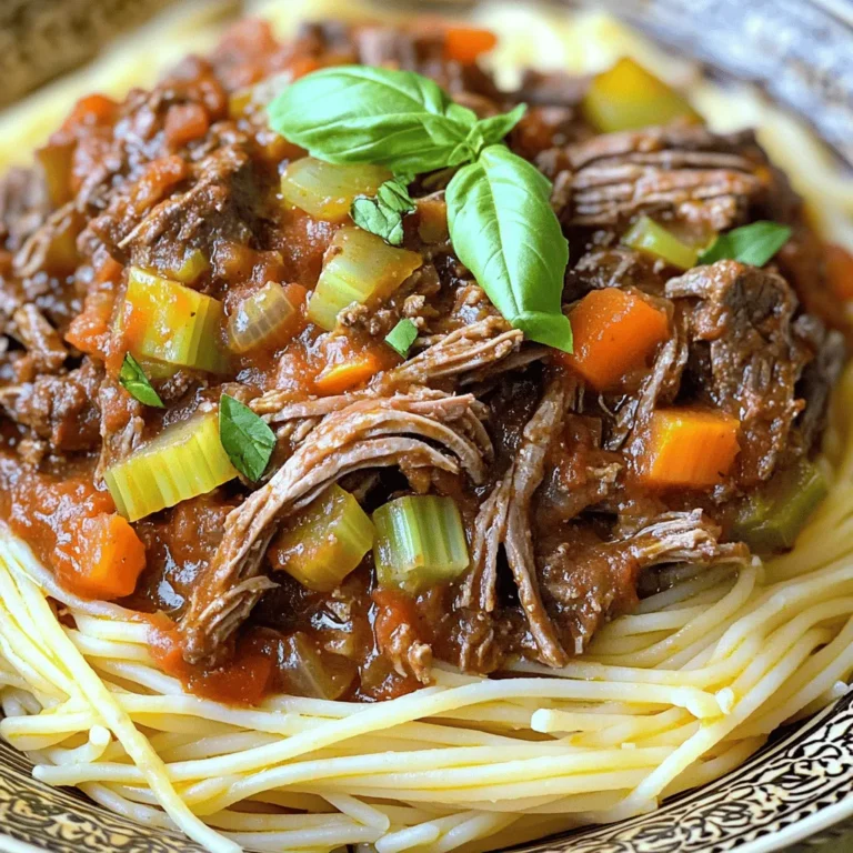 For the Slow Cooker Tuscan Beef Ragu, you will need: - 2 lbs beef chuck roast, cut into large chunks - 1 medium onion, finely chopped - 3 cloves garlic, minced - 1 carrot, diced - 1 celery stalk, diced - 1 can (14 oz) diced tomatoes - 1 cup beef broth - 2 tablespoons tomato paste - 1 tablespoon balsamic vinegar - 1 teaspoon dried basil - 1 teaspoon dried oregano - 1 teaspoon red pepper flakes (adjust to taste) - Salt and pepper to taste - Fresh basil leaves for garnish - Cooked pasta of your choice (for serving) Each ingredient brings its own flavor and texture. The beef chuck roast adds richness. The onion and garlic give depth. The carrot and celery add natural sweetness. If you don't have some ingredients, here are easy swaps: - Beef chuck roast: Use brisket or round roast. - Onion: Shallots work fine. - Garlic: Garlic powder can substitute. - Carrot: Use bell pepper for sweetness. - Celery: Zucchini can add texture. - Diced tomatoes: Crushed tomatoes can be used instead. - Beef broth: Vegetable broth is a good alternative. - Balsamic vinegar: Red wine vinegar can work too. These swaps still provide great flavor and keep the dish tasty. Fresh herbs can elevate your dish. Here are my top picks: - Basil: Adds a sweet and peppery taste. - Oregano: Offers a warm, aromatic flavor. - Thyme: Provides a subtle earthiness. Add these herbs near the end of cooking for the best flavor. Fresh herbs bring brightness to your ragu. Start with 2 lbs of beef chuck roast. Cut it into large chunks. Season the beef with salt and pepper. Next, finely chop 1 medium onion and mince 3 cloves of garlic. Dice 1 carrot and 1 celery stalk. These veggies add great flavor. In a skillet, heat a splash of oil over medium heat. Add the chopped onion, garlic, carrot, and celery. Sauté until soft, about 5-7 minutes. This step wakes up the flavors in your ragu. Once done, transfer the mixture to the slow cooker with the beef. In the slow cooker, add a can of diced tomatoes, including the juice. Pour in 1 cup of beef broth and add 2 tablespoons of tomato paste. Then, add 1 tablespoon of balsamic vinegar. Sprinkle in 1 teaspoon of dried basil, 1 teaspoon of dried oregano, and red pepper flakes. Stir gently to mix everything well. Cover the slow cooker. Cook on low for 8 hours or high for 4 hours. The beef should be tender and easy to shred. This slow cooking lets all the flavors blend together. After cooking, take two forks and shred the beef right in the slow cooker. Mix it into the sauce. Taste the ragu and add more salt and pepper if needed. Serve the ragu over your favorite cooked pasta. Garnish with fresh basil leaves for a pop of color and flavor. Enjoy the rich taste of Tuscan beef ragu! To boost the taste, consider adding more herbs. Fresh herbs like thyme or rosemary can add depth. You can also use red wine for a richer flavor. Just add a half cup before cooking. It adds a lovely warmth to the sauce. Always start with good-quality beef. This makes a big difference in taste. Cut the beef into large chunks, so it cooks evenly. Season each piece well with salt and pepper. After adding the veggies, mix them well before pouring in the liquids. This helps blend the flavors nicely. To get the best texture, cook the ragu on low heat. This allows the beef to become very tender. If you're short on time, high heat works, but low is better. Shred the beef in the slow cooker. This lets it soak up the sauce. If the sauce is too thin, remove the lid for the last hour. This helps it thicken up just right. {{image_2}} You can switch the beef chuck for other meats. Pork shoulder works well. It gives a nice, rich taste. You can also use chicken thighs for a lighter option. Just remember, chicken cooks faster, so check it early. To make a vegetarian or vegan ragu, try using mushrooms. They add a great texture and umami flavor. Replace the beef broth with vegetable broth. You can add lentils for protein. Another option is to use jackfruit, which shreds well and absorbs flavors. While pasta is a classic, there are many great ways to serve this ragu. Try it on polenta for a creamy twist. You can spoon it over mashed potatoes for comfort food. It also pairs nicely with crusty bread for dipping. For a light meal, serve it over zucchini noodles. Once you finish your Slow Cooker Tuscan Beef Ragu, let it cool. Place the ragu in an airtight container. You can store it in the fridge for up to four days. Make sure to label the container with the date. This helps keep track of freshness. If you want to save some for later, freezing works great. Portion the ragu into freezer-safe bags or containers. Remove as much air as possible to avoid freezer burn. You can freeze it for up to three months. When you are ready to eat, just thaw it in the fridge overnight. To reheat, you can use the stove or microwave. For the stove, place the ragu in a pan over low heat. Stir it often until it warms up. If using the microwave, heat in short bursts, stirring in between to ensure even warming. Always check the temperature before serving. It should be hot throughout. Enjoy your flavorful meal again! To check if the beef is cooked, look for tenderness. You can use two forks to shred it. If it pulls apart easily, it's done. The meat should also be a deep brown color. You can taste a small piece to ensure it has a rich flavor. If it’s tough, it needs more time to cook. Let it go longer until it reaches that melt-in-your-mouth quality. Yes, you can make Tuscan Beef Ragu on the stove or in an oven. For stove-top cooking, brown the beef in a pot first. After that, add the vegetables and other ingredients. Simmer on low heat for about 2 to 3 hours. If using an oven, cook it in a covered pot at 325°F for around 3 hours. Both methods will give you a delicious result. Tuscan Beef Ragu pairs perfectly with many dishes. Classic pasta, like tagliatelle or pappardelle, works great. You can also serve it with polenta or creamy mashed potatoes. For a lighter option, try it on a bed of sautéed greens. A side salad with a tangy vinaigrette complements the rich flavors too. Don't forget some crusty bread for dipping! This blog post covered how to make a tasty Tuscan Beef Ragu. We explored the ingredients you need, from fresh herbs to substitutes. I also shared tips to enhance flavor and texture in your slow cooker. You learned about different meat options and vegetarian variations too. Finally, I explained how to store and reheat your ragu. Enjoy experimenting with this recipe. You can customize it to fit your taste. Whether you stick to beef or try something new, your ragu will shine. Happy cooking!