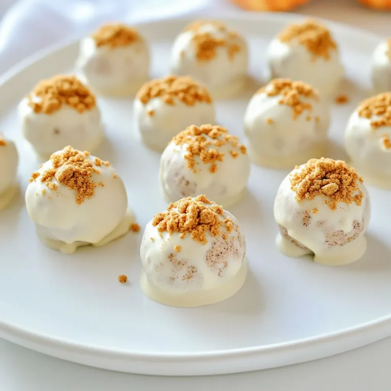 - 1 package (15.5 oz) Pumpkin Spice Oreo cookies - 8 oz cream cheese, softened - 1 cup white chocolate chips - 1 tablespoon coconut oil - 1 teaspoon pumpkin pie spice - Crushed graham crackers or pecans for rolling Pumpkin Spice Oreo cookies give these truffles their flavor. They blend well with cream cheese. The cream cheese adds a creamy texture. White chocolate makes a sweet coating. Coconut oil helps the chocolate melt smoothly. Pumpkin pie spice boosts the fall flavor. No cream cheese? Use mascarpone for a similar taste. Prefer dark chocolate? It can replace white chocolate easily. If you want a nut-free option, skip the pecans or graham crackers. Instead, use crushed cookies to roll truffles. This keeps the recipe simple and still tasty. To start, grab a food processor. Add the Pumpkin Spice Oreo cookies to the bowl. Pulse them until they turn into fine crumbs. This will take just a minute. Next, take your softened cream cheese and add it to the crumbs. Blend until it forms a thick dough. You want it smooth and well mixed. If you need a little help, stop and scrape down the sides of the bowl. Once your mixture is ready, it’s time to shape the truffles. Use your hands to scoop out about one tablespoon of the dough. Roll it into a ball, about one inch wide. Place each ball on a parchment-lined baking sheet. Make sure they have some space in between. You should end up with about 24 truffles. After shaping, pop the baking sheet in the freezer for about 30 minutes. This helps them firm up. Now let’s melt the white chocolate. In a microwave-safe bowl, combine the white chocolate chips and coconut oil. Heat this in the microwave in 30-second bursts. Stir in between each burst until it’s smooth. Be careful not to overheat it. Once melted, stir in the pumpkin pie spice for that extra kick. This will make your truffles even more tasty! To get the best texture, start with finely crushed Oreo cookies. Use a food processor for a smooth mix. The cream cheese should be soft. This makes it easy to blend. You want a dough-like feel when you mix both. If it feels too dry, add a bit more cream cheese. If it’s too wet, add more crushed cookies. One big mistake is not freezing the truffles long enough. If you skip this step, they can fall apart when dipped. Also, be careful not to overheat the white chocolate. Heat it in short bursts and stir well. This keeps it smooth and creamy. Lastly, don’t skip the pumpkin pie spice. It really boosts the flavor! You can easily add more flavor to your truffles. Try mixing in a bit of cinnamon with the cookie mixture. You can also use dark chocolate instead of white chocolate for a richer taste. Adding a pinch of sea salt on top can also enhance the sweetness. For a fun twist, consider adding a splash of vanilla extract to the cream cheese mix. This adds warmth and depth to the flavor. {{image_2}} You can change the flavor of your truffles easily. Try using mint or peanut butter Oreos for a twist. Just crush them like you do with the pumpkin spice ones. Then, mix in cream cheese as before. You can even add a splash of vanilla extract for extra taste. This simple change makes your truffles unique and fun! While white chocolate looks great, other coatings can spice things up. You can use milk chocolate or dark chocolate instead. Each type gives a new taste to your truffles. If you want a crunch, sprinkle crushed nuts or coconut on top. You can also roll truffles in cocoa powder for a rich, dark flavor. These options make your truffles more appealing and delicious. Don't limit yourself to pumpkin spice! There are many Oreo flavors to try. Use classic Oreos for a simple, chocolatey treat. Golden Oreos add a sweet vanilla touch. If you find seasonal flavors, grab them! Each flavor can change your truffles completely. Just keep the cream cheese and chocolate coating the same. This way, you can enjoy different tastes with each batch! To keep your Pumpkin Spice Oreo truffles fresh, store them in an airtight container. Place a piece of parchment paper between layers to prevent sticking. This method helps maintain their shape and taste. You can keep them in the fridge or at room temperature for short periods. When stored properly, these truffles last about one week in the fridge. If you want to enjoy them longer, freezing is a great option. Always check for any signs of spoilage before eating. The truffles may lose some texture over time, but they will still taste good. To freeze the truffles, first, let them set in the fridge. Once firm, place them in a single layer on a baking sheet. Freeze for about two hours until solid. Then, transfer them to a freezer-safe bag or container. They can stay frozen for up to three months. When ready to eat, let them thaw in the fridge before enjoying. Yes, you can make these truffles ahead of time. They hold up well in the fridge. I often prepare them a day before a party. This way, I save time and still impress guests with a treat. Just store them in an airtight container. Keep them cool to maintain that rich taste. If you prefer not to use white chocolate, consider using dark chocolate. Dark chocolate adds a nice contrast to the truffles' sweetness. You could also try milk chocolate for a creamier taste. Just melt it the same way, and dip the truffles as you would with white chocolate. Unfortunately, Pumpkin Spice Oreo cookies contain gluten. They are not safe for those with gluten allergies. If you want a gluten-free option, use gluten-free cookies. There are many brands that offer gluten-free chocolate sandwich cookies. Just make sure to check the packaging before using them. To create delicious Oreo truffles, we covered essential ingredients, steps, and tips. We explored common ingredient swaps and shared ways to tweak flavors and coatings. Storing and freezing your truffles correctly ensures they last longer. By avoiding pitfalls and using the right techniques, you can perfect these treats. Remember, experimenting with flavors opens new possibilities. Now you’re ready to make tasty truffles that impress. Enjoy the process and have fun sharing your treats with others!