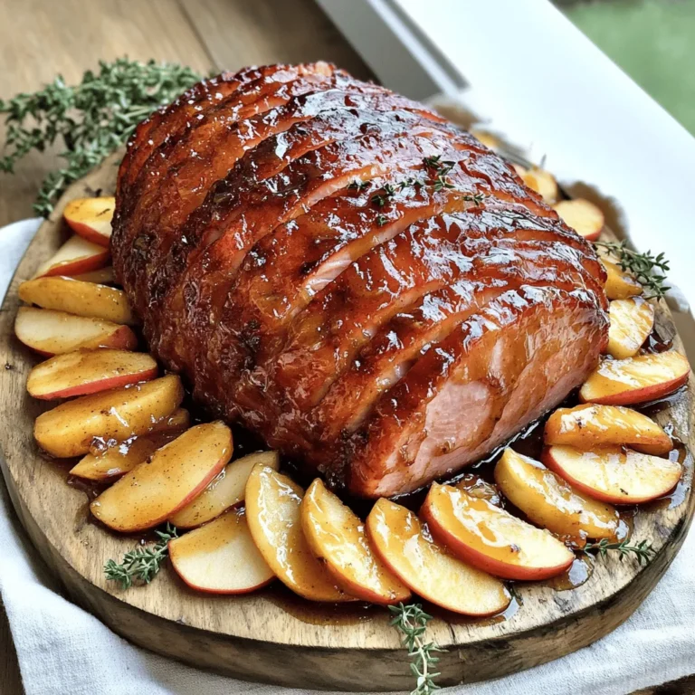 To make this slow cooker maple apple glazed ham, gather these key ingredients: - 1 fully cooked ham (about 5-7 pounds) - 1 cup apple cider - 1/2 cup pure maple syrup - 1/4 cup brown sugar - 1 tablespoon Dijon mustard - 1/2 teaspoon ground cinnamon - 1/4 teaspoon ground nutmeg - 1/4 teaspoon black pepper - 2 cups apple slices (fresh or canned, drained) - Optional: Fresh thyme sprigs for garnish These ingredients come together to create a sweet and savory flavor that really shines. You can change some ingredients to make this dish even better. Here are a few ideas: - Use spiced apple cider for extra warmth. - Swap brown sugar for honey for a lighter glaze. - Add a splash of orange juice for a citrus twist. - Try adding chopped pecans or walnuts for crunch. Each variation brings a new taste to the dish while keeping its core flavor. If you have dietary needs, don’t worry! Here are some substitutes: - For a lower-sugar option, use sugar-free maple syrup. - Swap Dijon mustard for a gluten-free version if needed. - Use coconut sugar instead of brown sugar for a healthier choice. - For vegetarians, consider a vegetable roast with a similar glaze. These swaps help you enjoy the dish while sticking to your dietary goals. Start with your fully cooked ham. It should weigh about 5 to 7 pounds. Place it in the slow cooker, flat side down. If the ham has a thick rind, trim it. This helps the glaze soak in better. Make sure it fits well in the cooker. A snug fit helps it cook evenly. In a medium bowl, gather your glaze ingredients. You will need: - 1 cup apple cider - 1/2 cup pure maple syrup - 1/4 cup brown sugar - 1 tablespoon Dijon mustard - 1/2 teaspoon ground cinnamon - 1/4 teaspoon ground nutmeg - 1/4 teaspoon black pepper Whisk these ingredients together until smooth. This mix will give your ham a sweet and savory taste. Once combined, pour the glaze over the ham. Make sure the ham is well-coated. Cover the slow cooker with a lid. You can cook the ham on low for 6 to 8 hours. If you're short on time, use high for 4 to 5 hours. The ham will be heated through and tender when done. Remember to baste the ham every hour if you can. This keeps it moist and flavorful. When the cooking time is up, carefully remove the ham. Let it rest for about 15 minutes before slicing. This helps the juices settle. Enjoy the delicious flavors of your maple apple glazed ham! To get the best glaze, mix apple cider, maple syrup, brown sugar, Dijon mustard, ground cinnamon, nutmeg, and black pepper. Whisk this mix well until it is smooth. The sweet and spicy flavors blend to create a nice coating for the ham. Pour it over the ham evenly. You want every bite to be infused with flavor. For extra shine, baste the ham with the glaze every hour while it cooks. Start with a fully cooked ham, weighing about 5-7 pounds. Place it flat side down in the slow cooker. This helps the glaze soak in well. If your ham has a thick rind, trim it to improve glaze absorption. Cook on low for 6-8 hours or high for 4-5 hours. This slow cooking ensures the ham becomes tender and tasty. Basting is key! It keeps the meat moist and adds flavor. After enjoying your ham, slice leftovers thinly for easy meals. You can add the slices to sandwiches or salads. Pair the ham with fresh apple slices or a side of roasted veggies. For a fun twist, use it in a breakfast scramble with eggs and cheese. You can also freeze leftover ham for later use. Just make sure to wrap it well to keep it fresh. {{image_2}} To make your maple apple glazed ham even tastier, consider adding some fun flavors. You can mix in a splash of bourbon or rum to the glaze. This will add a rich depth to your dish. You might also try adding some chopped garlic for a savory twist. If you like a little heat, a pinch of cayenne pepper can add a kick. You can even toss in some chopped nuts, like pecans or walnuts, for added crunch. While the slow cooker is great, you can also roast your ham in the oven. Preheat your oven to 325°F. Place the ham in a roasting pan with the glaze poured over it. Roast for about 15-20 minutes per pound. Baste it every 30 minutes to keep it moist. Another option is to use an Instant Pot. Cook on high pressure for about 15 minutes per pound. This method will save time while still giving you that delicious flavor. You can switch out ingredients based on what’s in season. In spring, consider using fresh herbs like rosemary or sage. In summer, peaches or apricots can add a sweet touch. In fall, use pumpkin spice instead of cinnamon for a cozy flavor. In winter, try adding a few cloves or allspice for warmth. These simple changes can keep your dish fresh and exciting every time you make it. To store leftover ham, first let it cool. Wrap it tightly in plastic wrap or foil. You can also use an airtight container. This keeps the ham fresh and juicy. Store it in the fridge for up to four days. Make sure you label the container with the date. This way, you will know when to use it. For long-term storage, freezing is your best bet. Slice the ham into smaller portions for easy use. Wrap each piece in plastic wrap. Then, place the wrapped ham into a freezer bag. Remove as much air as possible before sealing. You can freeze it for up to three months. When you are ready to use it, thaw it in the fridge overnight. Reheating ham can keep it tasty. Place the slices in a baking dish. Add a splash of apple cider or water to keep it moist. Cover the dish with aluminum foil. Heat it in the oven at 325°F (160°C) for about 15-20 minutes. You want it warm but not dry. If you prefer, you can also reheat ham slices in the microwave. Just make sure to cover them to trap moisture. Enjoy each bite of that delicious flavor! You should cook a ham in a slow cooker for 6 to 8 hours on low. If you choose high, it will take about 4 to 5 hours. The ham is fully cooked, so the goal is to warm it through and make it tender. Use a meat thermometer to check that the internal temperature reaches 140°F for safety. Yes, you can use other meats like turkey or pork loin. The glaze will work well with these meats, too. Just adjust the cooking time based on the meat's weight and type. For turkey, aim for about 4 to 6 hours on low, depending on size. For pork loin, use the same time as for the ham. This ham pairs well with several sides. Here are some great options: - Roasted vegetables, like carrots and Brussels sprouts - Mashed potatoes or sweet potatoes - A fresh green salad with nuts and fruit - Bread rolls to soak up the glaze - Applesauce for a sweet contrast These sides will enhance the meal and balance the flavors of the ham. This article covered essential ingredients for your ham, plus tips for cooking and storage. You learned about mixing a tasty glaze and variations to enhance flavor. Remember, you can substitute ingredients to suit dietary needs. Taking these steps ensures a delicious meal. Focus on your cooking techniques for the perfect dish. Enjoy your time in the kitchen, and don’t forget to share your leftovers!