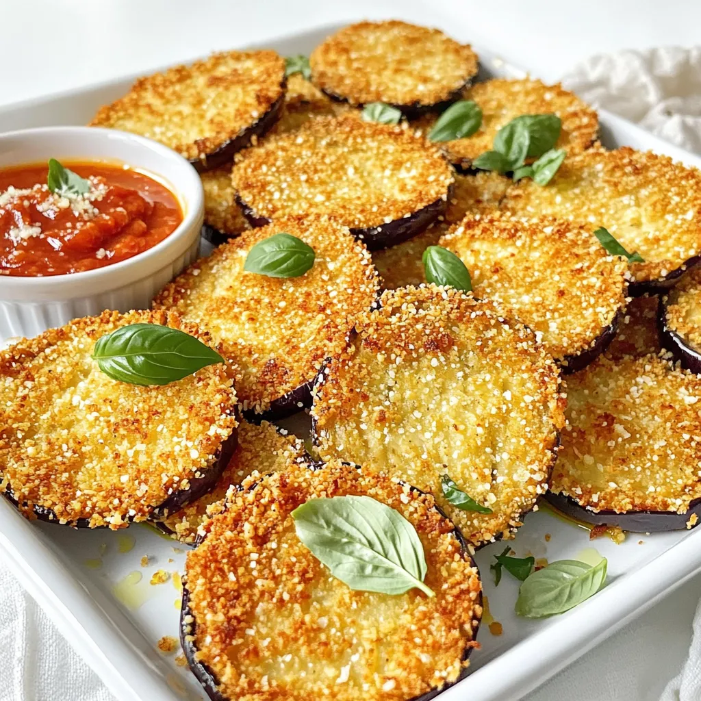 - 1 medium eggplant, sliced into 1/2-inch thick rounds - 1 cup panko bread crumbs - 1/2 cup grated Parmesan cheese - 1 teaspoon garlic powder - 1 teaspoon onion powder - 1 teaspoon Italian seasoning - Salt and pepper to taste - 2 large eggs, beaten - Cooking spray or olive oil for misting Gather these items for a simple and tasty dish. The eggplant is the star of this recipe. It brings a unique flavor and texture. The panko bread crumbs add crunch. Parmesan cheese gives a rich taste. Garlic powder, onion powder, and Italian seasoning boost the flavor profile. Salt and pepper round out the seasoning. Beaten eggs help the breading stick well. Finally, cooking spray or olive oil ensures the eggplant crisps up nicely in the air fryer. This combination makes a delightful dish. You can easily find all these ingredients. They work together to create a crispy, savory treat. Start by slicing the eggplant into 1/2-inch thick rounds. Place these slices in a colander. Sprinkle salt evenly over them. This step helps draw out moisture and bitterness. Let the eggplant sit for about 30 minutes. After that, rinse the slices under cold water. This removes excess salt and bitterness. Finally, pat them dry with paper towels. This step gets rid of extra moisture, making your eggplant crispier. Next, let’s prepare the breading station. In one shallow dish, mix panko bread crumbs, grated Parmesan cheese, garlic powder, onion powder, Italian seasoning, salt, and pepper. Mix well to ensure even seasoning. In another bowl, place the beaten eggs. Now, dip each eggplant slice into the eggs, coating it fully. Then, press the slice into the breading mix. Make sure to coat both sides evenly. This helps create a golden crust when air frying. Before cooking, preheat your air fryer to 375°F (190°C) for about 5 minutes. This ensures even cooking. Arrange the breaded eggplant slices in a single layer in the air fryer basket. Do not overcrowd the basket; this may need to be done in batches. Lightly mist the tops with cooking spray or olive oil. This adds to the crispiness. Cook the eggplant for about 12-15 minutes. Flip them halfway through cooking. The eggplant should turn golden brown and crispy. Check if the inside is tender. Enjoy your crispy air fryer Parmesan crusted eggplant! To get that perfect crunch, use cooking spray or olive oil. A light mist helps the breading brown well. This step is key for a crispy finish. Overcrowding the air fryer is a big no-no. Arrange the eggplant slices in a single layer. If you stack them, they won't cook evenly. You can change up the flavor with different seasonings. Try paprika for a smoky touch or cayenne for heat. Mix in some fresh herbs too! Serve the crispy eggplant with marinara sauce or a creamy dip. A sprinkle of extra Parmesan on top always elevates the dish. You can pair it with a fresh salad to balance the flavors. {{image_2}} For a fun twist, try different kinds of cheese. You can use mozzarella or cheddar for a creamier taste. Each cheese brings its own flavor, making the dish unique. Mixing cheeses can also give a richer crust. If you need a gluten-free option, swap panko with crushed gluten-free crackers. Almond flour can work too, providing a nice crunch. It’s great for those with gluten sensitivities while keeping the dish delicious. Mixing eggplant with other vegetables can create a colorful dish. Try adding zucchini or bell peppers for extra flavor and nutrients. Cut them into similar sizes for even cooking. Seasonal vegetables can also make this dish shine. In summer, use fresh tomatoes or squash. In fall, try adding roasted pumpkin or butternut squash. These fresh produce options enhance the taste and make it more vibrant. To store cooked eggplant, let it cool first. Place the slices in an airtight container. You can also use a resealable bag. Make sure to remove as much air as possible. This helps keep it fresh. Store it in the fridge. It lasts about 3 to 5 days. If you want to keep it longer, consider freezing it. Just remember that freezing may change the texture. To reheat the eggplant while keeping it crispy, use an oven. Set it to 350°F (175°C). Place the slices on a baking sheet. Bake for about 10 minutes. Check to see if it’s warm and crispy. If you use a microwave, it may get soggy. So, avoid it if you can. Enjoy your crispy air fryer Parmesan crusted eggplant again and again! Yes, you can use fresh eggplant. Fresh eggplant has a better texture and taste. It stays firmer when cooked. Frozen eggplant can become mushy and watery. If you use fresh, make sure to slice it thick enough. This keeps it from falling apart in the air fryer. To prevent bitterness, salt the eggplant slices. Sprinkle salt on them and let them sit for 30 minutes. This draws out moisture and bitterness. After that, rinse the slices well. Pat them dry with paper towels. This step makes a big difference in flavor. I love serving this eggplant with marinara sauce for dipping. It adds a nice tangy flavor. You can also pair it with a fresh salad or garlic bread. For a fun twist, try a yogurt dip or pesto. These options complement the eggplant well. This blog post covered how to make tasty air fryer Parmesan crusted eggplant. We discussed the key ingredients, step-by-step preparation, and helpful tips for extra crispiness. You learned about variations like different coatings and adding veggies. Lastly, we touched on storage and reheating methods for your leftovers. Enjoy this dish as a snack or side! Try new flavors and pairings for fun ways to serve it. Happy cooking!