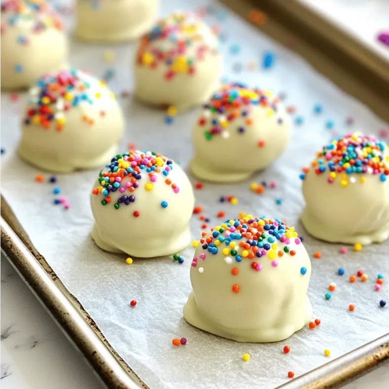 - 8 oz cream cheese, softened - 1 cup powdered sugar - 1 cup vanilla cake mix (dry) - 1 cup sprinkles (rainbow or themed) - 1/2 cup vanilla extract - 1 cup white chocolate chips - 1 tablespoon coconut oil (for melting chocolate) When measuring ingredients, use dry measuring cups for the cake mix and sugar. For the cream cheese, use a scale or standard measuring cup. Liquid ingredients like vanilla extract should be measured with a liquid measuring cup. This ensures you get the right amount for perfect truffles. You will need a few key tools: - Large mixing bowl - Hand mixer - Baking sheet - Parchment paper - Microwave-safe bowl - Fork or toothpick for dipping These tools help make the process smooth and fun. First, grab a large mixing bowl. Place 8 oz of softened cream cheese inside. Use a hand mixer to beat it until it's smooth and creamy. This step makes your base rich and tasty. Gradually add 1 cup of powdered sugar. Keep mixing until you see no lumps. Next, add 1 cup of dry vanilla cake mix. This gives the truffles their cake flavor. Stir well to combine everything evenly. Now, pour in 1/2 cup of vanilla extract. This adds sweetness and depth. Finally, mix in half of the 1 cup of sprinkles. These will bring a festive touch to your mixture. Once your mixture is well mixed, it’s time to shape it. Use your hands to scoop out small balls, about 1 inch wide. Place these balls on a baking sheet lined with parchment paper. Make sure they are spaced out so they don’t stick together. After shaping the truffles, place the baking sheet in the freezer. Let them chill for about 30 minutes. This helps them firm up and makes them easier to coat in chocolate. While your truffles chill, it's time to melt the chocolate. In a microwave-safe bowl, add 1 cup of white chocolate chips and 1 tablespoon of coconut oil. Heat this mixture in 30-second bursts. Stir in between until it's completely smooth. Once melted, take each truffle out of the freezer. Dip each one into the melted chocolate, fully coating it. Use a fork or toothpick to lift the truffle out. Tap off any extra chocolate before placing it back on the baking sheet. Now, sprinkle the remaining sprinkles on top while the chocolate is still wet. This makes them look fun and festive. Finally, return the dipped truffles to the fridge for 15-20 minutes to let the chocolate harden completely. Now, your birthday cake cheesecake truffles are ready to enjoy! Mixing is key to great truffles. Start with room-temperature cream cheese. This helps it blend smoothly. Use a hand mixer for the best results. Beat the cream cheese until it’s creamy. Then, add the powdered sugar and cake mix slowly. This way, you avoid lumps. Mix until smooth, then add the vanilla extract. Fold in the sprinkles gently. You want them evenly spread in the mix. You can make these truffles your own! Try using chocolate cake mix instead of vanilla for a different flavor. You could also swap out the white chocolate for dark chocolate. Want a fun twist? Add a splash of almond extract. You can change the sprinkles too. Use holiday-themed sprinkles for a festive touch. You can even roll the truffles in crushed nuts or cookies for extra crunch. Watch out for these common mistakes. Don’t skip chilling the truffles before dipping. If they are too soft, they won’t hold their shape. Also, don’t rush melting the chocolate. Heat it slowly and stir often. If the chocolate gets too hot, it can seize. Lastly, sprinkle the truffles right after dipping. If the chocolate sets, the sprinkles won’t stick. {{image_2}} You can play with flavors to make these truffles even more fun. Try using chocolate cake mix instead of vanilla for a chocolate twist. You can also add peanut butter or caramel for a richer taste. Want something fruity? Toss in some lemon or orange zest to brighten up the flavor. Each variation offers a new taste that can make your truffles special for any celebration. If you want gluten-free truffles, just use a gluten-free cake mix. This change keeps the same great taste while ensuring everyone can enjoy them. For a vegan option, swap the cream cheese with a vegan cream cheese. Use powdered sugar and vegan chocolate chips too. These simple swaps keep the truffles delicious and friendly for different diets. Decorating your truffles can be a blast! Depending on the theme, you can use colored sprinkles to match any party. For a holiday, use red and green sprinkles for Christmas or pastel colors for Easter. You can even drizzle colored chocolate on top for a fun look. Get creative! The right decor can turn your truffles into a show-stopping treat. To keep your Birthday Cake Cheesecake Truffles fresh, store them in an airtight container. Place parchment paper between layers to prevent sticking. You can keep them in the fridge for up to one week. This helps maintain their creamy texture and delicious taste. You can freeze these truffles for longer storage. First, chill them in the fridge for about 30 minutes. Then, place them in a single layer on a baking sheet and freeze until solid. Once frozen, transfer them to a freezer-safe bag. They can stay frozen for up to three months. Thaw them in the fridge before serving. These truffles taste best when fresh but can last a while. If stored properly, they remain good for about a week in the fridge. Check for any off smells or changes in texture before eating. Enjoy your treats while they are at their best! Yes, you can! You may use dark or milk chocolate instead of white chocolate. Each type brings a unique taste. Dark chocolate adds a rich flavor. Milk chocolate is sweeter and creamier. Just remember to melt it the same way as white chocolate. These truffles can stay fresh for about one week. Keep them in an airtight container. Store them in the fridge for the best taste. If you want to keep them longer, you can freeze them. They can last up to three months in the freezer. If your mixture is too soft, chill it in the fridge. This helps it firm up for easier shaping. You can also add a bit more dry cake mix if needed. Just mix until it all comes together. Then, shape the truffles and freeze them again before dipping in chocolate. This blog post covered all you need to know about making cheesecake truffles. We explored ingredients, measurements, and essential tools first. Then, I shared a clear step-by-step guide to help you create delicious truffles. Tips on mixing, customization, and common mistakes will ensure your success. You can try different flavors, adjust for diets, and even get creative with decor. With proper storage, your truffles will stay fresh and tasty. Enjoy making these sweet treats and impress everyone around you!