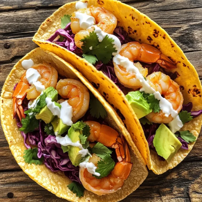 For these garlic shrimp tacos, you need: - 1 lb large shrimp, peeled and deveined - 4 cloves garlic, minced - 2 tablespoons olive oil These ingredients create a tasty base for the dish. The large shrimp add a nice bite. Minced garlic brings in a wonderful aroma and flavor. Olive oil helps to cook the shrimp and adds richness. To boost the flavor, gather: - 1 teaspoon smoked paprika - 1 teaspoon cumin - 1 teaspoon chili powder (optional) Smoked paprika gives a warm, smoky flavor. Cumin adds an earthy taste that pairs well with the shrimp. If you like heat, chili powder can spice things up. To finish your tacos, prepare: - 1 cup red cabbage, thinly sliced - 1 avocado, sliced - Fresh cilantro, for garnish - ½ cup sour cream or Greek yogurt Red cabbage adds a crunchy texture and vibrant color. Sliced avocado brings creaminess to each bite. Fresh cilantro gives a pop of freshness. Sour cream or Greek yogurt adds a tangy touch to the tacos. These toppings make every bite exciting and delicious! - Gather your marinade ingredients: shrimp, garlic, olive oil, smoked paprika, cumin, lime juice, salt, and pepper. - In a medium bowl, add the shrimp. Then, mix in minced garlic, olive oil, smoked paprika, cumin, lime juice, salt, and pepper. - Toss the shrimp until they are well coated. Let them marinate for 15-20 minutes. This makes the shrimp full of flavor. - Heat a large skillet over medium-high heat. You want it hot for best results. - Add the marinated shrimp to the hot skillet. Cook them for 2-3 minutes on each side. They will turn pink and opaque when done. - Avoid overcrowding the pan. Cook the shrimp in batches if needed. This helps them cook evenly. - In another pan, warm the corn tortillas over medium heat. Heat them for about 30 seconds on each side. They should be soft and pliable. - To assemble the tacos, place a few shrimp on each tortilla. - Add sliced red cabbage, avocado slices, and a drizzle of sour cream or Greek yogurt. - Finish with fresh cilantro. If you enjoy spice, sprinkle some chili powder on top. Enjoy every bite! To make great garlic shrimp tacos, it is key to avoid overcooking the shrimp. Cook them just until they turn pink. This takes about 2-3 minutes per side. Overcooked shrimp can become tough. Marinating the shrimp is also important. Use a mix of garlic, olive oil, and spices. Let them sit for 15-20 minutes. This allows the flavors to soak in. If you can, marinate them longer for even more flavor. For the best taste, I recommend using four cloves of garlic. This amount gives a strong garlic flavor without being too much. If you love garlic, feel free to add more. You can also mix in some extra spices. A teaspoon of chili powder can add heat. You might try adding fresh herbs or a pinch of cayenne for a kick. When plating your tacos, stack them neatly on a plate. Use a clean white plate to make the colors pop. Add a sprinkle of fresh cilantro on top for a vibrant look. For garnish, slice lime wedges and place them on the side. This gives a fresh touch. You can also include extra avocado slices for a creamy bite. {{image_2}} You can swap shrimp for other seafood. Try scallops or fish like tilapia. If you want a meat option, chicken works well too. You can also use tofu for a plant-based choice. For toppings, get creative! Instead of red cabbage, use shredded lettuce or slaw. Add mango salsa for a sweet touch. You could also try a spicy sauce like chipotle mayo. If you love heat, add jalapeños or a dash of hot sauce. You can mix chili powder with smoked paprika for a deeper flavor. Try adding cayenne or a pinch of crushed red pepper. This gives the tacos a nice kick. You can also try infused oils, like chili oil, for a unique twist. For a vegetarian taco, use black beans or grilled veggies. Zucchini, bell peppers, and corn work great. You can also use lentils for protein. For toppings, use avocado, salsa, or a zesty lime crema. These options keep the tacos tasty and hearty without meat. To keep your garlic shrimp tacos fresh, store leftovers in the fridge. Place the shrimp, toppings, and tortillas in separate containers. Use airtight containers to prevent moisture loss. This helps maintain flavors and textures. - Shrimp: Store in a sealed container for up to 2 days. - Tortillas: Wrap in foil or plastic wrap to avoid drying out. - Toppings: Keep red cabbage, avocado, and cilantro in airtight containers. When you want to enjoy your tacos again, reheating is key. For shrimp, warm them gently in a skillet. Heat them on low to avoid overcooking. Stir them often, so they warm evenly. To keep tortillas soft, wrap them in a damp paper towel. Microwave them for about 15-20 seconds. This helps them stay pliable and ready for your delicious shrimp. Enjoy your meal! The best shrimp for tacos are large, peeled, and deveined. Look for shrimp that are fresh and firm. You can use frozen shrimp too; just thaw them in cold water. Fresh shrimp adds a great taste. Yes, you can make parts of these tacos ahead. Marinate the shrimp a few hours in advance. You can also slice the toppings earlier. Just store them in the fridge until you’re ready to eat. Yes, garlic shrimp tacos can be gluten-free. Use corn tortillas, as they are naturally gluten-free. Always check the labels to ensure no gluten ingredients are included in your toppings. To make a simple sauce, mix sour cream with lime juice and a pinch of salt. You can add chopped cilantro for extra flavor. This sauce pairs well with the garlic shrimp and adds a nice creaminess. This blog post covered how to make delicious shrimp tacos from scratch. We talked about key ingredients like shrimp, garlic, and olive oil. Then, we walked through marinating and cooking the shrimp. I shared tips for perfecting flavor and plating your tacos nicely. Remember, you can swap ingredients and even make a vegetarian version. Store leftovers properly and reheat with care. Enjoy making these tacos and impressing your friends and family! Tasty meals like these bring joy to everyone.