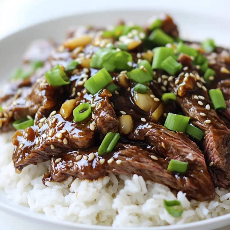 - 1 lb beef flank steak, thinly sliced against the grain - 1/4 cup cornstarch - 2 tablespoons vegetable oil The beef flank steak is key. It gives the dish its rich flavor. Slicing against the grain keeps it tender. Cornstarch helps the beef get a nice crust. It also thickens the sauce later. Vegetable oil is perfect for cooking. It has a high smoke point and allows for great browning. - 1/2 cup soy sauce - 1/3 cup brown sugar - 1 tablespoon hoisin sauce Soy sauce adds saltiness and depth. It’s a must for Mongolian beef. Brown sugar balances the salt with sweetness. It helps create a lovely glaze. Hoisin sauce adds a hint of sweetness and a rich flavor. It’s sweet and a bit tangy, which works well. - 4 cloves garlic, minced - 1 inch piece ginger, grated - 4 green onions, chopped (white and green parts separated) Garlic brings a strong aroma and flavor. Ginger adds warmth and a slight spice. Green onions give freshness and a pop of color. Use the white parts for cooking and the green for garnishing. This mix of aromatics boosts the dish's flavor. It makes your kitchen smell amazing! - To start, take your beef flank steak and slice it thinly against the grain. This makes it tender. - In a medium bowl, toss the sliced beef with 1/4 cup of cornstarch until it is evenly coated. The cornstarch gives the beef a nice crisp. - Let the beef sit for 10 minutes. This allows the cornstarch to stick to the meat well. - Heat 2 tablespoons of vegetable oil in a large skillet or wok over medium-high heat. - Once the oil is hot, add the coated beef. Sauté it for about 4-5 minutes. - You want the beef to brown nicely and cook through. Once done, remove the beef from the skillet and set it aside. - In the same skillet, add the white parts of 4 chopped green onions, 4 minced garlic cloves, and 1 inch of grated ginger. - Stir-fry these for about 1-2 minutes until they smell great. - In a small bowl, whisk together 1/2 cup of soy sauce, 1/3 cup of brown sugar, 1 tablespoon of hoisin sauce, 1 teaspoon of sesame oil, and 1/4 teaspoon of crushed red pepper flakes if you want some heat. - Pour this sauce mixture into the skillet and bring it to a simmer. - Return the cooked beef to the skillet. Toss it in the sauce until it is well-coated. - Cook for an additional 1-2 minutes to heat everything through. - Finally, remove the skillet from heat and stir in the green parts of the chopped green onions. Flank steak is the star of this dish. It has a great texture and flavor. Other cuts can work, but flank steak gives the best results. When slicing, always cut against the grain. This helps make the beef tender and easier to chew. You can make this dish even better with spices. Try adding a dash of black pepper or garlic powder. If you want it sweeter, add more brown sugar. To balance flavors, adjust the soy sauce for saltiness. Taste as you go to find your perfect mix. Using a wok can change your cooking game. It heats evenly and allows for quick stir-frying. If you don’t have one, a skillet works fine. Just keep the heat high to sear the beef well. Make sure to control the temperature. Too low, and the beef won’t brown. Too high, and it may burn. Find that sweet spot for the best results. {{image_2}} You can easily make this dish vegetarian. Use plant-based proteins like tofu or seitan. Both options soak up flavor well. For a great texture, press the tofu to remove excess water. This helps it get crispy when cooked. For the sauce, swap soy sauce with tamari for a gluten-free option. You can use maple syrup instead of brown sugar. If you want a richer taste, add a bit of peanut butter to the sauce. It gives a nice twist! Want more heat? Add red pepper flakes to the sauce. Start with 1/4 teaspoon and adjust as needed. You can also use chili garlic sauce or sriracha. Both add bold flavor and spice. For a smoky touch, try adding chipotle sauce. It brings a unique taste that pairs well with the beef. Always taste as you go to find your perfect heat level! Serve your Mongolian beef over fluffy rice or noodles. Both options soak up the sauce nicely. For a lighter choice, use steamed vegetables or cauliflower rice. You can also add a garnish of sesame seeds and green onions. This adds color and crunch. Try serving it with a side of stir-fried veggies for a complete meal. Enjoy experimenting with different bases! To keep your leftovers fresh, store them in an airtight container. Place the Mongolian beef in the fridge right after it cools. This helps prevent spoilage. The beef can last for up to three days in the fridge. When you want to reheat, use a skillet over medium heat. This method warms the beef evenly. Stir it gently to avoid overcooking. You can also use a microwave. Heat in short bursts, stirring in between, until warm. If you want to save Mongolian beef for later, freezing is the best option. Place cooled beef in a freezer-safe bag or container. Make sure to remove as much air as possible. This helps keep the flavor and texture. To thaw, move the beef from the freezer to the fridge. Leave it there overnight. If you're in a hurry, you can use the microwave. Use the defrost setting and heat in short bursts. After thawing, reheat using the same methods as before. Mongolian beef stays good in the fridge for about three days. In the freezer, it can last up to three months. Always check for any off smells or changes in texture before consuming. Proper storage helps maintain its delicious taste and texture. Yes, you can. If flank steak is not available, try using sirloin or ribeye. These cuts are tender and flavorful. Slice them thinly for the best texture. You can also use skirt steak, which has a nice beefy taste. Just remember to cut against the grain for tenderness. This recipe is not gluten-free, as it uses soy sauce. You can substitute regular soy sauce with tamari or coconut aminos. Both options work well and add great flavor. Make sure to check labels for other ingredients that may contain gluten. To add heat, include more crushed red pepper flakes. You can also use sriracha or chili paste in the sauce. Start with a small amount and taste as you go. Adjust until you reach your desired spice level. Fresh sliced chili peppers can also add warmth and color. Mongolian beef goes great with steamed rice or fried rice. Noodles are another tasty option. You can also serve it with stir-fried vegetables, like broccoli or bell peppers. A simple cucumber salad adds a nice crunch and freshness. This guide covers all you need for perfect Mongolian beef. You learned about main ingredients, cooking steps, and tips for flavor. We discussed veggie options too. Remember, tweaking spices can make it your own. Store leftovers properly to prevent waste. With these insights, you'll impress everyone at the table. Enjoy your cooking journey and savor every bite!