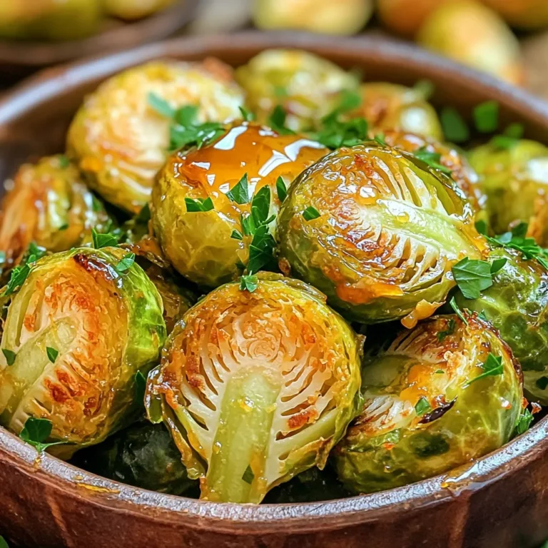When making Air Fryer Honey Mustard Brussels Sprouts, you need fresh and simple ingredients. Here is what you will need: - 1 lb Brussels sprouts, trimmed and halved - 2 tablespoons honey - 2 tablespoons Dijon mustard - 2 tablespoons olive oil - 1 teaspoon garlic powder - 1/2 teaspoon salt - 1/4 teaspoon black pepper - 1/4 teaspoon smoked paprika - Fresh parsley, for garnish Each ingredient plays a key role in creating a tasty dish. The Brussels sprouts provide the base, while honey and Dijon mustard make the perfect sweet and tangy sauce. Olive oil helps them crisp up nicely in the air fryer. Garlic powder adds depth, and the spices bring warmth and flavor. Finally, fresh parsley gives a pop of color and freshness. When you gather these ingredients, you set the stage for a delightful meal. In a large bowl, I first whisk together the following: - 2 tablespoons honey - 2 tablespoons Dijon mustard - 2 tablespoons olive oil - 1 teaspoon garlic powder - 1/2 teaspoon salt - 1/4 teaspoon black pepper - 1/4 teaspoon smoked paprika This mix combines sweet and tangy flavors. You want a smooth, creamy dressing that covers the sprouts well. Next, I add the halved Brussels sprouts to the bowl. I toss them in the honey mustard dressing. Make sure each sprout is well coated. This step is key for flavor. The dressing clings to the sprouts, making them tasty. Now it’s time to preheat the air fryer. I set it to 375°F (190°C) for about 5 minutes. Then, I place the coated Brussels sprouts in the basket. I arrange them in a single layer. If you have too many, cook them in batches. I air fry the Brussels sprouts for 15-18 minutes. I shake the basket halfway through. This helps them cook evenly. When they turn golden brown and crispy, they are ready. Once done, I carefully remove them and transfer them to a serving platter. For a nice touch, I garnish them with fresh parsley. To get crispy Brussels sprouts, set your air fryer to 375°F. This temperature works well for even cooking. Remember to shake the basket halfway through. This helps the sprouts cook evenly and get that nice crunch. If you run out of honey, maple syrup works great. It adds sweetness without changing the flavor too much. If you lack Dijon mustard, try yellow mustard. It has a different taste but will still add some zing. For a pretty presentation, use a rustic bowl. Add a drizzle of honey on top for shine. A sprig of parsley adds a nice touch of color. You can also serve these Brussels sprouts with grilled chicken or fish for a complete meal. {{image_2}} You can change the taste of your Air Fryer Honey Mustard Brussels Sprouts easily. By adding spices, you can make this dish your own. For a kick, try adding a pinch of cayenne pepper. If you enjoy herbs, mix in some thyme or rosemary. You can also sprinkle some Parmesan cheese on the sprouts before air frying. This gives a rich and savory flavor that pairs well with the honey mustard. Making this dish vegan is simple. Replace honey with maple syrup or agave nectar. These are great substitutes that keep the sweetness. You can also use a vegan mustard. This way, your Air Fryer Honey Mustard Brussels Sprouts remain tasty and plant-based. Your vegan friends will love them! You can adjust this recipe for different times of the year. In the fall, add a touch of nutmeg for warmth. During the spring, mix in some fresh lemon juice for brightness. If it’s summer, throw in some diced tomatoes after cooking for extra color and flavor. These small changes keep the dish fresh and exciting for any occasion. To keep your cooked Brussels sprouts fresh, store them in an airtight container. Make sure they cool down first. They can stay in the fridge for up to three days. If you want to keep them longer, consider freezing them. To reheat leftover Brussels sprouts, use your air fryer. Set it to 350°F (175°C). Heat for about 5 to 7 minutes. This method helps keep them crispy. You can also use an oven for reheating. Just spread them on a baking sheet and heat at 350°F (175°C) for 10 to 15 minutes. To freeze Brussels sprouts, first ensure they are fully cooked and cooled. Place them in a single layer on a baking sheet. Freeze them for one to two hours until solid. Then, transfer them to a freezer bag. They can last up to three months in the freezer. When ready to eat, thaw them overnight in the fridge, then reheat. For crispy Brussels sprouts, cook them for 15 to 18 minutes at 375°F (190°C). Make sure to shake the basket halfway through to help them cook evenly. This timing gives you a nice golden brown finish and a crunchy outside. Yes, you can use frozen Brussels sprouts! However, they may not get as crispy as fresh ones. If using frozen sprouts, air fry them for about 20 to 25 minutes. Shake the basket a few times during cooking. Thawing them first can also help improve the texture. Honey mustard Brussels sprouts pair well with many dishes. Here are some tasty options: - Grilled chicken or fish - Quinoa or rice for a grain base - A fresh green salad for added crunch - Roasted potatoes for a comforting side - A hearty steak for a delicious main dish These combinations can elevate your meal and make it truly special. Enjoy experimenting! This blog post covered the key ingredients and steps for making Honey Mustard Brussels Sprouts. I shared tips for achieving the perfect crisp and suggested ingredient swaps. There's also room for creative variations and storage tips. In making this dish, you get a tasty side that works for any meal. Enjoy these sprouts fresh or reheated! Try adding your spin to make it truly yours. Cooking should be fun, and I hope this encourages you to experiment!