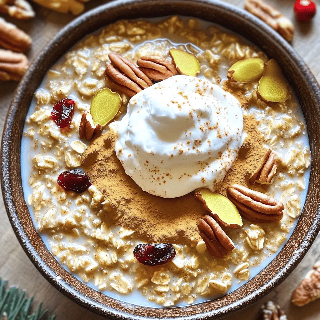 To make a tasty gingerbread oatmeal bowl, gather these basics: - 1 cup rolled oats - 2 cups milk (or non-dairy alternative) - 1 tablespoon ground ginger - 1 tablespoon ground cinnamon - 1 teaspoon nutmeg - 2 tablespoons molasses - 1 tablespoon brown sugar (adjust to taste) - A pinch of salt - 1/4 cup chopped pecans or walnuts - 1/4 cup dried cranberries or raisins - Fresh ginger, thinly sliced, for garnish - Whipped cream or yogurt, for topping (optional) These ingredients create a warm, rich base for your breakfast. The spices bring warmth, while the oats offer a filling start to your day. You can make your gingerbread oatmeal bowl even better with some fun toppings: - Sliced bananas - Chopped apples - A drizzle of honey or maple syrup - A sprinkle of additional cinnamon These toppings add freshness and extra flavor. You can mix and match based on what you like or have at home. If you have special dietary needs, don't worry! Here are some easy swaps: - Use almond milk or oat milk for a dairy-free option. - Substitute maple syrup for molasses if you want a lighter flavor. - For nut allergies, skip the nuts or use seeds like pumpkin or sunflower seeds. These substitutions keep the dish delicious while catering to your needs. Enjoy customizing your gingerbread oatmeal bowl! Start by gathering your ingredients. You need rolled oats, milk, ground ginger, cinnamon, nutmeg, molasses, brown sugar, and salt. In a medium saucepan, combine one cup of rolled oats and two cups of milk. Add one tablespoon of ground ginger, one tablespoon of ground cinnamon, and one teaspoon of nutmeg. Mix in two tablespoons of molasses and one tablespoon of brown sugar. Don’t forget a pinch of salt for flavor. Stir it well. Place the saucepan on medium heat. As it heats up, stir the mixture often. This prevents sticking to the bottom of the pan. Wait until the mixture comes to a gentle boil. Once it boils, reduce the heat to low. Let it simmer for about 5-7 minutes. This time allows the oats to cook and become creamy. When the oatmeal reaches a thick and smooth texture, remove it from the heat. Now it’s time to add some crunch and sweetness. Stir in 1/4 cup of chopped pecans or walnuts. Then, add 1/4 cup of dried cranberries or raisins. These ingredients give the oatmeal texture and flavor. Serve the oatmeal in bowls. Top it with a dollop of whipped cream or yogurt if you like. For an extra zing, garnish with thin slices of fresh ginger. A sprinkle of cinnamon on top adds a nice finish. Enjoy your warm and comforting gingerbread oatmeal bowl! To get the right oatmeal texture, you want it creamy but not too runny. Start with a ratio of 1 cup of rolled oats to 2 cups of milk. This works well for a nice, thick bowl. You can cook it longer if you like it thicker. If it gets too thick, just add a splash of milk to loosen it up. Stir often as it cooks. This helps keep it smooth and prevents sticking. Garnish can turn your bowl from simple to stunning. I love adding fresh ginger slices for a spicy kick. Chopped pecans or walnuts add a nice crunch. You can also sprinkle cinnamon on top for extra flavor. Dried cranberries or raisins not only taste great but look pretty too. If you want a creamier feel, a dollop of whipped cream or yogurt is perfect. Everybody has different taste preferences. If you like it sweeter, add more brown sugar or a touch of honey. Remember, molasses adds a rich flavor too, so adjust it carefully. Start with 2 tablespoons of molasses, then taste. You can always add more if needed. If you prefer less sweetness, cut back on the brown sugar. Always make it your own! {{image_2}} You can easily make this gingerbread oatmeal vegan and dairy-free. Just swap the milk for a non-dairy option. Almond milk, oat milk, or coconut milk all work well. They add a nice flavor without using dairy. You can still enjoy the creamy texture. Use the same amount, one cup, for the oats. While ginger, cinnamon, and nutmeg make a great base, you can mix it up. Try adding allspice or cardamom for a unique twist. Even a dash of cloves can add warmth. Adjust the amounts to fit your taste. This way, you can create your own special blend. Boost the nutrition of your gingerbread oatmeal by adding protein. Nut butters like almond or peanut butter work great. Just stir in a tablespoon or two. If you prefer, add a scoop of your favorite protein powder. This will keep you full longer. Both options add creaminess and flavor. To store your leftover gingerbread oatmeal, let it cool first. Then, place it in a clean, airtight container. This helps keep moisture in and prevents it from drying out. Refrigerate it for up to three days. You can enjoy it warm or cold. When you're ready to eat, scoop out the desired amount. You can reheat it in the microwave or on the stove. If using the microwave, heat it for 30 seconds at a time. Stir it in between to ensure even warming. If using the stove, add a splash of milk to help restore the creamy texture. Stir until hot. You can freeze gingerbread oatmeal for later. Use a freezer-safe container and portion it out for easy meals. It can last up to three months in the freezer. To enjoy, thaw it overnight in the fridge. Then reheat it using the methods described above for the best taste and texture. Yes, you can make Gingerbread Oatmeal ahead of time. Cook the oatmeal and let it cool. Store it in an airtight container in the fridge for up to three days. When you're ready to eat, just reheat it on the stove or in the microwave. You might need to add a bit of milk to loosen it up. Absolutely! To make this recipe gluten-free, use gluten-free rolled oats. They are just as tasty and will keep the same great flavor. Be sure to check the labels on your other ingredients too, like the milk and any toppings. If you don't have molasses, you can use honey or maple syrup. Both add sweetness and flavor. However, keep in mind that they will change the taste slightly. Also, use less, as these alternatives can be sweeter than molasses. To boost nutrition, you can add seeds like chia or flaxseed. These add fiber and healthy fats. You might also mix in some fresh fruit or a scoop of nut butter for extra protein. Using a non-dairy milk with added vitamins can also enhance the nutrient profile. This blog shared everything you need for a gingerbread oatmeal bowl. We covered key ingredients and tasty toppings. You learned step-by-step instructions to make it just right. Tips helped you perfect the texture and sweetness. We also explored fun variations for different diets. Plus, I shared how to store and reheat your oatmeal. With all this, you can enjoy a warm, tasty bowl any time. The best part? You can make it your own. Enjoy creating your gingerbread oatmeal bowl!