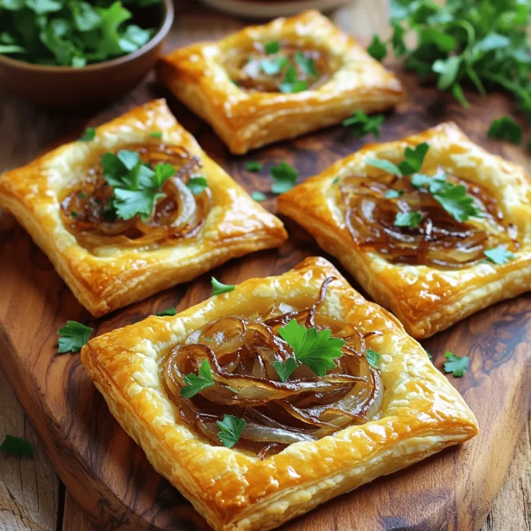 - 1 sheet of puff pastry, thawed - 2 large onions, thinly sliced - 2 tablespoons olive oil - 1 tablespoon balsamic vinegar - 1/2 teaspoon dried thyme - Salt and pepper to taste - 1 cup Gruyere cheese, grated - 1 egg, beaten (for egg wash) - Fresh parsley, chopped (for garnish) You can swap Gruyere cheese for other cheeses. Try Swiss or cheddar for great flavor. If you want a kick, use pepper jack. For a dairy-free option, choose vegan cheese. You can also replace puff pastry with phyllo dough. Just layer it for a tasty crunch. Not a fan of onions? Use leeks or shallots instead. They bring a mild sweetness. When picking onions, look for firm ones with smooth skin. Avoid soft spots. For olive oil, choose extra virgin for the best taste. This oil adds a rich flavor to the tarts. Always go for fresh herbs. They will make your dish pop with flavor. For Gruyere, pick a block and grate it yourself. Pre-grated cheese can lack flavor and texture. Finally, use high-quality balsamic vinegar. It adds depth to your caramelized onions. First, preheat your oven to 400°F (200°C). This step is key. It gets your oven ready for baking. You want that perfect golden brown crust. While the oven heats, gather your ingredients. You will need puff pastry, onions, Gruyere cheese, and a few seasonings. Make sure everything is within reach. In a large skillet, add two tablespoons of olive oil over medium heat. Once the oil is hot, add the two thinly sliced onions. Stir them often. Cook for about 15 to 20 minutes. They should become soft and golden brown. If they stick, add a bit more oil. After caramelizing, mix in one tablespoon of balsamic vinegar, half a teaspoon of dried thyme, and salt and pepper to taste. This will enhance the flavor. Cook for another 2-3 minutes, then take it off the heat. Allow the mixture to cool. Next, roll out your puff pastry on a floured surface. Cut it into four equal squares. Place these squares on a parchment-lined baking sheet. Use a sharp knife to score a 1/2-inch border around each square. Be careful not to cut all the way through. Then, poke the center of each square with a fork. This prevents puffing while baking. Divide the cooled onion mixture among the squares. Stay inside the scored borders for best results. Now, sprinkle the grated Gruyere cheese evenly on top of the onions. Brush the edges with a beaten egg for a golden finish. Bake in the preheated oven for 20-25 minutes. Keep an eye on them until they are puffed and golden. Let them cool for a few minutes, then garnish with fresh parsley. Enjoy your tasty snack! To make the best caramelized onion Gruyere tarts, watch your onions. If you cook them too fast, they may burn. Stir them often, but not too much. Let them sit for a bit to get that nice brown color. Use medium heat to cook the onions slowly. This brings out their sweet taste. Also, don’t skip the egg wash. It gives the pastry a beautiful shine and crispness. Getting the onions just right is key. Start with fresh, large onions. Slice them thin for even cooking. Heat the olive oil until it's hot, but not smoking. Add the onions and a pinch of salt. This helps draw out moisture. Stir them every few minutes. After 15-20 minutes, they should be golden brown. Add balsamic vinegar and thyme at the end for extra flavor. Let them cool a bit before adding to the tarts. These tarts are great on their own, but you can make them even better! Serve them on a wooden board for a rustic look. Add a side of mixed greens dressed with olive oil and lemon. For drinks, pair them with a light white wine or sparkling water. You can also offer a dipping sauce like a tangy aioli or a herbed yogurt. These additions make the meal feel special and complete. {{image_2}} You can switch Gruyere for other cheeses. Try goat cheese for a tangy kick. Feta adds a salty flavor. Cheddar works well if you love sharp cheese. Mozzarella gives a mild, creamy taste. Mix and match to find your favorite. Experiment with extra ingredients for more flavor. Add cooked bacon or prosciutto for a savory bite. Sautéed mushrooms bring earthiness. Spinach or arugula adds freshness and color. You can even throw in some sun-dried tomatoes for a sweet twist. Customize to your taste. Think outside the box when serving these tarts. Cut them into smaller pieces for appetizers. Serve them as a main dish with a side salad. Pair with a glass of white wine for a fancy touch. Place them on a rustic board for a charming display. These tarts shine in any setting! To store your leftover tarts, let them cool completely. Place them in an airtight container. You can keep them in the fridge for up to 3 days. If you want to keep them longer, freezing is a good option. To reheat the tarts, preheat your oven to 350°F (175°C). Place the tarts on a baking sheet. Heat them for about 10-15 minutes. This method keeps the pastry crispy. You can also use a microwave, but the crust may get soggy. To freeze the tarts, wrap each one in plastic wrap. Then, place them in a freezer-safe bag. They can stay frozen for up to 3 months. When ready to eat, thaw them in the fridge overnight and reheat as mentioned above. This way, you’ll have a tasty snack ready to go! Yes, you can prepare these tarts ahead of time. You can make the caramelized onions and store them in the fridge. Just cover them tightly. You can also cut the puff pastry squares and keep them in the fridge. When ready to bake, assemble the tarts and bake them fresh. This method keeps them crisp. If you need a substitute for Gruyere cheese, try Swiss cheese. It has a similar flavor and melts well. You can also use cheddar or fontina cheese. Both will add a nice taste. Just make sure to grate the cheese for even melting. Onions are properly caramelized when they turn a deep golden brown color. They should be soft and sweet. This process usually takes about 15-20 minutes on medium heat. Stir them often to avoid burning. If they smell sweet and look brown, they are ready! This post covered all the steps to make delicious tarts. We talked about key ingredients and how to choose them. I shared easy tips for caramelizing onions and assembling the tarts. You learned about common mistakes to avoid and serving ideas. I also included ways to store your leftovers and answered some FAQs. With these tips, you can create a tasty dish that impresses everyone. Enjoy making your tarts!