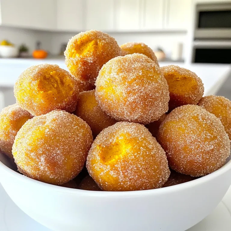 These are the key items you need for the donut holes: - 1 cup all-purpose flour - 1/2 cup canned pumpkin puree - 1/4 cup granulated sugar - 1 teaspoon baking powder - 1/2 teaspoon baking soda - 1/2 teaspoon ground cinnamon - 1/4 teaspoon ground nutmeg - 1/4 teaspoon salt - 1/4 cup milk - 1 large egg - 2 tablespoons melted unsalted butter - 1/2 cup granulated sugar (for coating) - 2 teaspoons ground cinnamon (for coating) Each ingredient plays an important role. The flour gives structure, while pumpkin adds moisture and flavor. Baking powder and baking soda help the donut holes rise. The spices make them warm and cozy. You can swap some ingredients if needed. - Use whole wheat flour for a healthier option. - Applesauce can replace the egg for a vegan version. - Almond milk or oat milk works well instead of regular milk. - You can use maple syrup instead of granulated sugar for a unique flavor. These swaps keep the flavor and texture while meeting your needs. Add unique touches with these fun ingredients: - Mini chocolate chips for a sweet twist. - Chopped nuts for added crunch. - Dried cranberries for a fruity surprise. These optional add-ins can make your donut holes even more exciting. Mix and match to find your favorite combo! First, you need to preheat your oven to 350°F (175°C). This helps the donut holes bake evenly. Next, lightly grease a mini muffin pan or a donut hole baking pan. Greasing prevents the donut holes from sticking. In a large bowl, whisk together the dry ingredients. Use 1 cup of all-purpose flour, 1/4 cup of granulated sugar, 1 teaspoon of baking powder, 1/2 teaspoon of baking soda, 1/2 teaspoon of ground cinnamon, 1/4 teaspoon of ground nutmeg, and 1/4 teaspoon of salt. Mix until everything blends well. This step gives your donut holes a great base. In another bowl, mix the wet ingredients. Add 1/2 cup of canned pumpkin puree, 1/4 cup of milk, 1 large egg, and 2 tablespoons of melted unsalted butter. Stir until the mixture is smooth and creamy. Combining these ingredients creates a tasty pumpkin flavor. Now, pour the wet ingredients into the dry ingredients. Gently fold the mixtures together until just combined. A few lumps are okay. Overmixing can make the donut holes tough. So, be careful and mix lightly. Using a small scoop or spoon, fill each cavity of your prepared pan about 3/4 full with batter. Bake them in the oven for 10-12 minutes. Check if they spring back when touched and use a toothpick to test if they are done. If the toothpick comes out clean, they are ready. While the donut holes bake, mix the cinnamon sugar coating. In a shallow dish, combine 1/2 cup of granulated sugar and 2 teaspoons of ground cinnamon. This mix adds the sweet and spicy touch to your donut holes. Once the donut holes are done, take them out of the oven. Let them cool in the pan for about 5 minutes. Carefully remove them from the pan and roll each one in the cinnamon sugar mixture. Make sure they are still warm for the sugar to stick well. After coating, place them on a wire rack to cool completely. Enjoy these warm, sweet bites! When making cinnamon sugar pumpkin donut holes, avoid overmixing the batter. Overmixing can make your donut holes tough. Another common mistake is filling the pan too full. Fill each cavity about three-quarters full to allow room for rising. Also, don’t skip cooling before coating. If you coat them too hot, the sugar won’t stick well. To get a light and fluffy texture, use room temperature ingredients. Mix the dry and wet ingredients gently. A few lumps are just fine; they help keep the donut holes soft. Baking time is also key. Keep an eye on them and check with a toothpick to ensure they’re done. They should spring back when touched. Serve these donut holes warm for the best taste. Arrange them in a decorative bowl or tiered stand for a fun look. Add a sprinkle of cinnamon sugar on top to make them extra special. These donut holes pair well with coffee or tea for a cozy treat. {{image_2}} You can make glazed pumpkin donut holes for a sweet twist. To do this, mix powdered sugar with milk and vanilla. Dip each warm donut hole into the glaze, then let them dry on a rack. This gives you a shiny and sweet outer layer that pairs well with the pumpkin flavor. If you love chocolate, add mini chocolate chips to your batter. Just fold in about half a cup of chips after mixing your wet and dry ingredients. The chocolate will melt slightly during baking, creating a gooey surprise inside each donut hole. This adds a rich taste that balances the pumpkin’s sweetness. Want to spice things up? Try adding nutmeg or allspice to your mix. A dash of allspice gives a warm, complex flavor. If you want a richer taste, add more nutmeg. Just a quarter teaspoon can make a big difference. These spices enhance the autumn vibe and make your donut holes extra special. To keep your cinnamon sugar pumpkin donut holes fresh, store them in an airtight container. This will help lock in moisture and keep them soft. Place a paper towel at the bottom of the container to absorb extra moisture. You can store them at room temperature for up to three days. If you want them to last longer, refrigeration is an option, but they may lose some of their fluffy texture. Freezing is a great way to extend the life of your donut holes. Let them cool completely, then place them in a single layer on a baking sheet. Freeze for about an hour to firm them up. Once frozen, transfer them to a freezer-safe bag or container. Make sure to remove as much air as possible. They can last up to three months in the freezer. Just remember to label the bag with the date! When you're ready to enjoy your frozen donut holes, preheat your oven to 350°F (175°C). Place the donut holes on a baking sheet and heat for about 5-10 minutes, or until warmed through. You can also use a microwave for quick reheating, but be careful not to overdo it. Heat them for 10-15 seconds at a time, checking to avoid making them tough. For a fresh touch, roll them in cinnamon sugar again after reheating! Yes, you can use fresh pumpkin. First, cook and puree the pumpkin. Use about half a cup of this fresh puree. Make sure it is smooth and not too watery. This will keep your donut holes moist. Fresh pumpkin adds a bright flavor, perfect for these treats. To make these donut holes healthier, consider these swaps: - Use whole wheat flour instead of all-purpose flour. - Replace granulated sugar with a natural sweetener like honey or maple syrup. - Add applesauce in place of some butter to cut fat. - Use low-fat milk or a non-dairy option. These changes will help you enjoy a lighter version without losing taste. Serving these donut holes is fun and easy. You can: - Arrange them on a decorative plate for a festive look. - Serve with a side of cream cheese frosting for dipping. - Garnish with extra cinnamon sugar for a sweet touch. - Pair with coffee or hot cocoa for a cozy treat. These ideas make them perfect for gatherings or a cozy night in. These donut holes stay fresh for about two days at room temperature. Keep them in an airtight container to maintain softness. You can also freeze them for up to three months. Just thaw them at room temperature before enjoying. This makes them a great make-ahead snack! You now know how to make delicious cinnamon sugar pumpkin donut holes. We covered ingredients, step-by-step steps, and tips to help you succeed. You learned about options for variations and how to store leftovers. My final thought? These treats are easy to make and fun to share. Don't hesitate to try different flavors or share with friends. Enjoy your baking journey and tasty results!