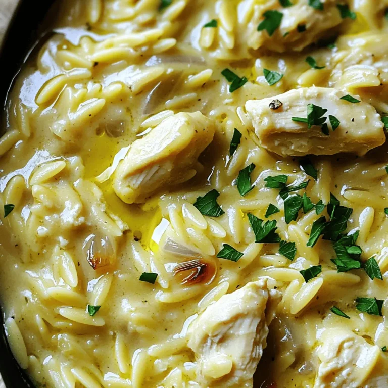 - 1 lb boneless, skinless chicken breasts, diced - 1 cup orzo pasta - 4 cups chicken broth - 1 cup heavy cream - 1 cup grated Parmesan cheese - 4 cloves garlic, minced - 1 medium onion, chopped - 2 tablespoons olive oil - 1 teaspoon Italian seasoning - Salt and pepper to taste - Fresh parsley, chopped (for garnish) Gathering your ingredients is key. Start with fresh chicken breasts, as they give the best flavor. Dicing them helps cook the chicken evenly and quickly. Next, you’ll need orzo pasta. This small pasta cooks fast and absorbs all the delicious flavors. For the broth, I prefer chicken broth for richness. It adds depth to the dish and enhances the flavor. Heavy cream is essential for that creamy texture. Parmesan cheese adds a salty, nutty flavor that makes it irresistible. Garlic and onion are the aromatic base. They bring a wonderful scent and taste, making every bite delightful. Olive oil is necessary for sautéing. It helps cook the chicken and aromatics while adding flavor. Italian seasoning ties everything together with a burst of herbs. Finally, don’t forget salt and pepper. They are crucial to enhance all the flavors. To finish, fresh parsley gives a pop of color and freshness to the dish. Having all these ingredients ready will make cooking this one-pot meal a breeze. First, heat olive oil over medium heat in a large pot. Once the oil is hot, add the diced chicken. Season it with salt, pepper, and Italian seasoning. Cook the chicken for about 5 to 7 minutes. You want it browned and cooked through. After cooking, remove the chicken from the pot and set it aside. Next, in the same pot, add the chopped onion and minced garlic. Sauté these ingredients for 2 to 3 minutes. You want the onions to turn translucent and fragrant. This step builds a great flavor base for your dish. Now, stir in the orzo pasta. Toast the orzo in the pot for about 1 to 2 minutes. This helps it absorb the flavors of the oil and garlic. Then, pour in the chicken broth and stir well. Bring the mixture to a boil, then reduce the heat to a simmer. Cover the pot and let it cook for about 10 to 12 minutes. Stir occasionally until the orzo is al dente. Once the orzo is cooked, it's time to make it creamy. Stir in the heavy cream and grated Parmesan cheese. Mix until the cheese melts and the sauce becomes creamy. Then, return the cooked chicken to the pot. Mix it well with the creamy orzo. Allow everything to heat through for another 2 to 3 minutes. Adjust the seasoning with salt and pepper if needed. - How to achieve the best flavor: Start with fresh ingredients. Use good-quality chicken and fresh garlic. This will make a big difference. Don’t rush the sautéing step. Cook the onions and garlic until they smell great. This brings out their best taste. - Ensuring creamy consistency: For a rich texture, use full-fat heavy cream. It blends well with the cheese. Stir the cream in slowly. This helps it mix better with the orzo and keeps it creamy. Add the Parmesan cheese at the end. This keeps it from clumping and helps it melt perfectly. - Adjusting cooking times for variations: If you use whole wheat orzo, it may take longer to cook. Check the package for the time. For frozen chicken, add a few extra minutes to the cooking time. Make sure it is fully cooked before serving. - Substituting ingredients for dietary needs: You can swap chicken for tofu to make it vegetarian. Use vegetable broth instead of chicken broth for a plant-based option. If you’re lactose intolerant, try a dairy-free cream. There are many great choices now. - Pairing ideas for a complete meal: This dish goes well with a side salad. A fresh green salad adds crunch and color. Garlic bread is another great choice. It’s perfect for soaking up the creamy sauce. - Best garnishes and sides: Top your dish with fresh parsley for a pop of color. You can also sprinkle extra Parmesan on top. This adds a nice touch. Serve it with some steamed veggies on the side for added nutrition. {{image_2}} For a lighter dish, you can use low-fat cream and cheese. This change cuts down on calories but keeps the taste delicious. You can also add vegetables like spinach or broccoli. These veggies boost nutrition and add color. To amp up the flavor, try adding herbs and spices. Fresh basil or thyme can really elevate the taste. You could also mix in different cheeses. A bit of mozzarella or feta can create a unique twist. For a meatless meal, swap the chicken with plant-based proteins like tofu or chickpeas. This option keeps the protein but makes it vegetarian. Use vegetable broth instead of chicken broth. This adds depth without meat, making it a satisfying dish for everyone. To store your leftover One-Pot Garlic Parmesan Chicken Orzo, follow these steps: - Let the dish cool down to room temperature. - Transfer the orzo to an airtight container. - Make sure to seal it tightly to keep out air. Your leftovers will last in the fridge for about 3 to 4 days. Always check for any off smells before eating. If you want to freeze this creamy dish, here’s how: - Allow the orzo to cool completely. - Scoop it into a freezer-safe container, leaving some space for expansion. - Label the container with the date for easy reference. For best taste, use the frozen orzo within 2 to 3 months. To reheat, let it thaw in the fridge overnight. Then, heat it gently on the stove. Add a splash of chicken broth or cream to revive the creaminess. Stir often to heat evenly. Yes, you can use other pasta types. If you want, try small shapes like ditalini or even fusilli. Keep in mind that cooking times can change. Check the pasta for doneness. If you use a different pasta, adjust the broth amount as needed. To ensure chicken is safe to eat, check its internal temperature. Cooked chicken should reach 165°F (75°C). Use a meat thermometer for accuracy. This step keeps your meal safe and tasty. Absolutely! To make this dish gluten-free, substitute orzo with gluten-free pasta. Also, choose gluten-free chicken broth. These swaps keep the dish delicious while meeting your needs. Enjoy the same creamy texture without the gluten! This blog post covers a tasty recipe for creamy chicken orzo. You learned about the main ingredients, cooking steps, and ways to make it even better. The tips will help you perfect the dish while enjoying variations for health or flavor. Remember, storage info ensures your leftovers stay fresh. With easy adjustments, this meal can fit your needs and preferences. Enjoy creating this delicious dish, and happy cooking!
