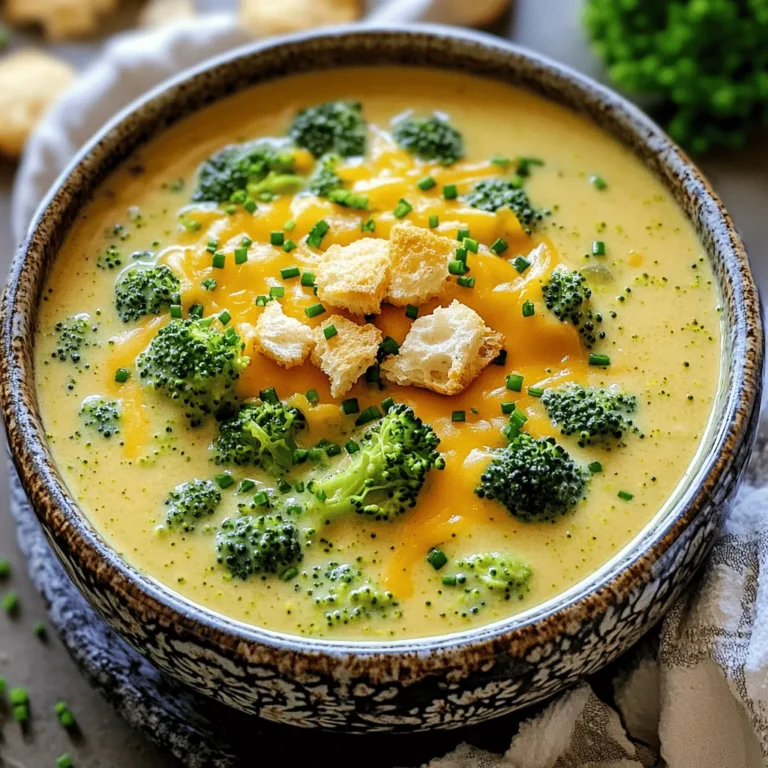 To make this cozy soup, here is what you will need: - 3 cups fresh broccoli florets - 1 cup carrot, diced - 1 cup celery, diced - 1 medium onion, chopped - 3 cloves garlic, minced - 4 cups vegetable broth - 1 cup heavy cream or coconut cream - 2 cups sharp cheddar cheese, shredded - 1 teaspoon Dijon mustard - 1/2 teaspoon nutmeg - Salt and pepper to taste - 2 tablespoons olive oil - Optional: croutons and fresh chives for garnish When picking broccoli, look for bright green florets. They should feel firm and not wilted. The stems should not be tough or dry. For cheddar cheese, choose sharp cheddar for a bold flavor. Make sure the cheese feels moist and smells fresh. Pre-shredded cheese can include anti-caking agents. Freshly shredded cheese melts better and tastes greater. If you want a dairy-free option, use coconut cream instead of heavy cream. For a lighter soup, swap heavy cream with non-dairy milk. You can also use nutritional yeast for a cheesy taste without dairy. If you need a gluten-free option, ensure your vegetable broth is gluten-free. To add protein, consider adding cooked chicken, bacon, or tofu. Start by heating olive oil in a large pot over medium heat. Add chopped onion, diced carrots, and diced celery. Sauté for about five minutes. You want the veggies to soften. Then, add minced garlic and cook for one to two minutes. The smell will be amazing! Next, stir in the fresh broccoli florets and sauté for three more minutes. Now, pour in four cups of vegetable broth. Bring the mixture to a boil, then reduce the heat. Let it simmer for about fifteen minutes. The broccoli should be tender at this point. For the next step, use an immersion blender to blend the soup until smooth. If you don’t have one, you can use a countertop blender in batches. This will create a creamy texture. After blending, stir in one cup of heavy cream or coconut cream. Add one teaspoon of Dijon mustard, half a teaspoon of nutmeg, salt, and pepper to taste. Heat the soup gently until warm. Finally, remove the pot from heat. Mix in two cups of shredded sharp cheddar cheese. Stir until the cheese melts and blends well. Taste the soup and adjust the seasoning if needed. Sautéing is vital in this recipe. It brings out flavors from the onion, garlic, carrots, and celery. Always start with medium heat to avoid burning. Blending gives the soup its creamy texture. If you want it smoother, blend longer. Using heavy cream or coconut cream adds richness. The Dijon mustard gives a nice depth to the flavor. Nutmeg adds warmth and a hint of sweetness. These flavors work well together, making the soup delicious. To get a creamy soup, blend until smooth. If you want a thicker soup, use less broth. For a lighter soup, add more broth or cream. If you notice the soup is too thick, just add a splash of broth or water. Remember, the cheese also thickens the soup. Stir it in at the end for the best results. Keep the heat low when adding cheese to prevent it from clumping. Enjoy the creamy goodness! To make the best one-pot broccoli cheddar soup, follow these tips: - Use fresh broccoli florets for the best flavor and texture. - Sauté the onion, carrots, and celery until soft. This adds depth to your soup. - Don't rush the blending step. A smooth soup makes a huge difference. - Stir in the cheese slowly for a nice melt. It creates a creamy finish. Here are some common errors to watch out for: - Overcooking the broccoli can make it mushy. Cook until tender but still bright green. - Forgetting to season can lead to bland soup. Taste and adjust salt and pepper. - Blending too soon can trap steam, causing splatter. Allow the soup to cool slightly. Garnishes enhance both the look and taste of your soup: - Croutons add a nice crunch. Use store-bought or make your own. - Fresh chives bring a pop of color and flavor. Chop them finely for best results. - A sprinkle of extra cheese on top makes it look extra inviting. - A drizzle of olive oil adds richness and gloss. {{image_2}} You can make this soup even more special with fun twists. Try adding spices like cayenne pepper for a kick. A splash of lemon juice can brighten the flavors. You can also mix in other veggies, like spinach or bell peppers, for extra color and taste. Want a creamier texture? Stir in some cream cheese before blending. Adding protein makes this soup even heartier. Cook diced chicken in the pot before adding the veggies. For a smoky flavor, try crispy bacon. Just cook the bacon first, then use the drippings to sauté the vegetables. If you're plant-based, add cubed tofu. Make sure to sauté it until golden for extra flavor. You can easily make this soup vegan. Swap heavy cream for coconut cream or cashew cream. Use nutritional yeast instead of cheddar cheese for a cheesy taste. Always check the vegetable broth to ensure it is vegan-friendly. This way, you get a rich and creamy soup without any animal products. To store your leftover soup, first let it cool. Pour it into an airtight container. Make sure the lid fits tightly. This keeps the soup fresh and tasty. Store it in the fridge. It will last for about three to four days. If you want to keep it longer, freezing is a great option. When you reheat the soup, do it slowly. Use a pot on low heat. Stir often to prevent it from sticking. If the soup looks too thick, add a splash of water or cream. This will help bring back its creamy texture. Avoid using a microwave if you can. Microwaving can change the soup's smoothness. If you freeze the soup, use a freezer-safe container. Leave some space at the top. This is important because the soup will expand when frozen. It can last up to three months in the freezer. To thaw it, place it in the fridge overnight. Then, reheat it as described above. Enjoy your soup anytime! The best cheese for broccoli cheddar soup is sharp cheddar. It gives a strong flavor and melts well. You can also mix in some mild cheddar for creaminess. Other good options include Gruyère or Monterey Jack. These cheeses add unique tastes and work well together. Always choose fresh cheese for the best results. To make your broccoli cheddar soup thicker, try these methods: - Use less broth: Add only enough broth to just cover the veggies. - Add a thickener: Mix a tablespoon of cornstarch with water and stir it in. - Blend more: Blend the soup longer to break down the broccoli more finely. These tips will help you reach your desired thickness. Yes, you can use frozen broccoli in this recipe. Frozen broccoli is already blanched, so it cooks faster. Just add it to the pot and reduce cooking time by a few minutes. This makes it a quick option when fresh broccoli is not available. The flavor will still be great. One-Pot Broccoli Cheddar Soup is easy and fun to make. You learned about selecting fresh ingredients and useful tips for cooking. We explored tasty variations and simple storage methods. Pay attention to avoid common mistakes, and you’ll create a delicious dish. Enjoy experimenting with your own twists, like adding protein or making it vegan. With these tips and instructions, you can make a perfect bowl of soup every time. Trust the process, and enjoy every spoonful!