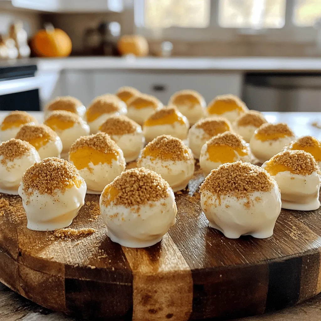 - 1 cup cream cheese - 1 cup canned pumpkin puree - 1/2 cup powdered sugar - 1 teaspoon vanilla extract - 1 teaspoon pumpkin pie spice The main ingredients create a rich and creamy base. Cream cheese gives truffles a smooth texture. Canned pumpkin puree adds moisture and flavor. Powdered sugar sweetens the mix. Vanilla extract brings warmth, while pumpkin pie spice gives that autumn touch. - 8 ounces white chocolate, chopped - 1 tablespoon coconut oil (optional) - Extra graham cracker crumbs for rolling The coating ingredients add a sweet finish. White chocolate coats each truffle, making them look fancy. Coconut oil helps the chocolate melt smoothly. Extra graham cracker crumbs give a crunchy layer on the outside. - Mixing bowl - Electric mixer or whisk - Melon baller or scoop - Parchment paper Using the right tools makes cooking easy. A mixing bowl helps combine all the ingredients. An electric mixer or whisk saves time mixing. A melon baller or scoop shapes truffles perfectly. Parchment paper keeps truffles from sticking to the pan. - First, take 1 cup of softened cream cheese and 1 cup of canned pumpkin puree. - Use a mixer to blend them until smooth. This will be your base. - Next, add in 1/2 cup of powdered sugar, 1 teaspoon of vanilla extract, and 1 teaspoon of pumpkin pie spice. - Mix everything until it is fully combined. The filling should taste sweet and spicy. - Now, gently fold in 1 1/2 cups of graham cracker crumbs. This helps thicken the mixture. - Place the mixture in the fridge for about 30 minutes. Chilling makes it firm and easier to shape. - After chilling, use a melon baller or your hands to scoop out some of the mixture. - Roll each scoop into small balls, about 1 inch wide. This is your truffle shape. - Put the rolled truffles on a baking sheet lined with parchment paper. - Now, let’s melt the white chocolate. Take 8 ounces of chopped white chocolate and place it in a microwave-safe bowl. - If you want, add 1 tablespoon of coconut oil to help it melt smooth. - Heat the chocolate in the microwave. Do this in 30-second bursts, stirring in between. - Once melted, dip each chilled truffle into the white chocolate. Use a fork to lift it out. - Roll the dipped truffles in extra graham cracker crumbs for a nice finish. - Finally, place the coated truffles back on the baking sheet and let them set in the fridge for 30 minutes. This helps the chocolate harden. Chilling the mixture is key. After mixing all the ingredients, place the bowl in the fridge for about 30 minutes. This step makes the truffles easier to shape. The cold mixture will hold together better when you roll it into balls. To roll truffles without sticking, keep your hands slightly damp. This simple trick helps the mixture glide easily. You can also dust your hands with graham cracker crumbs for extra ease. For the best melting results, use a microwave-safe bowl. Chop the white chocolate into small pieces for even melting. Heat in 30-second intervals. Stir after each interval to ensure smooth chocolate. To avoid seizing, you can add a tablespoon of coconut oil. This helps keep the chocolate smooth. If the chocolate clumps, it’s too hot. Lower the power setting on your microwave and continue gently melting. Arrange the truffles in a decorative box or on a festive platter. This makes them look extra special. You can also sprinkle a bit of cinnamon on top for flavor and flair. For a fun touch, add mini pumpkin decorations. These little details make your truffles stand out at any gathering. {{image_2}} You can easily change the flavor of your pumpkin cheesecake truffles. Adding spices like cinnamon or nutmeg gives them a warm kick. These spices blend well with the pumpkin and cream cheese. You can also try different flavored chocolates for coating. Dark chocolate or milk chocolate can add a new taste, making it fun to experiment. Each chocolate choice changes the taste and look of the truffles. If you're looking for gluten-free options, use gluten-free graham crackers. They taste great and keep the truffles true to flavor. For those who want vegan truffles, swap out cream cheese for a vegan cream cheese. You can also replace powdered sugar with coconut sugar. These swaps keep the truffles delicious while fitting different diets. These truffles pair wonderfully with coffee or tea. The rich flavors make them a perfect match for your favorite warm drink. You can also create a fun dessert platter. Combine the truffles with fruit, nuts, or other treats. This makes a great display for gatherings or special occasions. Your guests will love the variety and flavor! To keep your pumpkin cheesecake truffles fresh, store them in the refrigerator. Place the truffles in an airtight container. This helps maintain their moisture and flavor. Make sure to separate layers with parchment paper if you stack them. You can freeze the truffles for later use. To do this, place them in a single layer on a baking sheet. Freeze until solid, then transfer them to a freezer-safe bag. This way, they won’t stick together. When you want to enjoy them, simply take out what you need. You don’t need to reheat them. Enjoy them cold for a refreshing treat. These truffles stay fresh for about one week in the fridge. In the freezer, they can last up to three months. Look for signs of spoilage, like a sour smell or a change in texture. If they feel mushy or have an off taste, it’s best to toss them. Yes, you can make these truffles ahead of time. They store well in the fridge. I recommend keeping them in an airtight container. They stay fresh for about one week. For longer storage, consider freezing them. If you don’t have graham cracker crumbs, you have options. Here are a few alternatives: - Crushed digestive biscuits - Crushed vanilla wafers - Almond flour for a gluten-free option These substitutes will give a nice texture and flavor to your truffles. You can tell white chocolate is melted when it’s smooth and glossy. If you stir it and see no lumps, it’s ready. Be careful not to overheat it. Stop heating when it’s mostly melted, then stir until fully melted. This method helps avoid burning the chocolate. These pumpkin truffles are simple and fun to make. You mix cream cheese with pumpkin puree and spices, then roll them into balls. Dip these in white chocolate and graham cracker crumbs for a tasty treat. Remember, you can customize them and store leftovers for later. These truffles pair well with coffee or tea. I hope you enjoy making and sharing this festive dessert!