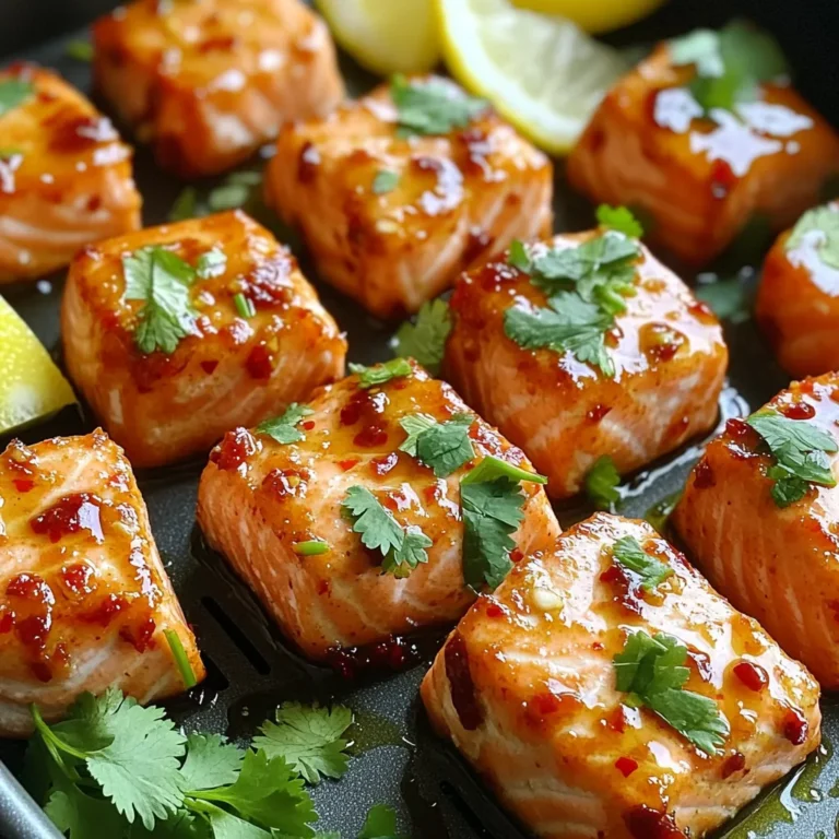 - 1 lb salmon fillet, skin removed and cut into bite-sized cubes - 2 tablespoons olive oil - 3 cloves garlic, minced - 1 tablespoon chili paste (adjust based on spice preference) - 1 tablespoon soy sauce - 1 teaspoon honey - 1 teaspoon ginger, grated - Salt and pepper to taste - 1 tablespoon fresh cilantro, chopped (for garnish) - Lemon wedges (for serving) To make Air Fryer Chili Garlic Salmon Bites, I start with fresh salmon. Choose a good fillet. Skinless salmon works best. Cut the fish into small cubes. This makes them perfect for quick cooking. Next, I mix the marinade. I use a bowl for this. Add olive oil, minced garlic, and chili paste. Adjust the chili paste to control the heat. I like it spicy, but you can go mild. Then, add soy sauce, honey, and grated ginger. I finish with salt and pepper. This mix gives a great taste. After mixing the marinade, I toss in the salmon cubes. I coat them well. Let the salmon sit for about 15-20 minutes. This step lets the flavors soak in. For garnishing, I like fresh cilantro. It adds a pop of color and taste. Lemon wedges are a must. They bring brightness to the dish when served. Prepare all these ingredients before cooking. It makes the process smooth and fun! In a mixing bowl, combine these ingredients: - 2 tablespoons olive oil - 3 cloves garlic, minced - 1 tablespoon chili paste - 1 tablespoon soy sauce - 1 teaspoon honey - 1 teaspoon ginger, grated - Salt and pepper to taste Mix them well to form a smooth marinade. This blend gives the salmon a rich, spicy taste. Next, take your salmon cubes and toss them in the marinade. Make sure each piece is well-coated. Let the salmon sit for about 15-20 minutes. This helps the flavors sink in. While the salmon marinates, preheat your air fryer to 400°F (200°C). Lightly spray the air fryer basket with non-stick spray. This keeps the salmon from sticking. Place the salmon bites in a single layer. Make sure they do not touch each other. Cook the salmon bites for 8-10 minutes. Halfway through, shake the basket. This ensures even cooking and crispiness. The salmon should be cooked through and slightly crispy on the outside. Once done, remove the salmon bites and transfer them to a plate. Enjoy your delicious chili garlic salmon bites! To get the best flavor, marinate your salmon well. Use a mix of olive oil, garlic, chili paste, soy sauce, honey, and ginger. This blend adds depth. Let the salmon soak for 15-20 minutes. This time allows the fish to absorb all the tasty flavors. Make sure you toss the salmon cubes gently. This way, each piece gets coated. Cooking times can vary by air fryer and salmon size. For smaller pieces, check them at 8 minutes. For larger cubes, aim for 10 minutes. Always shake the basket halfway through. This helps cook the salmon evenly. If your air fryer runs hot, reduce the temperature to avoid overcooking. If you want a milder flavor, adjust the chili paste. You can cut it in half. This change keeps the garlic and ginger flavors strong. Another option is to leave out the chili paste entirely. Instead, add lemon zest for a fresh taste. You could also try a sweet mango salsa on the side for extra flavor without heat. {{image_2}} To make your chili garlic salmon bites even more exciting, you can add vegetables and herbs. Try mixing in bell peppers, zucchini, or snap peas. These veggies add crunch and color. Fresh herbs like parsley or basil also enhance the taste. You can toss them in the marinade with the salmon. They will cook quickly and soak up the flavors. Switching up your marinade can change the whole dish. Consider using honey garlic sauce for a sweet twist. A teriyaki glaze can add a savory touch. You could even try a spicy sriracha sauce if you love heat. Each option brings a unique flavor to the salmon bites. Just remember to adjust the spice level based on your taste. You can serve salmon bites in many ways. As appetizers, they are perfect for parties. Just serve them on a platter with toothpicks. For a main course, pair them with rice or salad. This makes a complete meal. You can also create a fun taco bar. Use small tortillas, add toppings, and let everyone build their own. This way, you make the meal interactive and fun! To store leftover salmon bites, let them cool first. Place the bites in an airtight container. Keep the container in the refrigerator. These salmon bites taste best within two days. The flavors will stay fresh, but the texture may change over time. If you want to freeze salmon bites, cool them completely. Arrange the bites in a single layer on a baking sheet. Freeze them for about one hour. Then, transfer them to a freezer-safe bag. Remove as much air as possible before sealing. They can last up to three months in the freezer. To reheat frozen salmon bites, first, thaw them overnight in the fridge. For the best taste, use an air fryer. Preheat the air fryer to 350°F (175°C). Place the salmon bites in a single layer and cook for about 5-6 minutes. This method keeps them crispy and tasty. You can also use a toaster oven or regular oven at 350°F for about 10 minutes. Enjoy your delicious salmon bites! For salmon bites, cook them for 8-10 minutes at 400°F (200°C). This time works well for bite-sized pieces. If you use thicker cuts, you may need a few extra minutes. Always check for doneness; the inside should be opaque and flake easily with a fork. Yes, you can use frozen salmon. Just be aware that it will need more time to cook. You should also thaw the salmon first for the best flavor. This allows the marinade to soak in better. Frozen salmon can lose some moisture, so a longer marinating time helps too. Many sides work great with these salmon bites. Here are a few ideas: - Steamed asparagus for a fresh crunch. - Garlic rice to complement the flavors. - A simple salad with mixed greens and a light dressing. - Quinoa for a healthy, filling option. These sides balance the spice and enhance your meal experience. You now know how to make delicious air fryer salmon bites with rich flavors. We covered key ingredients, cooking steps, and tips for the best results. Remember to adjust spice levels or try new sauces for variety. Store leftovers properly for later enjoyment. With these easy instructions, you can impress family and friends with tasty salmon dishes. Enjoy your cooking and have fun experimenting!