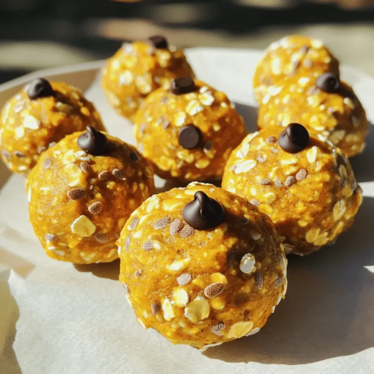 To make these tasty bites, gather the following ingredients: - 1 cup rolled oats - 1/2 cup almond butter - 1/4 cup honey or maple syrup - 1/4 cup pumpkin puree - 1 tablespoon pumpkin spice blend (cinnamon, nutmeg, ginger, clove) - 1 teaspoon vanilla extract - 1/4 cup ground flaxseed - 1/4 cup mini dark chocolate chips (optional) - Pinch of salt If you have nut allergies, swap almond butter with sunflower seed butter. You can also use peanut butter if you prefer. For a vegan option, choose maple syrup instead of honey. If you don’t have pumpkin spice, you can mix your own using equal parts cinnamon, nutmeg, ginger, and clove. These ingredients pack a punch of nutrition. Rolled oats provide fiber and energy, while almond butter adds healthy fats and protein. Pumpkin puree is rich in vitamins A and C. Honey or maple syrup gives natural sweetness. Ground flaxseed adds omega-3 fatty acids and fiber. Mini dark chocolate chips offer a delightful treat without too much sugar. All together, these bites are not just tasty but also good for you! To start making your pumpkin spice latte energy bites, gather your ingredients. You will need rolled oats, almond butter, honey or maple syrup, pumpkin puree, pumpkin spice, and a pinch of salt. Don’t forget the ground flaxseed and optional chocolate chips. Grab a large mixing bowl for this step. Add the rolled oats, ground flaxseed, pumpkin spice blend, and salt into the bowl. Mix these dry ingredients well. This step helps ensure the flavors blend nicely. Next, you’ll want a separate bowl for the wet ingredients. In this bowl, combine the almond butter, honey or maple syrup, pumpkin puree, and vanilla extract. Use a whisk or spoon to mix until smooth. It should look creamy and well-blended. Once the wet ingredients are mixed, pour them into the dry ingredients bowl. Stir until everything is evenly mixed. If you love a sweet bite, fold in the mini dark chocolate chips now. Now it's time to shape your energy bites. With clean hands, grab some of the mixture and roll it into a ball about one inch wide. If it feels too sticky, wet your hands slightly to make it easier. Place the shaped bites on a parchment-lined baking sheet or plate. After shaping all the mixture, put the bites in the fridge for at least 30 minutes. This chilling helps them firm up nicely. After they chill, move them to an airtight container for storage. Enjoy your energy bites for up to a week in the fridge or freeze them for longer. To make the best Pumpkin Spice Latte Energy Bites, focus on texture. Use rolled oats for a chewy base. Ground flaxseed adds a nice crunch and binds everything together. If the mixture feels too dry, add a touch more pumpkin puree or almond butter. If it’s too wet, sprinkle in more oats or flaxseed. One common mistake is not mixing well. Be sure to combine both dry and wet ingredients fully. If you don’t, some bites may taste bland. Another mistake is skipping the chilling step. Chilling helps the bites firm up. Without this, they may fall apart when you eat them. To boost the flavor, try adding a dash of nutmeg or cardamom. This can enhance the fall vibe of these bites. If you like a sweeter taste, mix in some mini dark chocolate chips. They add a nice touch of richness. You can also experiment with different nut butters. Cashew or peanut butter can change the flavor profile while still tasting great. {{image_2}} You can swap honey or maple syrup for other sweeteners. Try agave nectar or coconut sugar. These options add unique flavors and keep the bites sweet. Remember, the amount may vary based on the sweetener you use. Adjust as needed to keep the right texture. Want to boost nutrition? Add nuts or seeds. Chopped walnuts or almonds add crunch and healthy fats. You could also try chia seeds or pumpkin seeds for extra fiber. If you like a bit of sweetness, stir in some mini dark chocolate chips. They melt in your mouth and complement the spice. Make these bites your own by changing spices. For a holiday twist, add nutmeg or allspice. You could even fold in some dried cranberries for a festive touch. Each season can bring new flavors, so have fun experimenting! To keep your Pumpkin Spice Latte Energy Bites fresh, store them in an airtight container. This prevents moisture and odors from affecting their taste. Place the container in the fridge right after making them. They will stay good for up to a week. I recommend labeling the container with the date you made them. This way, you know when to enjoy them best! If you want to save some bites for later, freezing works great. Just shape the bites as usual and place them on a baking sheet first. Freeze them for about an hour until they are firm. After that, transfer them to a freezer-safe bag or container. They can last up to three months in the freezer. When you want to eat them, just take out the number you need and thaw them in the fridge overnight. To keep your energy bites fresh, avoid touching them with wet hands. This can add moisture, which may spoil them faster. Also, try to keep them away from strong-smelling foods in your fridge. This can help preserve their delicious pumpkin spice flavor. If you notice any changes in texture or smell, it's best to discard them. Enjoy your tasty treats while they are at their best! Yes, you can use other nut butters. Peanut butter works well too. Sunflower seed butter is a great choice for nut allergies. Each nut butter adds its own flavor. Just ensure it is creamy for easy mixing. Yes, these energy bites are gluten-free. The rolled oats are naturally gluten-free. Always check labels to ensure no cross-contamination. This makes them a safe snack for those with gluten sensitivities. These bites last up to a week in the fridge. Store them in an airtight container. If you want them to last longer, freeze them. They can stay good in the freezer for up to three months. In this article, we explored how to make tasty pumpkin spice latte energy bites. We covered the ingredients, including special notes for allergies, and shared helpful prep steps. I shared tips to get the perfect texture and avoid common mistakes. We discussed ways to add flavor and create fun variations. Finally, I provided storage tips to keep your bites fresh. These energy bites are a delicious and healthy treat you can enjoy anytime.