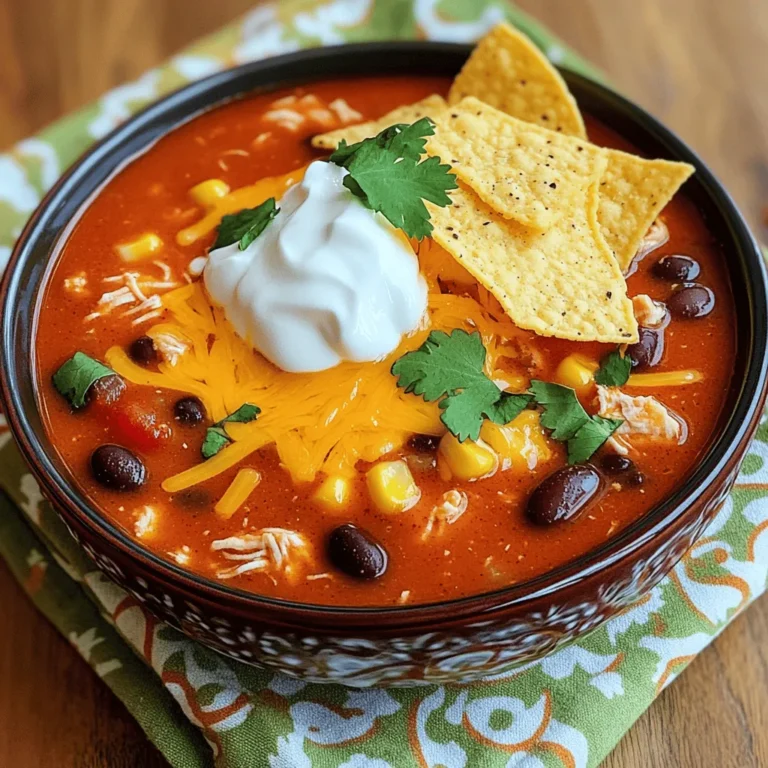 To make Slow Cooker Chicken Enchilada Soup, you need a few key items: - 2 chicken breasts (boneless, skinless) - 1 can (14 oz) diced tomatoes with green chilies - 1 can (15 oz) black beans, rinsed and drained - 1 can (15 oz) corn, drained - 4 cups chicken broth - 1 small onion, diced - 2 cloves garlic, minced These main ingredients form the heart of your soup. The chicken adds protein and richness. The diced tomatoes with green chilies provide a kick of flavor. Black beans and corn add texture and nutrients. Next, we have the seasonings and toppings: - 1 tablespoon chili powder - 1 teaspoon cumin - 1 teaspoon smoked paprika - 1/2 teaspoon salt - 1/4 teaspoon black pepper - 1 cup shredded cheddar cheese (plus more for serving) - 1/2 cup sour cream (for serving) - Tortilla chips (for topping) - Fresh cilantro, chopped (for garnish) The spices give the soup a warm, inviting taste. Chili powder and cumin bring depth. Smoked paprika adds a nice smokiness. For serving, cheese and sour cream make it creamy. Tortilla chips add crunch, while cilantro gives freshness. Each bite is a burst of flavor that warms your soul. To start, I dice one small onion into tiny pieces. I also mince two cloves of garlic. This gives our soup a nice flavor. Next, I rinse and drain one can of black beans and one can of corn. This step is key. It removes extra salt and keeps the soup from being too watery. I place the chicken breasts at the bottom of the slow cooker. Then, I layer the diced tomatoes with their juice on top. Next, I sprinkle in the black beans and corn. After that, I add the diced onion and minced garlic. I pour in four cups of chicken broth. To spice things up, I add one tablespoon of chili powder, one teaspoon of cumin, one teaspoon of smoked paprika, half a teaspoon of salt, and a quarter teaspoon of black pepper. Finally, I stir gently to combine everything while keeping the chicken at the bottom. Now it’s time to cook! I cover the slow cooker and set it on low for six to eight hours, or high for three to four hours. If I choose high, after two hours, I shred the chicken using two forks. This step makes the chicken tender and mixes it well into the soup. About 15 minutes before serving, I stir in one cup of shredded cheddar cheese. I let it melt into the soup for extra creaminess. When I serve the soup, I ladle it into bowls. I top each bowl with a dollop of sour cream, some extra cheese, crushed tortilla chips, and fresh cilantro for that final touch. Choosing the right chicken I love using boneless, skinless chicken breasts for this soup. They cook evenly and shred easily. You can also use chicken thighs for a richer flavor. Just make sure they are skinless to keep it healthy. Seasoning adjustments for preference Taste your soup before serving. You might like it spicier. Feel free to add more chili powder or some diced jalapeños. If you prefer a milder flavor, cut back on the spices. You can always adjust to fit your taste. Tips for even cooking To ensure even cooking, cut the chicken into smaller pieces. This helps it cook faster. Arrange the ingredients in layers, with chicken at the bottom. This keeps the chicken moist and flavorful. How to avoid overcooking Keep an eye on the cooking time. On low, 6-8 hours works best. On high, aim for 3-4 hours. If you notice the chicken starts to dry out, shred it sooner. This way, it blends into the soup and stays juicy. {{image_2}} You can switch up the proteins in this soup. Try turkey, beef, or even tofu. Each option brings a unique taste. For beans, use kidney beans or pinto beans. You can also add veggies like bell peppers or zucchini. This keeps the soup fresh and exciting. Want to add heat? Toss in jalapeños or a splash of hot sauce. These heat sources bring a nice kick. You can also mix in spices like oregano, cayenne, or coriander. Each spice adds a new layer of flavor. Experiment to find your favorite combination! Store any leftover soup in an airtight container. This keeps it fresh and tasty. You can place it in the fridge for up to four days. Make sure to cool it down to room temperature before sealing the container. This helps avoid extra moisture buildup. To freeze the soup, use freezer-safe bags or containers. Divide the soup into portions for easy thawing later. Make sure to leave some space in the container for expansion. You can freeze it for up to three months. When ready to eat, thaw the soup in the fridge overnight. Reheat it on the stove over medium heat. Stir it well to ensure even warming. You can also use the microwave in short bursts, stirring in between. Enjoy your delicious soup even after storing! Yes, you can make this soup in advance. It tastes even better after the flavors meld together. Store the soup in the fridge for up to three days. Just reheat it on the stove or in the microwave. You can serve it with several tasty sides. Here are a few ideas: - Warm tortillas or tortilla chips - A simple green salad - Guacamole or avocado slices - Mexican rice or quinoa These options can add more flavor and texture to your meal. To add heat, try these tips: - Use diced jalapeños in the soup. - Add a splash of hot sauce. - Increase the chili powder amount. - Serve with spicy salsa on top. These changes can help make your soup as spicy as you like! Yes, you can use frozen chicken. Just add the frozen chicken breasts to the slow cooker. Increase the cooking time to about 8-10 hours on low. This ensures the chicken cooks all the way through. Shredding the chicken will still work, so don’t worry! This blog post covered how to make a delicious Slow Cooker Chicken Enchilada Soup. We explored main ingredients, seasonings, and how to layer them in the slow cooker. I shared tips for perfecting the soup and variations you can try. Remember, cooking should be fun and flavorful. Don't hesitate to make this recipe your own. Enjoy your soup with toppings that you love. I hope you find joy in every bowl you serve!