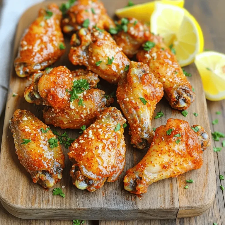 - 2 pounds chicken wings - 1 tablespoon olive oil - 1 teaspoon garlic powder - 1 teaspoon onion powder - 1 teaspoon smoked paprika - 1 teaspoon salt - 1/2 teaspoon black pepper - 1/4 cup grated Parmesan cheese - 2 tablespoons fresh parsley, chopped - 1 tablespoon minced garlic - Zest of 1 lemon - Juice of 1 lemon When making Air Fryer Garlic Parmesan Wings, the ingredients are simple yet powerful. You need chicken wings, of course! Start with around 2 pounds. Ensure they are separated for even cooking. Olive oil helps the spices stick and adds flavor. Garlic powder gives a nice kick. Next, we have the seasoning mix. Onion powder, smoked paprika, salt, and black pepper add depth to the flavor. These spices are not just for taste; they create a lovely aroma too. Then comes the star of the show: the garlic Parmesan sauce. Grated Parmesan cheese, fresh parsley, minced garlic, lemon zest, and lemon juice create a bright and savory finish. This sauce truly elevates the wings. It’s a perfect blend of flavors that makes you want more with every bite. Gather these ingredients before you start cooking. Trust me, having everything ready makes the process smoother and more enjoyable. First, rinse the chicken wings under cold water. This helps remove any residue. Next, pat them dry using paper towels. Dry wings crisp up better in the air fryer. Now, it’s time to season the wings. In a large bowl, mix together the olive oil, garlic powder, onion powder, smoked paprika, salt, and black pepper. Add the wings to the bowl and toss them well. Make sure every wing gets coated with the spice mix. This step adds great flavor to each bite. Before cooking, preheat your air fryer to 400°F (200°C). This helps the wings cook evenly and get that perfect crunch. Once preheated, place the seasoned wings in the air fryer basket. Make sure they sit in a single layer. If needed, cook them in batches to avoid crowding. Cook the wings for 25 to 30 minutes. Halfway through, shake the basket. This ensures the wings cook and crisp up evenly. Keep an eye on them as they cook to get that perfect golden color. While the wings are cooking, let’s make the garlic Parmesan sauce. In a small bowl, mix the minced garlic, lemon zest, lemon juice, and grated Parmesan cheese. Stir until the ingredients blend well. Set this bowl aside for later. Once the wings are golden and crispy, take them out of the air fryer. Immediately toss them in the garlic Parmesan sauce. Make sure every wing gets a nice coating. This sauce adds a rich and tangy flavor that pairs perfectly with the crispy wings. To get the best crispy wings, drying them is key. After rinsing, use paper towels to pat them dry well. Moisture on wings can lead to sogginess. Next, avoid overcrowding the air fryer. Place wings in a single layer for even cooking. If your fryer is small, cook in batches. This way, every wing gets that crispy texture. Want to spice things up? Add some cayenne pepper for heat. You can also try smoked paprika for a deeper flavor. Mix things up with some Italian seasoning or lemon pepper. When serving, dips add fun. Ranch dressing complements the garlic well. You can also use blue cheese or a spicy aioli. They will elevate the taste and make each bite special. For a fresh touch, garnish with chopped parsley. It adds color and flavor. Sprinkle it over the wings just before serving. Serving with lemon wedges is a great idea. The tangy juice brightens the dish. Guests can add juice to taste, enhancing the overall flavor. Arrange wings on a nice platter for a lovely presentation. {{image_2}} You can spice things up with spicy garlic Parmesan wings. Just add your favorite hot sauce to the garlic Parmesan sauce. It gives a nice kick. You can also try fresh herbs like rosemary or thyme. Mixing herbs adds depth and freshness to the dish. If you want a different method, try baking your wings in the oven. Preheat your oven to 425°F (220°C). Spread the wings on a baking sheet and bake for 40-45 minutes. Flipping them halfway helps them crisp up nicely. For a smoky flavor, grilling is a great option. Use medium heat and grill for about 20-25 minutes, turning frequently. Pair your wings with different sides. Fresh veggies, like carrots and celery, add crunch. You can also serve them with fries or a salad for balance. If you have a gathering, create a wing platter. Arrange the wings with sauces on the side. This makes it fun for everyone to grab and enjoy. To keep your wings fresh, refrigerate them. Place the wings in an airtight container. This helps keep them from drying out. You can also use a resealable plastic bag. Make sure to remove as much air as possible. Label the container with the date. This way, you know when to eat them. The best way to reheat wings is in the air fryer. Set it to 350°F (175°C). Heat them for about 5 to 8 minutes. This will make them crispy again. You can also use an oven. Preheat it to 350°F (175°C) and bake for 10 to 15 minutes. For a quick option, use a microwave, but the wings may not be as crispy. You can freeze leftover wings for later. First, let them cool completely. Then, place the wings in a freezer-safe bag. Remove all the air and seal it tightly. Label the bag with the date. To thaw, put the wings in the fridge overnight. You can also reheat them straight from the freezer in the air fryer. Just add a few extra minutes to the cooking time. You will cook wings in an air fryer for about 25-30 minutes. This time gives them a nice crisp. I recommend shaking the basket halfway through. This helps cook the wings evenly. You want them golden brown and crispy all over. Yes, you can use frozen wings in the air fryer. However, you need to adjust the cooking time. I suggest cooking them for about 30-35 minutes. Check them at the 30-minute mark to see if they are cooked through. The extra time helps them get crispy and delicious. Garlic Parmesan wings go well with several tasty dips. Here are some popular choices: - Ranch dressing - Blue cheese dressing - Honey mustard - BBQ sauce These dips add more flavor to the wings. Enjoy trying different ones! In this post, we explored how to make delicious garlic Parmesan chicken wings. We covered the main and seasoning ingredients, step-by-step cooking instructions, and useful tips for getting crispy results. You learned about flavor and cooking variations, plus how to store and reheat your wings. These wings are perfect for gatherings or a fun meal. Enjoy trying new flavors and impressing friends and family!