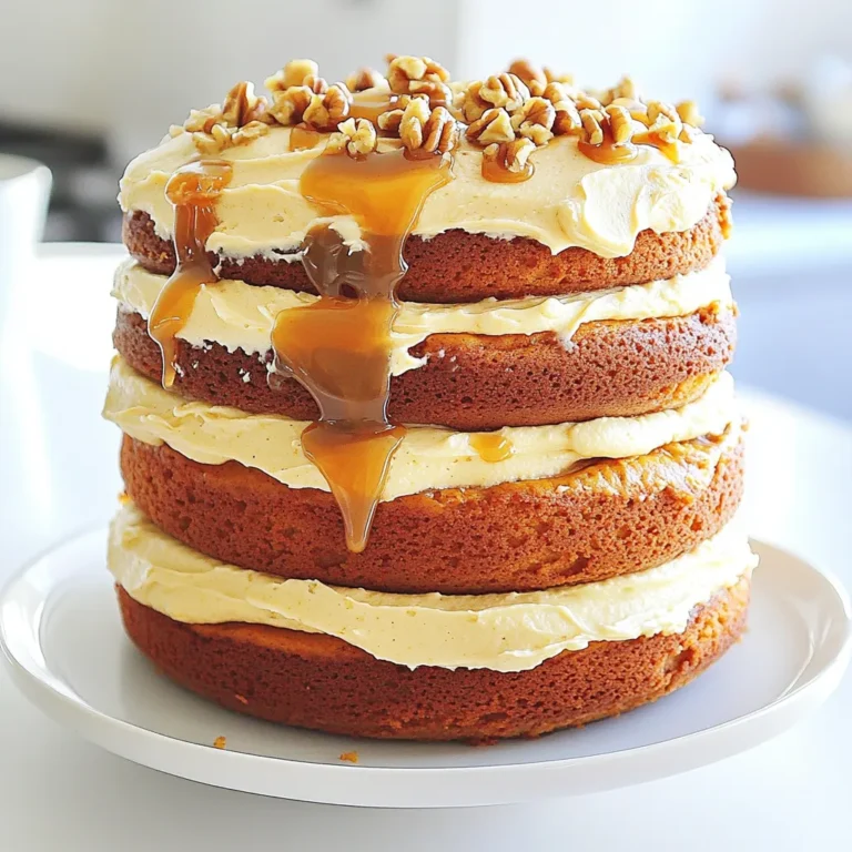 - 2 cups all-purpose flour - 2 teaspoons baking powder - 1 teaspoon baking soda - 1 teaspoon ground cinnamon - 1/2 teaspoon ground nutmeg - 1/4 teaspoon ground ginger - 1/2 teaspoon salt - 1 cup granulated sugar - 1/2 cup brown sugar, packed - 1 cup vegetable oil - 4 large eggs - 1 cup canned pumpkin puree - 1 teaspoon vanilla extract - 1/2 cup unsalted butter - 2 cups powdered sugar - 1/2 cup heavy cream - 1 teaspoon salt - 1 cup caramel sauce - Optional: Walnuts or pecans for garnish The dry ingredients form the backbone of any cake. I use flour, baking powder, and baking soda to create rise and texture. Spices like cinnamon, nutmeg, and ginger add warmth and flavor. Don't forget the salt! It balances the sweetness. Next, we have the wet ingredients. The sugars give the cake sweetness. I love using both granulated and brown sugar. The brown sugar adds a rich, deep flavor. Vegetable oil makes the cake moist. Pumpkin puree is key here; it brings moisture and a light pumpkin taste. Eggs help bind everything together, and vanilla extract adds a nice aroma. For the frosting, unsalted butter creates a creamy base. I mix in powdered sugar for sweetness. Heavy cream makes the frosting light and fluffy. The caramel sauce adds a sweet touch. You can top the cake with walnuts or pecans for a nice crunch. Gather all these items, and you're ready to create a delicious caramel pumpkin layer cake! - Step 1: Preheat oven and prepare cake pans Start by preheating your oven to 350°F (175°C). Grease and flour three 8-inch round cake pans. This helps the cakes come out easily. - Step 2: Whisk together dry ingredients In a medium bowl, mix the flour, baking powder, baking soda, cinnamon, nutmeg, ginger, and salt. Whisk until combined. Set this bowl aside. - Step 3: Mix wet ingredients and add eggs In a large bowl, mix the granulated sugar, brown sugar, and vegetable oil. Stir until it looks smooth. Next, add the eggs one at a time. Mix well after each egg. Finally, stir in the pumpkin puree and vanilla extract. - Step 4: Combine dry and wet mixtures Gradually add the dry mixture to the wet mixture. Stir just until they combine. Be careful not to overmix. This keeps your cake light and fluffy. - Step 5: Divide batter and bake Pour the batter evenly into the prepared pans. Bake for 25-30 minutes. Check if they are done by inserting a toothpick in the center. If it comes out clean, they are ready. - Step 6: Cooling the cakes Let the cakes cool in the pans for 10 minutes. After that, transfer them to a wire rack. Let them cool completely before frosting. - Step 7: Beat the butter In a medium bowl, beat the unsalted butter until it is creamy. This will be the base of your frosting. - Step 8: Add powdered sugar and salt Gradually add the powdered sugar and salt to the butter. Mix until combined. This makes your frosting sweet and rich. - Step 9: Mix in heavy cream Slowly pour in the heavy cream. Mix until the frosting is smooth and fluffy. You can adjust the thickness by adding more cream or sugar if needed. To get the best cake, mix gently. Overmixing makes the cake dense. Stir the wet and dry mixes until just combined. You want small lumps, not a smooth batter. To check if your cake is done, insert a toothpick in the center. If it comes out clean, your cake is ready. If it has wet batter, bake a few more minutes. Cool the cake in the pan for ten minutes, then move it to a wire rack. For the frosting, you want it creamy but not too thick. If it feels too thick, add a little heavy cream. Mix well after each addition. If it’s too runny, add powdered sugar until it thickens. To frost smoothly, spread a thin layer first. This is called a crumb coat. Chill the cake for about 30 minutes. Then, apply a final coat of frosting for a clean finish. Garnish your cake with drizzles of caramel sauce. You can also add chopped walnuts or pecans on top. This makes it look fancy and adds crunch. Serve slices on dessert plates. A dollop of whipped cream on the side can enhance the flavor. Pair it with a warm drink, like coffee or tea, for a perfect treat. {{image_2}} You can make this cake even tastier! Consider adding spices like allspice or cloves. Just a pinch can lift the flavor. You could also try adding vanilla or almond extract for a twist. For nuts, walnuts or pecans work great. You can even toast them for extra crunch and flavor. If you want a gluten-free cake, swap the all-purpose flour for gluten-free flour blend. Make sure it has a binding agent, like xanthan gum, for best results. For a vegan version, use flax eggs instead of real eggs. Mix one tablespoon of flaxseed meal with three tablespoons of water for each egg. You can also use coconut oil instead of vegetable oil. Cream cheese frosting is a delicious option. Just blend cream cheese with butter, sugar, and vanilla. This adds a tangy flavor that pairs well with pumpkin. Another fun choice is chocolate ganache. Heat cream and chocolate together until smooth. This rich topping gives a nice contrast to the cake's sweetness. To keep your caramel pumpkin layer cake fresh, store leftovers in the refrigerator. Use an airtight container to prevent it from drying out. Place a piece of wax paper between the cake and the lid to avoid sticking. This method keeps the cake moist and flavorful for up to a week. For long-term storage, you can freeze the cake and frosting. First, wrap each cake layer tightly in plastic wrap. Then, place them in a freezer bag. For the frosting, store it in a separate airtight container. The cake and frosting can last in the freezer for about three months. When you're ready to enjoy your cake, thaw it in the refrigerator overnight. If you're in a hurry, you can let it sit at room temperature for a few hours. Avoid using the microwave, as it can change the texture of the cake. After baking, your caramel pumpkin layer cake lasts about 5 to 7 days in the fridge. However, it tastes best within the first few days. Keep an eye out for signs of spoilage, like changes in smell or texture. If the cake feels dry or has mold, it’s best to discard it. Yes, you can make this cake ahead of time. I often bake the layers a day in advance. Just make sure they cool completely. Wrap each layer in plastic wrap. This keeps them moist. Store them in the fridge until you are ready to frost. You can also frost the cake a few hours before serving. Just cover it well to keep it fresh. If you don’t have pumpkin puree, you can use butternut squash puree. You can also use sweet potato puree. Use the same amount, one cup. Both options give a nice flavor. If you want, you can even use applesauce. It will change the taste but still be delicious. Use one cup of applesauce as well. Making homemade caramel sauce is easy! Here’s a simple recipe: - Ingredients: - 1 cup granulated sugar - 6 tablespoons unsalted butter - 1/2 cup heavy cream - Pinch of salt 1. In a medium pot, heat the sugar over medium heat. 2. Stir it until it melts and turns amber in color. 3. Add the butter and stir until it’s melted. 4. Slowly pour in the cream and mix well. 5. Add a pinch of salt and let it cool. This sauce is rich and perfect for your cake! Yes, you can use different sizes of pans. Just remember that baking times will change. For 9-inch pans, check for doneness at 30-35 minutes. For mini cakes, bake for about 20 minutes. Always use a toothpick to check if it's done. If it comes out clean, the cake is ready! You learned how to make a delicious pumpkin cake from scratch. We covered all the ingredients, from dry to wet, and even the frosting. I shared helpful tips for baking and decorating. You can adjust flavors and make dietary changes, too. Storing your cake properly will keep it fresh longer. Now, whether for a celebration or a special treat, you have the skills to impress everyone with your baking. Enjoy your sweet creation and make it your own!